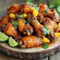 - 2 lbs chicken wings - 1 ripe mango, peeled and diced - 2 fresh habanero peppers, deseeded and finely minced - 2 tablespoons honey - 1 tablespoon soy sauce - 2 tablespoons fresh lime juice - 1 teaspoon smoked paprika - 1 teaspoon garlic powder - 1 teaspoon onion powder - Salt and freshly cracked black pepper to taste - Fresh cilantro, chopped (for garnish) When I make Mango Habanero Chicken Wings, I focus on fresh ingredients. The chicken wings form the base for our dish. I love using 2 lbs of chicken wings. They hold onto flavors well. Next comes the star of the show: a ripe mango. I peel and dice it. The sweet mango balances the heat from the habaneros. I choose 2 fresh habanero peppers. I deseed them and mince them finely. This gives a strong kick to the dish. To make a great marinade, I blend the mango, habaneros, honey, soy sauce, and lime juice. The honey adds sweetness, while lime juice brings brightness. I add smoked paprika, garlic powder, and onion powder for depth. I finish with salt and freshly cracked black pepper. These simple seasonings enhance the wings' flavor. Lastly, I chop fresh cilantro for garnish. It adds a pop of color and fresh taste. - Blend the mango, habaneros, honey, soy sauce, lime juice, smoked paprika, garlic powder, onion powder, salt, and black pepper until smooth. - This creates a vibrant and tasty marinade that brings a tropical flair. - Place the chicken wings in a large bowl or zip-top bag. - Pour half of the marinade over the wings, making sure they are well-coated. - Reserve the rest of the marinade for glazing. - Cover the bowl or seal the bag, and refrigerate for at least one hour. For best flavor, marinate overnight. - Preheat your oven to 400°F (200°C) to get it hot. - Line a baking sheet with parchment paper or foil for easy cleanup. - Arrange the marinated chicken wings in a single layer on the sheet. - Bake for 30-35 minutes, flipping them halfway through to get them crispy. - In the last five minutes of baking, take the wings out and brush them with the reserved sauce. - This step adds a sticky glaze that enhances flavor and texture. - Return the wings to the oven to finish baking. Marinating your chicken wings is key to great flavor. I recommend marinating them for at least 1 hour. For the best taste, try to leave them overnight. This allows all the flavors to soak in deeply. If you want to change up the sweetness, use maple syrup or agave nectar instead of honey. Both options add a unique twist to the marinade. Getting crispy wings involves more than just cooking them. Preheat your oven to 400°F (200°C) for the best results. This high heat helps the wings crisp up nicely. Don't forget to flip the wings halfway through baking. This ensures that both sides become golden and crunchy. When it comes to side dishes, think of cooling options. Serve your wings with ranch or blue cheese dressing. These dips balance the heat well. You can also pair them with fresh veggies like celery and carrots. For a beautiful presentation, use a large platter. Add lime wedges and cilantro to make it pop. This not only looks great but also enhances the flavor. {{image_4}} You can adjust the spice in your Mango Habanero Chicken Wings using different peppers. Habaneros pack a punch, but you can use jalapeños for a milder heat. If you want even less spice, try sweet bell peppers. They add flavor without the heat. To make a milder version, reduce the number of habaneros. You can also mix in some diced mango to balance the heat. This way, you still enjoy the fruity flavor without burning your tongue. You can cook these wings in different ways. Air frying gives them a crispy texture with less oil. Preheat your air fryer to 380°F (193°C). Cook the wings for about 25 minutes, flipping halfway. Grilling is another great option. Preheat your grill to medium-high heat. Cook the wings for about 20 minutes, turning them often. This adds a smoky flavor that pairs well with the mango. If you prefer stovetop cooking, you can sauté the wings. Heat oil in a large skillet over medium heat. Cook the wings for about 15-20 minutes, turning them often until they are golden brown. You can make your wings even better by adding herbs or spices to the marinade. Fresh cilantro or parsley can brighten the flavor. You can also add a pinch of cumin for a warm, earthy taste. Incorporating fruit variations can create unique flavors. Try using pineapple instead of mango for a tropical twist. You can also mix in some orange juice for a citrus kick. Each fruit brings a new layer of taste that keeps things exciting. To store your wings in the fridge, first, let them cool down. Place the wings in an airtight container. This keeps them fresh for later. You can also wrap them tightly in plastic wrap. Make sure the wings are not stacked too high to avoid sogginess. If you want to keep the wings longer, freezing is a great option. Lay the wings on a baking sheet in a single layer. Freeze them for about an hour. This prevents them from sticking together. After they are frozen, place them in freezer bags. Remove as much air as possible before sealing. When it's time to enjoy your leftovers, reheating properly is key. The best way to reheat wings is in the oven. Preheat your oven to 375°F (190°C). Place the wings on a baking sheet and cover them with foil. Bake for about 15-20 minutes. This helps them heat evenly. To keep the wings crispy, remove the foil for the last 5 minutes. You can also use an air fryer. Set it to 350°F (175°C) and heat for 5-7 minutes. This method gives you that crispy finish. Leftover chicken wings can last in the fridge for about 3-4 days. Make sure to check them for any signs of spoilage. If they smell off or look discolored, toss them out. In the freezer, wings can last up to 3 months. After that, they may lose flavor and texture. Always label your bags with the date. This helps you keep track of how long they have been stored. Mango Habanero Chicken Wings pack a punch! Habanero peppers are very hot. They rank high on the Scoville scale. The heat can catch you off guard, especially if you are not used to spicy food. The sweetness of mango helps balance this heat. If you enjoy spicy food, you will love these wings! You should not skip marinating! Marinating adds a lot of flavor to the wings. The longer you marinate, the more the spices soak in. I recommend marinating for at least one hour. If you want full flavor, marinate overnight. This step makes a big difference in taste. These wings taste great with dips and sides. I suggest serving them with ranch or blue cheese dressing. This helps cool down the heat. You can also pair them with crunchy veggies, like carrots or celery. For sides, try coleslaw or corn on the cob. These add freshness to your meal! You can easily make the wings less spicy. First, use fewer habaneros in the marinade. You can also remove the seeds, as they hold most of the heat. Another tip is to add more mango to the mix. This will sweeten the sauce and lessen the heat. Enjoy the flavor without the burn! Mango Habanero Chicken Wings are a delicious mix of heat and sweet. We covered the main ingredients, marinade, and how to bake them perfectly. You now have the tips to achieve crispy wings and many tasty variations. Try adjusting the heat or using different cooking methods to find your favorite. Remember, proper storage and reheating keep the wings tasty for later. Enjoy this flavorful dish and impress your friends!