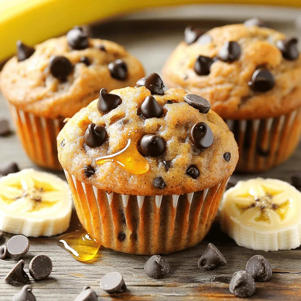 For these Chocolate Chip Banana Protein Muffins, you need a few key ingredients. Each one brings flavor and nutrition. - 2 ripe bananas: These add natural sweetness and moisture. Ripe bananas work best. - 1 cup rolled oats: Oats give structure and fiber. They help keep you full. - 1/4 cup natural peanut butter: This adds creaminess and healthy fat. It boosts protein too. - 1/2 cup vanilla protein powder: This makes the muffins a great snack. It helps build muscle. - 1/3 cup honey or maple syrup: You can use either for sweetness. Honey is a bit thicker. - 1/2 cup almond milk: Any milk works, but almond milk is light. It keeps the batter smooth. - 1 teaspoon baking powder: This helps the muffins rise. It gives them a fluffy texture. - 1/2 teaspoon baking soda: This works with the acid in bananas. It adds lift to the muffins. - 1/4 teaspoon salt: Salt balances the sweetness. It enhances all the flavors. - 1/2 cup dark chocolate chips: They add richness and a sweet bite. Use dairy-free if you prefer. - 1/2 teaspoon vanilla extract: This adds depth to the flavor. It makes the muffins taste better. You can customize these muffins to fit your taste. Here are some great options: - Chopped nuts: Walnuts or pecans add crunch. They also bring healthy fats. - Seeds: Chia or flaxseeds add nutrition. They boost fiber and omega-3s. - Dried fruit: Raisins or cranberries add sweetness. They give a chewy texture. Feel free to mix and match! You can create a unique muffin every time. Sometimes, you may want to swap ingredients. Here are some ideas for substitutions: - Nut butters: Swap peanut butter for almond or cashew butter. This changes the flavor. - Sweeteners: Use agave syrup instead of honey or maple syrup. It’s liquid but works well. - Dairy-free milk: Use soy or oat milk instead of almond milk. They will work just fine. - Protein powder: You can use plant-based powder if you need a vegan option. Just keep the flavor in mind. With these notes, you can make these muffins fit your needs. Enjoy baking! Start by preheating your oven to 350°F (175°C). This ensures even baking. Grab a muffin tin and line it with paper liners. You can also coat it lightly with non-stick spray to prevent sticking. In a big bowl, take your ripe bananas and mash them well. You want a smooth mix. Add in the rolled oats, peanut butter, protein powder, honey or maple syrup, almond milk, baking powder, baking soda, salt, and vanilla extract. Mix everything with a spatula until combined. Make sure no dry powder is left. Now, gently fold in the dark chocolate chips, saving some for the top if you like. Scoop the batter into the muffin tin, filling each cup about three-quarters full. If you want extra crunch, sprinkle chopped nuts or seeds on top. Place the muffin tin in your preheated oven. Bake for 18 to 20 minutes. To check if they are done, insert a toothpick into the center of a muffin. It should come out clean. Let the muffins cool in the tin for about 5 minutes. Then, move them to a wire rack to cool completely. Enjoy your tasty snack! To make your muffins fluffy, avoid overmixing the batter. Mix just until wet and dry ingredients combine. This keeps the muffins light. Use ripe bananas. They add natural sweetness and moisture. If you want a denser muffin, use less almond milk. Experiment with different nut butters for varied textures. A little crunch from seeds or nuts can enhance the bite. Store your muffins in an airtight container at room temperature for up to three days. If you want them to last longer, freeze them. Wrap each muffin in plastic wrap and place them in a freezer bag. To reheat, just pop them in the microwave for about 15-20 seconds. You can also warm them in the oven at 350°F for about 10 minutes. This makes them soft and tasty again. You can boost the nutrition of these muffins easily. Add a tablespoon of chia seeds or flaxseeds for extra fiber and omega-3s. Try using Greek yogurt instead of some almond milk for added protein. If you want a flavor twist, mix in shredded coconut or dried fruit. Each of these changes packs more nutrients into your snack while keeping it delicious! {{image_4}} To make these muffins vegan, swap the honey for maple syrup. Use plant-based protein powder instead of whey. Almond milk works well here, but any plant milk will do. For binding, consider adding flaxseed meal mixed with water. This gives you a great texture and keeps the muffins moist. For a gluten-free version, simply replace the rolled oats with certified gluten-free oats. You can also use gluten-free flour as a substitute. This keeps the muffins light while offering a delicious flavor. Be sure to check that your protein powder is gluten-free too. Feel free to play with different nut butters. Almond butter or cashew butter both work great. You can also mix in chopped nuts or seeds for added crunch. Try adding spices like cinnamon or nutmeg for warmth. If you want extra sweetness, consider throwing in dried fruits like cranberries or raisins. Each variation adds a unique twist to this healthy snack. To keep your chocolate chip banana protein muffins fresh, store them in an airtight container. You can place a paper towel at the bottom to absorb any moisture. This method helps maintain their soft texture. Store them at room temperature for up to three days. For longer storage, the fridge is a good option. Just remember that the muffins may dry out a bit in the fridge. Freezing your muffins is a great way to extend their life. First, let them cool completely. Then, wrap each muffin tightly in plastic wrap. For extra protection, place the wrapped muffins in a freezer-safe bag. You can freeze them for up to three months. When you want to enjoy one, simply thaw it in the fridge overnight or microwave it for a few seconds. These muffins have a good shelf life. If stored well, they last three days at room temperature and up to three months in the freezer. Watch for changes in texture or smell. If you see mold or if they feel dry, it's best to discard them. Enjoy them while they're fresh for the best taste! To make these muffins healthier, you can swap some ingredients. Use whole grain oats instead of rolled oats for more fiber. Replace honey or maple syrup with mashed dates or applesauce to cut sugar. You can also add chia seeds or flaxseeds for extra nutrients. If you want, add more bananas for natural sweetness. These small changes can really boost the nutrition. Yes, you can use any protein powder you like. Whey, pea, or hemp protein all work well. Just choose a flavor that fits your taste. If you want to keep it simple, stick with vanilla. Make sure to adjust the liquid in the recipe if your powder absorbs more moisture. You'll know the muffins are done when a toothpick comes out clean. If it has wet batter, they need more time. The muffins should also look golden brown on top and spring back when gently pressed. Let them cool a bit before tasting; they can be hot right out of the oven. This article covered key ingredients for making muffins, including optional add-ins and swaps. Step-by-step, I detailed preparation, mixing, and baking methods. I shared tips for texture, storage, and nutrition. You learned about exciting variations, including vegan and gluten-free options. Finally, I answered common questions to guide your baking. Muffins can be fun and healthy. With these tips, you can create your perfect batch. Enjoy the process and make it your own!