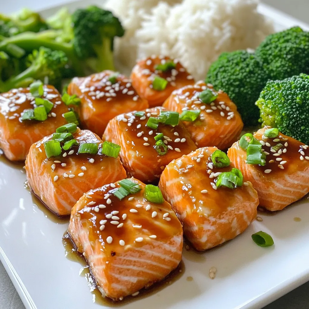 - 1 pound skinless salmon fillet - 1/4 cup teriyaki sauce - 1 tablespoon sesame oil - 1 tablespoon honey - 1 tablespoon rice vinegar - 1 teaspoon grated fresh ginger - 1 clove minced garlic - 1 tablespoon sesame seeds - 2 finely sliced green onions - Salt and pepper to taste Using fresh ingredients is key. I love salmon for its rich taste. The teriyaki sauce gives it a sweet, savory punch. Sesame oil adds a nutty depth that makes the dish pop. The marinade brings everything together. Honey adds sweetness, while rice vinegar gives a nice tang. Fresh ginger and garlic enhance the flavor and aroma. I always recommend using fresh ginger. It really makes a difference. For garnish, sesame seeds bring crunch. Green onions add a fresh, vibrant touch. Don’t forget salt and pepper! They help enhance the natural flavor of the salmon. Feel free to adjust these ingredients to suit your taste. Try low-sodium teriyaki sauce if you prefer less salt. Each component plays an important role in making these salmon bites truly delicious. To start, gather your ingredients. In a medium bowl, combine the teriyaki sauce, sesame oil, honey, rice vinegar, grated ginger, and minced garlic. Mix these well with a whisk. This forms a tasty marinade that will soak into your salmon. You want all the flavors to blend nicely. Next, take your skinless salmon and cut it into bite-sized cubes. Add these cubes to the marinade. Make sure each piece is coated well. Cover the bowl with plastic wrap. Place it in the fridge for at least 30 minutes. If you have time, marinate for up to 2 hours. This helps the salmon soak in all the good flavors. While the salmon marinates, preheat your air fryer to 375°F (190°C). This usually takes about 5 minutes. Once warmed, take the salmon out of the fridge. Lightly season it with salt and pepper. Arrange the salmon cubes in the air fryer basket. Try not to overlap them. This helps them cook evenly. Now, air fry the salmon for 8 to 10 minutes. Flip them halfway through for even cooking. They are ready when they look cooked through and have a nice, slightly crispy texture. Carefully take the salmon out of the air fryer. Sprinkle sesame seeds and sliced green onions on top before serving. Enjoy your tasty and simple meal! To make a great teriyaki marinade, start with the right mix. Whisk together the teriyaki sauce, sesame oil, honey, rice vinegar, ginger, and garlic until smooth. The marinade should be thick but not too sticky. This helps it cling to the salmon. Marinating the salmon is key. Let it sit for at least 30 minutes. This gives the fish time to soak up the flavors. For a deeper taste, marinate it for up to 2 hours. The longer it sits, the more flavor it will have. I recommend setting your air fryer to 375°F (190°C). This heat works well for salmon. If you use thicker cuts, you may need to cook them a little longer. To ensure even cooking, arrange the salmon in a single layer. Do not overlap the pieces. Flip the salmon halfway through cooking. This helps it get crispy on all sides. Pair your teriyaki salmon bites with tasty sides. Steamed broccoli adds color and nutrition. Fluffy jasmine rice is perfect to soak up extra sauce. For a beautiful plate, serve the salmon on a white dish. Drizzle some extra teriyaki sauce on top. Garnish with sesame seeds and sliced green onions. This makes the dish look appealing and adds more flavor. {{image_4}} You can switch up the sauce for your salmon bites. If you want a new flavor, try honey garlic sauce. This sauce is sweet and savory. It adds a great taste to the salmon. Sweet chili sauce is another good choice. It brings a nice kick and pairs well with fish. If you want to go meatless, tofu is a great option. Cut firm tofu into bite-sized pieces, just like the salmon. Marinate it in the same way. It soaks up all the flavors. Chicken is another substitute. Use bite-sized chicken pieces and follow the same cooking steps. Both options make for a tasty meal. Want some heat? Add sriracha to the marinade. Just a little will bring some spice. You can also mix in some chopped jalapeños for an extra kick. Adjust the spice level to fit your taste. This way, everyone can enjoy their salmon bites just how they like them. To keep your leftover salmon bites fresh, store them in an airtight container. Make sure to let them cool down first. Place the container in the fridge. The salmon should stay good for about three days. If you want to keep them longer, consider freezing. To freeze your salmon bites, first let them cool completely. Then, arrange them in a single layer on a baking sheet. This prevents them from sticking together. Once frozen, transfer them to a freezer-safe bag. Remove as much air as possible before sealing. When you’re ready to eat, thaw them overnight in the fridge. Reheat in the air fryer at 350°F (175°C) for about 5 minutes. Cooked salmon bites last in the fridge for about three days. If frozen, they can last up to three months. After that, they may lose flavor and texture. Always check for signs of spoilage before eating. To check if the salmon is done, look for a few signs. First, the salmon should turn from bright pink to a light, opaque color. Second, it should flake easily with a fork. If you want to be exact, you can use a meat thermometer. The safe internal temperature for salmon is 145°F (63°C). This will ensure that your salmon is both safe and tasty. Yes, you can use frozen salmon! Just make sure to thaw it first. The best way to thaw salmon is in the fridge overnight. If you're in a rush, you can also place it in a sealed bag and submerge it in cold water for about an hour. After thawing, pat it dry before marinating. This helps the marinade stick better, giving you more flavor. Any air fryer should work for this recipe, but some brands are better. Look for air fryers with good reviews for even cooking. Popular brands include Philips, Ninja, and Cosori. A model with a basket style is great for salmon bites, as it allows air to circulate well. This helps cook the salmon evenly and gives it a nice texture. To enjoy delicious salmon bites, remember the key steps. Start with a simple marinade of teriyaki sauce, sesame oil, honey, and fresh ingredients. Marinate your salmon for great flavor, then cook it in the air fryer. Explore different sauces and protein options for variety. Follow storage guidelines to keep leftovers fresh. With the right tips, your salmon will be succulent every time. Embrace these techniques to impress your friends and family with every meal. Cooking is fun and offers endless ways to be creative.
