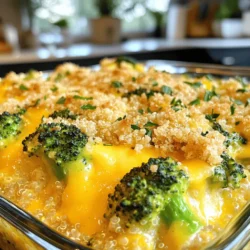- 1 cup quinoa, thoroughly rinsed - 2 cups vegetable broth - 2 cups fresh broccoli florets, chopped into bite-sized pieces - 1 cup shredded sharp cheddar cheese, divided - 1 cup cream cheese, softened at room temperature - 1/2 cup plain Greek yogurt - 1/2 teaspoon garlic powder - 1/2 teaspoon onion powder - 1/4 teaspoon red pepper flakes (optional, for a hint of spice) - Salt and freshly ground black pepper, to taste - 1/4 cup breadcrumbs, for topping - 2 tablespoons olive oil You can add spices to make the dish even better. Some great options include: - Smoked paprika: Adds a rich, smoky flavor. - Cumin: Gives a warm, earthy taste. - Dried thyme: Offers a hint of herbal notes. - Nutritional yeast: Adds a cheesy flavor without dairy. Cheddar cheese is classic, but you can switch it up. Consider these alternatives: - Monterey Jack: For a milder, creamy taste. - Pepper Jack: If you enjoy a bit of heat. - Mozzarella: For a stretchy, gooey texture. - Vegan cheese: If you need a dairy-free option. Experimenting with these ingredients can make your casserole unique and tasty! Start by rinsing 1 cup of quinoa under cold water. This step removes any bitterness. Next, combine the rinsed quinoa with 2 cups of vegetable broth in a medium saucepan. Bring the mixture to a boil over medium-high heat. Once it boils, reduce the heat to low, cover, and let it simmer for about 15 minutes. The quinoa will absorb the broth. After 15 minutes, take it off the heat and fluff it with a fork. In a large mixing bowl, combine 1 cup of softened cream cheese and 1/2 cup of plain Greek yogurt. Blend them together until completely smooth. This creamy base gives your casserole its rich texture. Make sure there are no lumps left in the mixture for the best results. Gently fold the cooked quinoa into the creamy mixture. Stir until the quinoa is well coated. Next, add 2 cups of chopped broccoli florets, half of the shredded cheddar cheese, 1/2 teaspoon of garlic powder, 1/2 teaspoon of onion powder, and optional red pepper flakes. Season generously with salt and black pepper. Mix everything together until well combined. Grease a 9x9 inch casserole dish with olive oil. Pour the quinoa and broccoli mixture into the dish, spreading it evenly. Sprinkle the remaining shredded cheddar cheese on top. Then, add 1/4 cup of breadcrumbs for a crunchy topping. Drizzle a little olive oil over the breadcrumbs. Bake the casserole in your preheated oven at 350°F for 25-30 minutes. The top should look golden brown, and the cheese should be bubbly. Once cooked, take the casserole out of the oven. Let it rest for a few minutes before serving. This step helps the dish set, making it easier to serve. Enjoy the warm, creamy goodness of your broccoli cheddar quinoa casserole! To get a creamy texture, start with softened cream cheese. Make sure it’s at room temperature. This helps it blend smoothly with yogurt. Mixing these two well is key. You want no lumps in your base. Once you add the cooked quinoa, fold gently. This keeps the quinoa fluffy and prevents clumps. Use full-fat Greek yogurt for extra creaminess. The richer the yogurt, the better the texture. Seasoning makes or breaks this casserole. Use fresh salt and black pepper for the best flavor. The garlic and onion powders add depth, so don’t skip them. If you like heat, add red pepper flakes. Start with a small amount, then taste. You can always add more. Mix the seasonings thoroughly to ensure every bite is flavorful. Taste as you go. Adjust the seasoning based on your preference. This casserole is great on its own, but you can jazz it up. Serve it with a side salad for a fresh crunch. You can also add a dollop of sour cream or Greek yogurt on top. Fresh herbs like parsley or chives add color and flavor. For a heartier meal, pair it with grilled chicken or fish. It’s a flexible dish that fits many tastes and styles! {{image_4}} You can boost the protein in this casserole easily. Cooked chicken adds a nice flavor and heartiness. Use rotisserie chicken to save time. Shred it and mix it in with the quinoa and creamy base. Tofu is a great choice for a vegetarian option. Press it to remove excess water, then cube it. Sauté the tofu until golden brown before adding it to the dish. It absorbs flavors well and makes the casserole filling. Feel free to switch up the veggies! Cauliflower is a fantastic option. It adds a similar texture and taste. You can also use spinach or kale for added nutrients. Just chop them fine and mix them in with the broccoli. Carrots provide a sweet crunch. You can steam or roast them before adding too. Experimenting with different vegetables keeps the dish fun and fresh. If you need a gluten-free version, quinoa is already a great choice! For a dairy-free option, swap the cream cheese and yogurt with cashew cream or a dairy-free yogurt. Nutritional yeast can add a cheesy flavor without dairy. Use a gluten-free breadcrumb for the topping to keep it crunchy. These swaps make the casserole suitable for various dietary needs while keeping it delicious. After enjoying your creamy broccoli cheddar quinoa casserole, let it cool to room temperature. Transfer any leftovers to an airtight container. Store it in the refrigerator for up to four days. This keeps the flavors fresh and the dish safe to eat. To reheat, preheat your oven to 350°F (175°C). Place the casserole in an oven-safe dish. Cover it with foil to retain moisture. Bake for about 20 minutes, or until heated through. You can also use a microwave. Heat in 30-second intervals, stirring in between, until warm. If you want to save some for later, this casserole freezes well. Wrap it tightly in plastic wrap and then in aluminum foil. It can last up to three months in the freezer. To thaw, move it to the fridge overnight. Reheat as mentioned above. Enjoy your creamy casserole anytime! Yes, you can use frozen broccoli. Just make sure to thaw it first. Drain any extra water to avoid making the casserole too wet. Frozen broccoli cooks faster than fresh, so keep an eye on it. The flavor will still be great! You can substitute cream cheese with cottage cheese or silken tofu. Both options create a creamy texture. If you want a similar taste, consider using ricotta cheese. Each option will change the flavor slightly, but they all work well in this dish. The casserole will last about 3 to 4 days in the fridge. Make sure to store it in an airtight container. If you want to keep it longer, consider freezing it. Just remember to let it cool first before you freeze it. This blog post covered a recipe for a creamy quinoa casserole. We discussed ingredients, from spices to cheese options. I shared step-by-step instructions for prepping, baking, and resting the dish. Tips for a creamy texture and seasoning made the recipe even better. We explored variations with proteins and vegetables, plus storage tips for leftovers. Try this casserole for a warm meal that’s both tasty and versatile. Enjoy creating your unique version!
