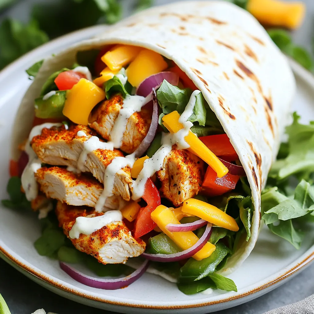 For Spicy Cajun Chicken Wraps, gather these items: - 2 chicken breasts, thinly sliced - 2 tablespoons Cajun seasoning - 1 tablespoon olive oil - 1 red bell pepper, sliced into thin strips - 1 green bell pepper, sliced into thin strips - 1 small red onion, sliced into rings - 4 large flour tortillas - 1 cup mixed greens (a blend of lettuce, spinach, and arugula) - ½ cup diced fresh tomatoes - ½ cup shredded cheddar cheese - ½ cup ranch dressing or spicy mayonnaise (pick your preference) - Salt and pepper to taste These ingredients create a bold flavor in each bite. The Cajun seasoning gives the chicken its spicy kick. Fresh veggies add crunch and color. The tortillas hold it all together, making these wraps easy to enjoy. {{ingredient_image_2}} 1. Seasoning the chicken: Start by taking two thinly sliced chicken breasts. In a bowl, mix them with two tablespoons of Cajun seasoning. Make sure each piece is fully coated. This step ensures each bite bursts with flavor. 2. Cooking the chicken in the skillet: Heat one tablespoon of olive oil in a skillet over medium-high heat. Once hot, add the seasoned chicken slices. Cook for about 5 to 7 minutes. Stir occasionally until the chicken turns golden and is no longer pink in the center. This keeps the chicken juicy and tasty. 1. Stir-frying bell peppers and onions: After cooking the chicken, toss in one sliced red bell pepper, one sliced green bell pepper, and one small red onion. Stir-fry these together for 3 to 4 minutes. The heat will bring out their sweetness and enhance the dish. 2. Timing for tender-crisp vegetables: You want the veggies to be tender but still crisp. Keep an eye on them to avoid overcooking. Season with salt and pepper to taste before removing the skillet from heat. 1. Warming tortillas: Take four large flour tortillas and warm them in a pan or microwave for a few seconds. This step makes them soft and easy to roll. 2. Layering toppings and rolling: On each tortilla, spread a layer of ranch dressing or spicy mayonnaise. Then, add a handful of mixed greens. Next, place a portion of the chicken and vegetable mix, followed by diced tomatoes and a sprinkle of shredded cheddar cheese. 3. Rolling up the wraps: Carefully roll each tortilla, tucking in the edges as you go. This keeps all the yummy filling inside. 4. Optional slicing: For a fun touch, slice each wrap in half diagonally before serving. Enjoy them right away, or wrap in foil for a tasty meal on the go. To get the right heat, start with the Cajun seasoning. If you want more spice, simply add more seasoning. Taste as you go. You can also mix in some cayenne pepper for an extra kick. When it comes to the sauce, you can pick either ranch dressing or spicy mayo. Ranch gives a cool taste that balances the heat. Spicy mayo adds more zing if you like it hot. Choose what suits your taste best. For plating, arrange your wraps on a nice serving platter. Make them look inviting by adding some extra diced tomatoes around the wraps. Place a small bowl of your chosen sauce for dipping on the side. This makes the dish more fun and colorful. Garnish your wraps with fresh herbs, like parsley or cilantro. This adds a pop of color and makes each wrap look gourmet. Remember, we eat with our eyes first! Pro Tips Marinate for More Flavor: Allow the chicken to marinate in Cajun seasoning for at least 30 minutes, or even overnight, to enhance the flavor and tenderness. Vegetable Variations: Feel free to substitute or add other vegetables like zucchini, corn, or mushrooms for a more colorful and nutritious wrap. Make It Spicier: Add some sliced jalapeños or a dash of hot sauce to the filling for an extra kick of heat if you enjoy spicy foods. Perfectly Warmed Tortillas: To prevent tortillas from tearing while rolling, wrap them in a damp paper towel and microwave in short intervals until warm and pliable. {{image_4}} You can easily change the protein in these wraps. Shrimp works great. Just sauté it in the skillet instead of chicken. Tofu is another option. Use firm tofu and cut it into cubes. Season it well with Cajun spices before cooking. For veggies, you can mix it up too. Try zucchini or mushrooms for a different taste. You can also add corn or black beans for extra color and flavor. Get creative! If you need gluten-free wraps, use corn tortillas. They hold the filling well and taste great. Check the label to ensure they are gluten-free. For vegan wraps, skip the chicken and cheese. Use grilled veggies and avocado instead. You can also try a plant-based ranch or tahini dressing. These swaps keep the wraps tasty and satisfying. To keep your Spicy Cajun Chicken Wraps fresh, store them in the fridge. First, let the wraps cool to room temperature. Then, wrap each one tightly in plastic wrap or foil. Make sure to keep them in an airtight container. This helps prevent them from drying out. You can store them this way for up to three days. When it comes time to eat your leftovers, reheating is key. The best way to heat them is in a skillet on low heat. This method warms the wrap without making it soggy. Flip the wrap often. You can also use a microwave. Place the wrap on a plate and cover it with a damp paper towel. Heat it for about 30 seconds. Check if it’s warm enough; if not, add more time in short bursts. This keeps the flavor and texture just right. It takes about 25 minutes to make Spicy Cajun Chicken Wraps. You spend around 10 minutes prepping the ingredients. This includes slicing the chicken, veggies, and getting everything ready. The cooking takes about 15 minutes. You cook the chicken for 5-7 minutes, then add the veggies. Yes, you can prepare the chicken ahead of time. Season the chicken and store it in the fridge. It stays fresh for up to 24 hours. This makes meal prep easy. When you are ready, just cook the chicken. This saves time on busy days. You can serve many sides with Spicy Cajun Chicken Wraps. Here are some tasty options: - Side salad with mixed greens - Crispy potato wedges - Sweet potato fries - Coleslaw for a crunchy bite - Corn on the cob for sweetness These sides balance the spicy flavors well and make your meal complete. This blog post covered how to make Spicy Cajun Chicken Wraps. You learned about the key ingredients, from chicken breasts to tortillas. I shared step-by-step instructions that make it easy to cook and assemble your wraps. You also received tips for customizing the spice level and enhancing presentation. Remember, you can swap proteins or veggies to fit your needs. In the end, these wraps are flexible and delicious. They are a great option for meal prep or a fun dinner. Enjoy creating your tasty dish!