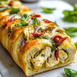 - 2 cups cooked chicken, shredded - 1/2 cup basil pesto - 1 cup shredded mozzarella cheese - 1/2 cup sun-dried tomatoes, finely chopped - 1 small red onion, finely chopped - 1 tablespoon olive oil - 1 loaf of crusty Italian bread - Salt and freshly ground black pepper to taste The main ingredients in pesto chicken stuffed bread come together for a tasty meal. The cooked chicken provides protein, while the basil pesto adds a fresh, herbal flavor. The mozzarella cheese melts beautifully and gives that gooey texture we all love. Sun-dried tomatoes add a sweet, tangy punch, and red onion brings a mild crunch. Olive oil helps blend all these flavors and adds richness. Don't forget the salt and pepper to enhance the taste. - Fresh basil leaves for garnish - Extra pesto for drizzling Garnishes can make your dish look even more inviting. Fresh basil leaves add color and a burst of flavor. Drizzling extra pesto on top can elevate the dish, making it look restaurant-quality. - Use rotisserie chicken if you're short on time. - Swap mozzarella for provolone or cheddar cheese. - Replace sun-dried tomatoes with roasted red peppers or olives. - Use whole-wheat bread for a healthier option. If you don’t have an ingredient, you can easily swap it out. Rotisserie chicken works great and saves time. Different cheeses can change the taste while keeping it delicious. You can also use roasted red peppers or olives instead of sun-dried tomatoes for a new twist. Whole-wheat bread gives a healthier choice without losing flavor. {{ingredient_image_2}} First, preheat your oven to 375°F (190°C). In a large bowl, mix 2 cups of shredded chicken and 1/2 cup of basil pesto. Add 1 cup of shredded mozzarella cheese, 1/2 cup of finely chopped sun-dried tomatoes, and 1 small red onion, finely chopped. Drizzle in 1 tablespoon of olive oil. Season with salt and black pepper. Use a spatula to blend everything well. Make sure the chicken gets a nice coat of pesto. Now grab your loaf of crusty Italian bread. Slice it lengthwise down the center. This creates a top half and a bottom half. Carefully scoop out some soft bread from both halves. Leave enough crust to hold the filling. This makes sure the bread won’t break when you fill it. Spoon the chicken and pesto mixture into the hollowed-out bread. Pack the filling tightly to fill every space. Place both halves on a baking sheet and wrap them in aluminum foil. This keeps the crust from burning. Bake for 25-30 minutes. The bread will turn golden and crispy, and the filling will become hot. Once it’s done, take it out of the oven and let it cool for a few minutes. Slice the stuffed bread and garnish with fresh basil leaves. Enjoy your tasty creation! To get the best texture for your pesto chicken stuffed bread, focus on the bread. Use a crusty Italian loaf. This gives a nice crunch outside and a soft, warm inside. Hollow it out carefully. Leave enough bread on the sides to support your filling. When you bake, wrap the loaf in foil. This keeps it moist and prevents burning. Bake until golden. This way, the filling gets hot and bubbly while the crust stays perfect. A few simple tools make this recipe easier. First, grab a sharp knife for slicing the bread. A large mixing bowl helps combine all your filling ingredients. Use a spatula or wooden spoon to mix well. A baking sheet is essential for placing the stuffed bread in the oven. Lastly, aluminum foil helps protect the crust while baking. These tools help you create a tasty dish with less fuss. If you have leftovers, store them right to keep them fresh. Wrap the stuffed bread tightly in plastic wrap or foil. This keeps it from drying out in the fridge. You can also place it in an airtight container. Enjoy your leftovers within three days for the best taste. Reheat in the oven at 350°F (175°C) for about 10-15 minutes. This revives the crisp crust and warms the filling nicely. Pro Tips Use Fresh Ingredients: For the best flavor, opt for fresh basil pesto and high-quality sun-dried tomatoes. Fresh ingredients will elevate the taste of your stuffed bread. Customize Your Fillings: Feel free to add other ingredients such as spinach, grilled vegetables, or different cheeses to suit your taste preferences. Keep It Warm: If you're serving this dish at a gathering, keep the stuffed bread warm in the oven at a low temperature until ready to serve. Pairing Suggestions: Serve your stuffed bread with a light salad or a side of marinara sauce for dipping to complement the flavors of the dish. {{image_4}} You can make this dish vegetarian by swapping chicken for vegetables. Use roasted bell peppers, zucchini, or mushrooms. These veggies add a nice flavor. Mix them with basil pesto and cheese. This change keeps the dish hearty and tasty. Cheese makes this bread special. While mozzarella is great, try other choices. Cheddar adds sharpness. Feta gives a tangy kick. Goat cheese provides creaminess. Mix different cheeses to find your favorite blend. It’s fun to experiment with flavors. Want to spice things up? Add herbs and spices for more taste. A pinch of red pepper flakes gives heat. Dried oregano or thyme adds earthiness. Fresh herbs, like parsley, can brighten the dish. Tailor the seasonings to your liking for a unique twist. Each serving of Pesto Chicken Stuffed Bread has about 400 calories. This can vary based on the bread you choose. The chicken and cheese add a nice amount of calories too. This dish is a great source of protein. One serving has around 30 grams of protein. The fiber content is about 3 grams per serving, thanks to the bread and tomatoes. Both protein and fiber help keep you full longer. - Chicken: This lean meat is rich in protein. It helps build muscles and keeps your body strong. - Pesto: Made from basil, pesto is full of antioxidants. Basil can help reduce stress and support heart health. - Mozzarella: This cheese provides calcium, which is good for bones and teeth. - Sun-dried tomatoes: These are packed with vitamins A and C. They also contain lycopene, which is great for heart health. - Red onion: This adds flavor and has anti-inflammatory properties. It can also help with digestion. Yes, you can choose different breads. A French baguette adds a nice crunch. Brioche gives a soft, sweet touch. Whole grain bread is a healthy swap too. Just make sure it can hold the filling well. You can keep leftovers in the fridge for up to three days. Store them in an airtight container. To reheat, wrap in foil and bake at 350°F (175°C) for about 10 minutes. This keeps the bread crispy and the filling warm. This dish pairs well with a fresh salad. A light Caesar or mixed greens works great. You can also serve it with roasted veggies for a hearty side. A simple dipping sauce, like balsamic glaze, adds a nice touch too. This blog covered the key ingredients for Pesto Chicken Stuffed Bread and how to prepare it. We also looked at tips for texture and storage, plus tasty variations and health facts. With these steps, you can make a dish that is both fun and satisfying. Enjoy experimenting with flavors and ingredients. A delicious meal awaits!