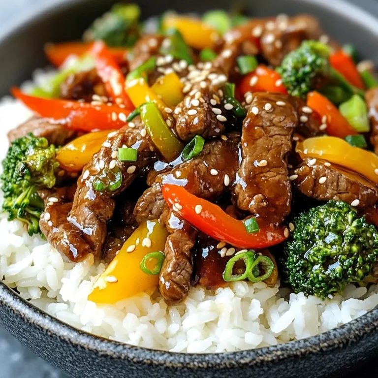 - 1 lb beef sirloin, thinly sliced against the grain - 2 cups fresh broccoli florets - 1 bell pepper (red or yellow), sliced into thin strips - 1 medium carrot, julienned - 4 green onions, chopped into 1-inch pieces - ½ cup low sodium soy sauce - ¼ cup honey - 1 tablespoon rice vinegar - 1 teaspoon sesame oil - 1 tablespoon cornstarch (optional, for a thicker sauce) - Sesame seeds, for garnish When you gather your ingredients, focus on freshness and quality. The beef sirloin should be nice and tender. Choose vibrant vegetables like bright green broccoli and colorful bell peppers. Your sauce will balance sweet and savory flavors perfectly. The honey and soy sauce work together to create a rich taste. If you want a thicker sauce, use cornstarch. Don't forget the sesame seeds for garnish! They add a nice crunch and look great on the plate. {{ingredient_image_2}} To begin, grab a small mixing bowl. In it, combine the following ingredients: - ½ cup low sodium soy sauce - ¼ cup honey - 1 tablespoon rice vinegar - 1 teaspoon sesame oil - 1 tablespoon cornstarch (optional for a thicker sauce) Whisk these ingredients together well. Once mixed, set the sauce aside for later. Next, heat 1 tablespoon of vegetable oil in a large skillet or wok over medium-high heat. When the oil is hot, add the thinly sliced beef in an even layer. Stir-fry the beef for about 2-3 minutes until it turns brown and is just cooked through. After that, remove the beef from the pan and place it on a plate. Now, in the same pan, add the remaining tablespoon of vegetable oil. Toss in the minced garlic and ginger. Stir-fry for about 30 seconds until you can smell their wonderful fragrance. Then, add the following vegetables to the pan: - 2 cups fresh broccoli florets - 1 sliced bell pepper (red or yellow) - 1 julienned medium carrot Stir-fry these vegetables for about 4-5 minutes. You want them to be tender-crisp and bright in color. Return the cooked beef to the pan along with the sauce you set aside. Stir everything together well, making sure all ingredients get coated in the sauce. Cook for another 2-3 minutes to heat everything through and let the sauce thicken slightly. Finally, stir in the chopped green onions and remove the pan from heat. - Best cuts for stir-frying: I recommend using beef sirloin for stir-frying. It has a nice balance of flavor and tenderness. Flank steak is another good choice if you want something leaner. - Importance of slicing against the grain: Slicing against the grain makes the beef tender. Look for the lines in the meat. Cut across those lines for the best texture. - Achieving the right texture: For a great stir-fry, keep the veggies crisp. Broccoli should be bright green and tender. Bell peppers need a little crunch. - How to prevent overcooking: Stir-fry veggies quickly over high heat. This helps them stay vibrant and full of flavor. Keep an eye on the time. Cook for just a few minutes. - Adjusting thickness with cornstarch: If you like a thicker sauce, add cornstarch. Mix it with a little water before adding to the pan. This will help it thicken nicely. - Balancing flavors in the sauce: Your sauce should be sweet and salty. The honey adds sweetness, while the soy sauce gives it that savory kick. Taste as you go. Adjust if needed! Pro Tips Cut Against the Grain: Always slice your beef against the grain to ensure tenderness. This helps break down muscle fibers, making each bite easier to chew. Prep Ingredients Ahead: Have all your ingredients prepped and ready to go before you start cooking. Stir-frying is a quick process, and being organized will help you achieve the best results. High Heat is Key: Use high heat when stir-frying to achieve that lovely sear on your beef and to keep the vegetables crisp. Adjust the heat as necessary to avoid burning. Customize Your Veggies: Feel free to customize the vegetables based on your preference or seasonal availability. Snap peas, zucchini, or mushrooms can also work beautifully in this stir fry. {{image_4}} You can easily swap beef with chicken or tofu. Chicken stir fry tastes great, too. Just slice it thinly like beef. Tofu is perfect for a plant-based meal. Use firm tofu and press it to remove water before cooking. For a seafood twist, try shrimp or scallops. They cook fast and pair well with the sauce. Feel free to mix in other veggies. Snap peas, mushrooms, or zucchini can add extra flavor. Seasonal vegetables are also a fun option. In spring, use fresh asparagus. In fall, try adding butternut squash for sweetness. The goal is to have a colorful dish that looks good and tastes great. Want some heat? Add chili flakes or fresh chili to the stir fry. It adds a nice kick. If you prefer a sweeter taste, try using maple syrup or agave instead of honey. This gives a new twist to the sauce. Mixing flavors keeps each meal exciting and fresh. To store your leftover teriyaki beef stir fry, first, let it cool down. Then, place it in an airtight container. This keeps it fresh and tasty. I recommend using glass containers for easy reheating. They don’t absorb smells and clean up nicely. If you want to keep it longer, freezing works great. Cool the stir fry completely, then transfer it to a freezer-safe bag or container. Squeeze out as much air as you can. This helps prevent freezer burn. When you’re ready to enjoy it again, thaw it overnight in the fridge. Reheat it on the stove over low heat. Stir occasionally to warm it evenly. In the fridge, your leftovers can last about 3 to 4 days. If you freeze them, they can stay good for up to 3 months. Just make sure to label your containers with the date, so you always know when to eat them. Yes, you can make Teriyaki Beef Stir Fry ahead of time. This makes meal prep easy. Cook the stir fry, then store it in an airtight container. Keep it in the fridge for up to three days. When ready to eat, just reheat it in a pan or microwave. Best practices for meal prep: - Cut and prep your veggies and beef beforehand. - Store the sauce in a separate container until you cook. - Reheat gently to avoid overcooking. You have many options to serve with Teriyaki Beef Stir Fry. Rice is a classic choice. Jasmine or brown rice works well. You can also use quinoa for a healthy twist. Side dish suggestions: - Steamed rice - Quinoa - Noodles - Crispy spring rolls - Mixed green salad Traditional teriyaki sauce contains soy sauce, which often has gluten. However, you can find gluten-free soy sauce. Look for brands made with rice instead of wheat. Options for gluten-sensitive diets: - Use tamari, a gluten-free soy sauce. - Make your own sauce with gluten-free ingredients. Making teriyaki sauce at home is easy. You just need a few simple ingredients. This way, you can control the flavors and avoid preservatives. Simple homemade recipe for teriyaki sauce: - ½ cup low sodium soy sauce - ¼ cup honey - 1 tablespoon rice vinegar - 1 teaspoon sesame oil - 1 tablespoon cornstarch (optional for thickness) Mix all the ingredients in a bowl. Whisk until combined. Cook it in a pan to thicken if desired. Enjoy the fresh taste! In this blog post, we explored making a tasty Teriyaki Beef Stir Fry. We covered the main ingredients, including beef sirloin and fresh veggies, plus a simple sauce. You learned step-by-step how to prepare and cook each element. We discussed tips for choosing the right beef and how to achieve the perfect vegetable texture. Finally, we shared storage tips and answered common questions. With these insights, you can enjoy a delicious, homemade stir fry anytime. Happy cooking!