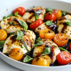 - 4 boneless, skinless chicken breasts - 2 cups cherry tomatoes, halved - 1 cup fresh mozzarella balls (bocconcini) - 1 cup fresh basil leaves, roughly chopped - 3 tablespoons balsamic glaze - 3 tablespoons olive oil - 3 cloves garlic, minced - Salt and freshly cracked black pepper, to taste - Optional: Extra fresh basil leaves for garnish Using fresh ingredients makes a big difference in flavor. Fresh basil has a sweet, bright taste. Look for firm cherry tomatoes. They should feel heavy for their size. Choose high-quality olive oil for cooking. A good oil adds depth and richness. Lastly, pick fresh mozzarella for a creamy texture. Store it in water for the best taste. You can swap out chicken breasts for thighs if you prefer darker meat. If you can't find cherry tomatoes, regular tomatoes will work. Just chop them into smaller pieces. For a lighter option, use part-skim mozzarella. You can even use a different cheese, like goat cheese or feta. If you don't have balsamic glaze, regular balsamic vinegar can work too; just reduce it for a thicker sauce. {{ingredient_image_2}} Start by heating 2 tablespoons of olive oil in a large skillet over medium heat. While the oil heats, season both sides of the chicken breasts with salt and black pepper. This step adds flavor right from the start. Once the oil shimmers, carefully place the seasoned chicken breasts in the skillet. Sear each side for 5-7 minutes until golden brown. Check the internal temperature; it should reach 165°F (75°C). Remove the chicken from the skillet and cover it with foil to keep it warm. In the same skillet, add 1 tablespoon of olive oil. Then, toss in the minced garlic. Sauté it for about 30 seconds, stirring constantly. This helps release its lovely aroma. After that, add the halved cherry tomatoes. Cook them for 3-4 minutes until they soften and release their juices. This creates a tasty sauce base. Lower the heat and place the cooked chicken back in the skillet. Scatter the fresh mozzarella balls over each chicken breast. Cover the skillet with a lid for 2-3 minutes. This step melts the cheese, making it gooey and delicious. Once the cheese is melty, take the skillet off the heat. Drizzle balsamic glaze over the chicken and tomatoes for a flavor boost. Sprinkle chopped fresh basil on top for color. Serve hot right from the skillet for a rustic and inviting look. To make juicy chicken, start with the right cut. Use boneless, skinless chicken breasts. They cook evenly and stay moist. Season the chicken well with salt and pepper. This step adds flavor. Sear the chicken in a hot skillet. This creates a nice crust. Avoid overcooking; aim for an internal temperature of 165°F. Let the chicken rest after cooking. Cover it loosely with foil to keep it warm and juicy. Cooking chicken well means using the right times and temps. Heat the skillet to medium heat before adding oil. Cook each side of the chicken for about 5-7 minutes. You should see a golden-brown color. Use a meat thermometer for accuracy. Pull the chicken out when it hits 165°F. This ensures it's safe to eat and still tender. You can add extra ingredients for more flavor. A splash of white wine can deepen the taste. Consider adding a pinch of red pepper flakes for some heat. Fresh herbs like oregano or thyme can bring a new level of taste. You can also try sun-dried tomatoes or olives for variety. These simple swaps make the dish your own. Experiment and find your favorite flavor combinations! Pro Tips Use Fresh Ingredients: For the best flavor, opt for fresh basil, ripe cherry tomatoes, and high-quality mozzarella. Fresh ingredients elevate the dish significantly. Let Chicken Rest: After cooking, allow the chicken to rest for a few minutes before slicing. This helps the juices redistribute, keeping the meat juicy and tender. Experiment with Cheese: Feel free to mix different types of cheese, such as provolone or goat cheese, for a unique flavor twist that complements the tomato and basil. Customize the Balsamic Glaze: If you prefer a sweeter touch, reduce balsamic vinegar on the stove until it thickens into a glaze, enhancing the flavor profile of the dish. {{image_4}} You can add a twist to your Caprese Chicken Skillet by using pesto. Just stir in 1/4 cup of pesto into the sautéed cherry tomatoes. This adds a rich, herby flavor to the dish. The bright taste of basil in the pesto enhances the freshness of the meal. You can even drizzle a little more pesto on top before serving for extra flavor. If you're watching your carbs, you can still enjoy this dish. Instead of chicken, use zucchini noodles or cauliflower rice as a base. Skip the balsamic glaze or use it sparingly since it contains sugar. You can also add more non-starchy vegetables, like spinach or bell peppers, to boost flavor without adding carbs. This keeps the dish light and fresh while maintaining its delicious taste. For a vegetarian version, swap chicken for portobello mushrooms or eggplant. These ingredients offer a hearty texture that will fill you up. Cook them the same way you would the chicken, ensuring they get nice and golden brown. Add the mozzarella and tomatoes as usual to keep that classic Caprese flavor. This way, you still enjoy the same great taste while keeping it plant-based. To store your leftover Caprese Chicken Skillet, let it cool first. Place the chicken and tomatoes in an airtight container. Make sure to cover it tightly to keep out air and moisture. You can store it in the fridge for up to three days. If you want to enjoy it later, freezing is a great option. When it’s time to reheat, take the leftovers out of the fridge. You can use a skillet or microwave. If using a skillet, heat it over medium-low heat. Add a splash of olive oil to keep it moist. If you use a microwave, cover the dish to keep the steam in. Heat in short bursts, checking often until warm. If you wish to freeze your Caprese Chicken Skillet, follow these steps. Cut the chicken into smaller pieces for easier thawing. Place it in a freezer-safe container. Make sure to label the container with the date. It can last up to three months in the freezer. When ready to eat, thaw it in the fridge overnight before reheating. You can serve Caprese Chicken Skillet with several sides to make a full meal. Here are some ideas: - Garlic Bread: It pairs well and is great for soaking up the sauce. - Steamed Vegetables: Broccoli or green beans add color and nutrition. - Quinoa or Rice: These grains complement the chicken and add texture. - Mixed Salad: A fresh salad brightens the plate and adds crunch. Yes, you can use dried herbs if fresh basil is not available. However, use less dried basil than fresh. A good rule is to use one-third the amount of dried herbs. For example, if the recipe calls for one cup of fresh basil, use only about one-third cup of dried basil. Dried herbs have a more concentrated flavor. This recipe is naturally gluten-free. The main ingredients, chicken, tomatoes, cheese, and basil, contain no gluten. Just ensure that any additional ingredients, like balsamic glaze, are gluten-free as well. Always check labels to be safe. Serve Caprese Chicken Skillet directly from the skillet for a rustic look. This makes it feel special and allows guests to help themselves. Garnish with extra fresh basil leaves and a drizzle of balsamic glaze. This adds color and flavor, making the dish even more inviting. In this article, I shared how to make a delicious Caprese Chicken Skillet. We covered the right ingredients, cooking steps, and helpful tips for great results. You can enhance flavor and even try variations to fit your needs. Remember to store leftovers properly for later enjoyment. Whether you prefer fresh basil or creative substitutions, this dish is versatile and satisfying. Have fun making your own version and enjoy every bite!