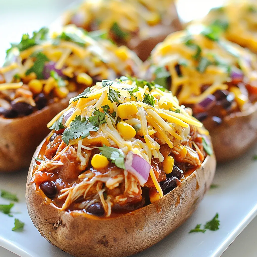 - Sweet potatoes - Cooked chicken - BBQ sauce - Corn - Red onion - Black beans - Shredded cheese - Olive oil - Seasoning Gathering the right ingredients is key for BBQ chicken stuffed sweet potatoes. Each item plays an important role in making this dish flavorful and satisfying. First, choose sweet potatoes. I recommend medium-sized ones. They cook evenly and have great sweetness. Next, get cooked chicken. You can shred rotisserie chicken or use leftovers. BBQ sauce adds that smoky, tangy flavor. You can use store-bought or make your own if you're feeling adventurous. Corn gives a nice crunch. You can use canned or frozen corn, whichever you prefer. Red onion adds a sharp taste, while black beans bring protein and fiber. Shredded cheese melts beautifully. Cheddar or pepper jack works best. Don’t forget olive oil! It helps sauté the veggies. Finally, season with salt and pepper to your taste. Each ingredient matters in creating this delightful meal. Prepare to enjoy a mix of flavors and textures in every bite! {{ingredient_image_2}} 1. Preheat your oven to 400°F (200°C). This helps the sweet potatoes cook evenly. 2. Rinse the sweet potatoes under cold water to remove dirt. Use a fork to poke holes in each potato. This creates steam vents while they bake. 1. Arrange the sweet potatoes on a baking sheet lined with parchment paper. This makes cleanup easy. 2. Bake in the oven for 40-50 minutes. They should be tender when you poke them with a fork. 1. In a large bowl, mix the shredded chicken with BBQ sauce until well coated. 2. Heat olive oil in a medium skillet over medium heat. Add the diced red onion and sauté for 3-5 minutes until the onions become clear. 3. Stir in the corn and black beans. Cook for an additional 2-3 minutes until warmed through. 4. Combine the BBQ chicken mixture with the sautéed vegetables in the skillet. Mix well and season with salt and pepper to taste. 1. Once baked, remove the sweet potatoes from the oven and let them cool for about 5 minutes. 2. Cut each potato lengthwise down the center, but do not cut all the way through. 3. Use a fork to fluff the insides of each potato. This makes space for the filling. 4. Generously spoon the BBQ chicken mixture into each sweet potato, forming a nice mound on top. 5. Sprinkle a handful of shredded cheese over each stuffed sweet potato. 1. Place the stuffed sweet potatoes back in the oven for an additional 10 minutes. This melts the cheese and makes it bubbly. 2. Once done, remove the sweet potatoes from the oven. Let them cool slightly before serving. You can garnish with fresh cilantro for extra flavor. Enjoy your meal! - Size and freshness: Pick medium sweet potatoes for even cooking. Look for firm ones with smooth skin. Avoid any with soft spots or wrinkles. Fresh sweet potatoes help bring out the best flavor in your dish. - Organic vs. conventional: Organic sweet potatoes are grown without harmful chemicals. They may taste better too. Conventional sweet potatoes can be more affordable and still delicious. Choose based on your budget and values. - Store-bought options: Many brands offer great BBQ sauce. Look for one with simple ingredients. A smoky or tangy sauce can enhance your stuffed sweet potatoes. - Homemade variations: Making your own BBQ sauce is fun and easy. Combine ketchup, vinegar, honey, and spices for a quick mix. Customize it by adding your favorite flavors. - Pairing with sides: Serve your stuffed sweet potatoes with a fresh salad or coleslaw. These sides add crunch and balance to the meal. You can also serve them with rice or quinoa for extra heartiness. - Best toppings: Top your sweet potatoes with extra cheese, avocado, or jalapeños. Fresh cilantro adds a nice touch too. Get creative with your toppings to make each potato unique! Pro Tips Choose the Right Sweet Potatoes: Look for firm, smooth-skinned sweet potatoes without any blemishes. This ensures they are fresh and will bake evenly. Make Ahead: You can bake the sweet potatoes in advance and store them in the fridge. This makes assembling the dish quicker on busy days. Customize Your Toppings: Feel free to add other toppings like avocado, sour cream, or jalapeños for added flavor and texture. Keep It Warm: If you're serving a crowd, keep the stuffed sweet potatoes warm in a low oven until ready to serve, ensuring they stay delicious! {{image_4}} You can switch the chicken for turkey or beef. Both will add great flavor. If you want something meatless, try using lentils or chickpeas. These options give a nice texture and still taste amazing. Add your favorite spices to make the dish pop. Smoked paprika brings a lovely depth. You can also try cumin or garlic powder for a kick. When it comes to cheese, switch it up! Use mozzarella for a milder taste or feta for a tangy twist. If you need gluten-free options, you’re in luck! This dish is naturally gluten-free, as sweet potatoes and the filling are safe choices. For vegan substitutions, use jackfruit or tofu instead of chicken. Substitute the cheese with a plant-based option or skip it altogether. - To store leftovers, place them in an airtight container. - Keep the BBQ chicken stuffed sweet potatoes in the fridge for up to 3 days. - To reheat, use the microwave or oven. Microwave for 1-2 minutes or until hot. In the oven, heat at 350°F (175°C) for about 15 minutes. - For freezing, wrap each stuffed sweet potato tightly in plastic wrap. - Place them in a freezer-safe bag or container. They can last up to 3 months in the freezer. - To thaw, move them to the fridge for a few hours or overnight. - Reheat by placing them in the oven at 350°F (175°C) for about 25 minutes. Sweet potatoes are done when they feel soft. You can check this by poking them with a fork. If the fork slides in easily, they are ready. You can also look for a slightly wrinkled skin. This means they cooked well. Remember, baking usually takes about 40-50 minutes at 400°F. Yes, you can prep this recipe ahead of time. Cook the sweet potatoes and fill them with the BBQ chicken filling. Store them in the fridge for up to two days. When ready to eat, just heat them in the oven. This keeps the flavors fresh and tasty. These sweet potatoes pair well with many sides. Here are some great options: - A fresh green salad - Steamed broccoli - Coleslaw - Grilled corn on the cob These sides balance the meal and add more flavor. Yes, you can use other types of potatoes. Here are some recommendations: - Regular russet potatoes for a classic taste - Yukon gold potatoes for a creamy texture - Red potatoes for a slightly sweet flavor Experiment with different types to find what you like best! This blog post shows you how to make BBQ Chicken Stuffed Sweet Potatoes. We explored key ingredients like sweet potatoes, chicken, and cheese. You learned step-by-step instructions, tips for choosing ingredients, cooking alternatives, and storage tips. Now, you can impress your friends and family with a tasty, healthy meal. These sweet potatoes are easy to make and can be changed to fit any diet. Enjoy your cooking!
