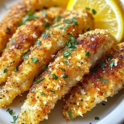- 1 lb chicken tenders - 1 teaspoon freshly grated lemon zest - 2 tablespoons freshly squeezed lemon juice - 1 teaspoon freshly cracked black pepper - 1 teaspoon garlic powder - 1 teaspoon onion powder - ½ teaspoon smoked paprika - 1 cup panko breadcrumbs - ½ cup all-purpose flour - 2 large eggs, beaten - Salt, to taste - Olive oil, for frying To make lemon pepper chicken tenders, you'll need fresh chicken tenders. I recommend using one pound for four servings. This gives you enough for a family meal or a small gathering. The flavor comes from a blend of seasonings. You’ll use lemon zest for a bright kick. Fresh lemon juice adds a tangy depth. Black pepper gives it a spicy note, while garlic and onion powder add warmth. Smoked paprika enhances the flavor with a hint of smokiness. For the crispy coating, you'll use panko breadcrumbs. They create a crunchy texture. All-purpose flour helps the breadcrumbs stick and gives a nice base. Two large eggs, beaten until smooth, act as the glue for the coating. Finally, you need salt and olive oil for frying. Adjust the salt to taste, but be careful not to overdo it. The oil should be enough to fry the chicken until golden and crispy. Enjoy crafting this tasty dish! {{ingredient_image_2}} Start by mixing lemon zest, lemon juice, black pepper, garlic powder, onion powder, smoked paprika, and salt in a bowl. This marinade is key for flavor. Mix well until everything combines. Add the chicken tenders to the bowl. Make sure each piece gets coated well. Cover the bowl and place it in the fridge for at least 30 minutes. You can leave it for up to two hours for a stronger taste. While the chicken marinates, set up your dredging station. Use three shallow dishes. Fill the first one with flour, the second with beaten eggs, and the third with panko breadcrumbs. This setup helps make the coating process easy and fun. After marinating, take one chicken tender out. First, coat it in flour and shake off any extra. Then, dip it into the beaten eggs. Let excess egg drip back into the dish. Finally, roll the tender in the panko breadcrumbs. Press gently to ensure it sticks well. Repeat this for all tenders. Heat about a quarter inch of olive oil in a large skillet over medium heat. Wait until the oil looks shiny. Add the chicken tenders in batches. Don't overcrowd the pan, as this helps them cook evenly. Fry each side for about 4-5 minutes until golden brown. Use a meat thermometer to check the inside. It should reach 165°F (75°C). Once cooked, place the chicken tenders on a paper towel-lined plate. This step helps soak up any extra oil and keeps them crispy. For a great look, serve the tenders on a platter with lemon wedges and fresh parsley. A small drizzle of lemon juice adds a nice touch too. Enjoy your tasty lemon pepper chicken tenders! To get the best taste from your lemon pepper chicken tenders, marinate them well. Use fresh lemon zest and juice for a bright flavor. Mix them with black pepper, garlic powder, onion powder, and smoked paprika. This mix gives your chicken a tasty boost. Let the chicken soak in this marinade for at least 30 minutes. For stronger flavor, you can let it sit for up to 2 hours. This method helps the chicken absorb the rich flavors. For a crunchy outside, use panko breadcrumbs. They add a wonderful crunch that regular breadcrumbs do not. When coating the chicken, make sure to shake off any extra flour. This helps the egg and breadcrumbs stick better. After you coat the chicken, press it gently into the panko. This step ensures a thick layer that stays on during frying. Fry in hot oil, about ¼ inch deep, to create a crispy crust. Cooking time can change based on your stove and pan. Fry each chicken tender for about 4-5 minutes on each side. Look for a golden brown color and check the inside with a meat thermometer. The chicken should reach 165°F (75°C) for safety. If your tenders are thick, you may need to cook them a little longer. Always avoid overcrowding the pan, as this can lower the oil's temperature and lead to sogginess. Pro Tips Marinate Longer for More Flavor: Allow the chicken tenders to marinate for up to 2 hours. This extra time enhances the flavors, making the chicken more delicious and aromatic. Use a Thermometer: To ensure perfectly cooked chicken, use a meat thermometer to check that the internal temperature reaches 165°F (75°C) before removing from the skillet. Keep Oil Temperature Steady: Maintain the oil temperature by not overcrowding the pan. This helps achieve a crispy texture and prevents the chicken from becoming greasy. Experiment with Spices: Feel free to customize the spice blend! Adding cayenne pepper for heat or herbs like thyme can add unique flavor profiles to the chicken tenders. {{image_4}} You can switch up the flavors in this recipe. Try adding herbs like thyme or oregano. You can also use cayenne pepper for some heat. For a sweet twist, mix in honey or maple syrup. This adds a nice glaze to your chicken. Experiment with different spices to find your favorite mix. If you want a healthier option, you can bake or air fry the chicken tenders. For baking, preheat your oven to 400°F (200°C). Place the coated tenders on a baking sheet lined with parchment paper. Bake for 15-20 minutes, flipping halfway through. For air frying, cook at 375°F (190°C) for about 10-12 minutes. This method gives you crispy tenders with less oil. These lemon pepper chicken tenders pair well with various dips. Try a tangy honey mustard or a creamy ranch. You can also serve them with fresh veggies or a light salad. For a heartier meal, add rice or mashed potatoes. The bright lemon flavor complements many sides, so get creative! After you enjoy your lemon pepper chicken tenders, let them cool. Place the leftovers in an airtight container. You can store them in the fridge for up to three days. Make sure they are not stacked too high, so they stay crisp. If you want to keep them longer, consider freezing. To reheat your chicken tenders, use an oven or an air fryer for best results. Preheat your oven to 375°F (190°C). Spread the tenders in a single layer on a baking sheet. Heat them for about 10-12 minutes. This keeps them crispy. If using an air fryer, set it to 350°F (175°C) and cook for 5-7 minutes. Monitor them to avoid overcooking. You can freeze chicken tenders for later use. Place them in a freezer-safe bag or container. Be sure to remove as much air as possible. They can last up to three months in the freezer. When ready to eat, thaw them in the fridge overnight before reheating. This ensures they will taste fresh and delicious. You can marinate chicken tenders for at least 30 minutes. For the best taste, aim for 2 hours. This helps the flavors soak in deeply. Just remember, don’t go over 24 hours. The chicken can become too soft and lose texture. Yes, you can use chicken breasts. Just cut them into strips. This way, they will cook similarly to tenders. Adjust the cooking time if the pieces are thicker. Check for doneness at 165°F (75°C). Lemon pepper chicken tenders pair well with many sides. Here are some great options: - Steamed broccoli - Garlic mashed potatoes - Fresh garden salad - Roasted vegetables - Rice pilaf These sides add color and balance to your meal. To ensure chicken is fully cooked, use a meat thermometer. Check the thickest part of the tender. The internal temperature should reach 165°F (75°C). If you don’t have a thermometer, cut into the chicken. It should be white, with no pink inside. You now have all you need to make tasty chicken tenders. Start with fresh ingredients, and follow the steps to marinate, coat, and cook. Use the tips to get the best flavor and texture. You can even try healthier methods or new seasonings. Don’t forget to store leftovers properly for later. By mastering these skills, you’ll impress anyone with your cooking. Enjoy your meal and share it with friends!