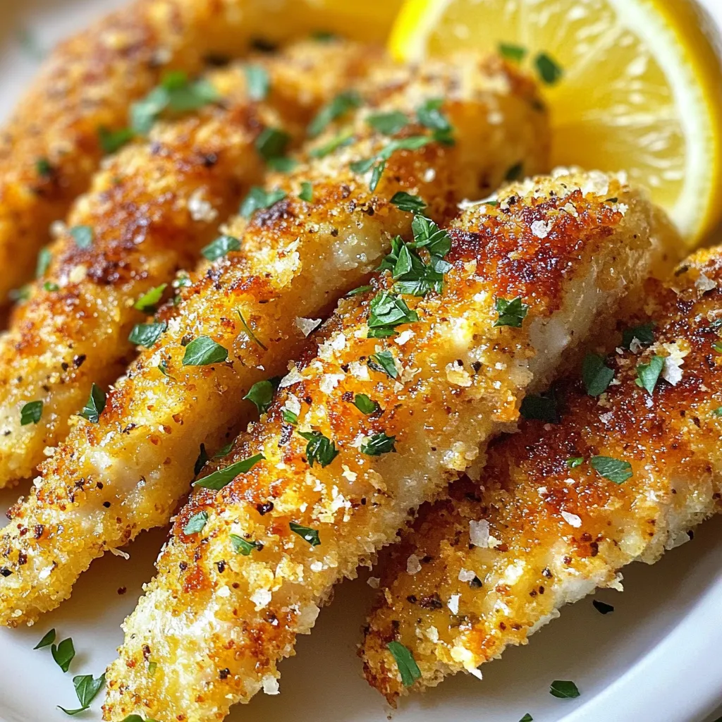 - 1 lb chicken tenders - 1 teaspoon freshly grated lemon zest - 2 tablespoons freshly squeezed lemon juice - 1 teaspoon freshly cracked black pepper - 1 teaspoon garlic powder - 1 teaspoon onion powder - ½ teaspoon smoked paprika - 1 cup panko breadcrumbs - ½ cup all-purpose flour - 2 large eggs, beaten - Salt, to taste - Olive oil, for frying To make lemon pepper chicken tenders, you'll need fresh chicken tenders. I recommend using one pound for four servings. This gives you enough for a family meal or a small gathering. The flavor comes from a blend of seasonings. You’ll use lemon zest for a bright kick. Fresh lemon juice adds a tangy depth. Black pepper gives it a spicy note, while garlic and onion powder add warmth. Smoked paprika enhances the flavor with a hint of smokiness. For the crispy coating, you'll use panko breadcrumbs. They create a crunchy texture. All-purpose flour helps the breadcrumbs stick and gives a nice base. Two large eggs, beaten until smooth, act as the glue for the coating. Finally, you need salt and olive oil for frying. Adjust the salt to taste, but be careful not to overdo it. The oil should be enough to fry the chicken until golden and crispy. Enjoy crafting this tasty dish! {{ingredient_image_2}} Start by mixing lemon zest, lemon juice, black pepper, garlic powder, onion powder, smoked paprika, and salt in a bowl. This marinade is key for flavor. Mix well until everything combines. Add the chicken tenders to the bowl. Make sure each piece gets coated well. Cover the bowl and place it in the fridge for at least 30 minutes. You can leave it for up to two hours for a stronger taste. While the chicken marinates, set up your dredging station. Use three shallow dishes. Fill the first one with flour, the second with beaten eggs, and the third with panko breadcrumbs. This setup helps make the coating process easy and fun. After marinating, take one chicken tender out. First, coat it in flour and shake off any extra. Then, dip it into the beaten eggs. Let excess egg drip back into the dish. Finally, roll the tender in the panko breadcrumbs. Press gently to ensure it sticks well. Repeat this for all tenders. Heat about a quarter inch of olive oil in a large skillet over medium heat. Wait until the oil looks shiny. Add the chicken tenders in batches. Don't overcrowd the pan, as this helps them cook evenly. Fry each side for about 4-5 minutes until golden brown. Use a meat thermometer to check the inside. It should reach 165°F (75°C). Once cooked, place the chicken tenders on a paper towel-lined plate. This step helps soak up any extra oil and keeps them crispy. For a great look, serve the tenders on a platter with lemon wedges and fresh parsley. A small drizzle of lemon juice adds a nice touch too. Enjoy your tasty lemon pepper chicken tenders! To get the best taste from your lemon pepper chicken tenders, marinate them well. Use fresh lemon zest and juice for a bright flavor. Mix them with black pepper, garlic powder, onion powder, and smoked paprika. This mix gives your chicken a tasty boost. Let the chicken soak in this marinade for at least 30 minutes. For stronger flavor, you can let it sit for up to 2 hours. This method helps the chicken absorb the rich flavors. For a crunchy outside, use panko breadcrumbs. They add a wonderful crunch that regular breadcrumbs do not. When coating the chicken, make sure to shake off any extra flour. This helps the egg and breadcrumbs stick better. After you coat the chicken, press it gently into the panko. This step ensures a thick layer that stays on during frying. Fry in hot oil, about ¼ inch deep, to create a crispy crust. Cooking time can change based on your stove and pan. Fry each chicken tender for about 4-5 minutes on each side. Look for a golden brown color and check the inside with a meat thermometer. The chicken should reach 165°F (75°C) for safety. If your tenders are thick, you may need to cook them a little longer. Always avoid overcrowding the pan, as this can lower the oil's temperature and lead to sogginess. Pro Tips Marinate Longer for More Flavor: Allow the chicken tenders to marinate for up to 2 hours. This extra time enhances the flavors, making the chicken more delicious and aromatic. Use a Thermometer: To ensure perfectly cooked chicken, use a meat thermometer to check that the internal temperature reaches 165°F (75°C) before removing from the skillet. Keep Oil Temperature Steady: Maintain the oil temperature by not overcrowding the pan. This helps achieve a crispy texture and prevents the chicken from becoming greasy. Experiment with Spices: Feel free to customize the spice blend! Adding cayenne pepper for heat or herbs like thyme can add unique flavor profiles to the chicken tenders. {{image_4}} You can switch up the flavors in this recipe. Try adding herbs like thyme or oregano. You can also use cayenne pepper for some heat. For a sweet twist, mix in honey or maple syrup. This adds a nice glaze to your chicken. Experiment with different spices to find your favorite mix. If you want a healthier option, you can bake or air fry the chicken tenders. For baking, preheat your oven to 400°F (200°C). Place the coated tenders on a baking sheet lined with parchment paper. Bake for 15-20 minutes, flipping halfway through. For air frying, cook at 375°F (190°C) for about 10-12 minutes. This method gives you crispy tenders with less oil. These lemon pepper chicken tenders pair well with various dips. Try a tangy honey mustard or a creamy ranch. You can also serve them with fresh veggies or a light salad. For a heartier meal, add rice or mashed potatoes. The bright lemon flavor complements many sides, so get creative! After you enjoy your lemon pepper chicken tenders, let them cool. Place the leftovers in an airtight container. You can store them in the fridge for up to three days. Make sure they are not stacked too high, so they stay crisp. If you want to keep them longer, consider freezing. To reheat your chicken tenders, use an oven or an air fryer for best results. Preheat your oven to 375°F (190°C). Spread the tenders in a single layer on a baking sheet. Heat them for about 10-12 minutes. This keeps them crispy. If using an air fryer, set it to 350°F (175°C) and cook for 5-7 minutes. Monitor them to avoid overcooking. You can freeze chicken tenders for later use. Place them in a freezer-safe bag or container. Be sure to remove as much air as possible. They can last up to three months in the freezer. When ready to eat, thaw them in the fridge overnight before reheating. This ensures they will taste fresh and delicious. You can marinate chicken tenders for at least 30 minutes. For the best taste, aim for 2 hours. This helps the flavors soak in deeply. Just remember, don’t go over 24 hours. The chicken can become too soft and lose texture. Yes, you can use chicken breasts. Just cut them into strips. This way, they will cook similarly to tenders. Adjust the cooking time if the pieces are thicker. Check for doneness at 165°F (75°C). Lemon pepper chicken tenders pair well with many sides. Here are some great options: - Steamed broccoli - Garlic mashed potatoes - Fresh garden salad - Roasted vegetables - Rice pilaf These sides add color and balance to your meal. To ensure chicken is fully cooked, use a meat thermometer. Check the thickest part of the tender. The internal temperature should reach 165°F (75°C). If you don’t have a thermometer, cut into the chicken. It should be white, with no pink inside. You now have all you need to make tasty chicken tenders. Start with fresh ingredients, and follow the steps to marinate, coat, and cook. Use the tips to get the best flavor and texture. You can even try healthier methods or new seasonings. Don’t forget to store leftovers properly for later. By mastering these skills, you’ll impress anyone with your cooking. Enjoy your meal and share it with friends!