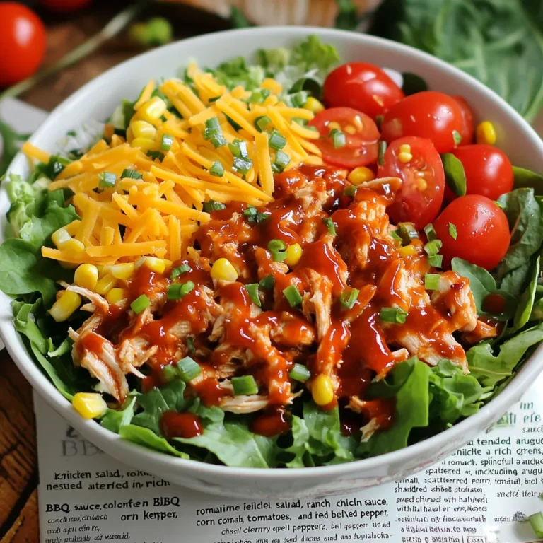 - 2 cups cooked chicken breast, shredded - 4 cups mixed salad greens (romaine, spinach, and arugula) - 1 cup cherry tomatoes, halved - 1 cup corn kernels (fresh, canned, or frozen) - 1 red bell pepper, diced - ½ cup shredded cheddar cheese - ½ cup thick BBQ sauce - ½ cup ranch dressing - ¼ cup green onions, thinly sliced - Salt and pepper to taste - Optional: Crunchy tortilla strips You can try adding other veggies like cucumbers or carrots for extra crunch. Avocado adds creaminess and healthy fats. If you like spice, consider jalapeños or a spicy ranch. Nuts like pecans or walnuts can add a nice crunch too. For BBQ sauce, I love Sweet Baby Ray's for its great balance of sweet and smoky. For ranch dressing, Hidden Valley is a classic choice. However, if you want a fresh taste, try making your own ranch at home! It's simple and so tasty. {{ingredient_image_2}} Start with 2 cups of cooked chicken breast. Shred the chicken into bite-sized pieces. Place the shredded chicken in a large bowl. Pour ½ cup of BBQ sauce over it. Mix well until all the chicken is coated. Let it sit for a few minutes. This helps the chicken soak up the BBQ flavor. Grab another large bowl for the salad base. Add 4 cups of mixed salad greens. I like to use romaine, spinach, and arugula for color. This mix makes the salad look pretty and taste fresh. Lay the greens flat at the bottom. This creates a nice foundation for the toppings. Now, it’s time to add the fun stuff! Scatter 1 cup of halved cherry tomatoes over the greens. Next, sprinkle 1 cup of corn kernels. You can use fresh, canned, or frozen corn—whatever you have. Then, add 1 diced red bell pepper for a crunch. Toss in half of the ¼ cup of sliced green onions. They add a nice zing! Now, carefully place the BBQ chicken mixture on top. Drizzle ½ cup of ranch dressing over everything. Toss gently to mix. Be careful not to crush the greens. Finish with ½ cup of shredded cheddar cheese. Sprinkle the rest of the green onions on top. Add salt and pepper to taste. If you want extra crunch, top with tortilla strips right before serving! To shred chicken well, start with warm cooked chicken. Use two forks to pull apart the chicken. Hold one fork steady and use the other to pull the meat. This method gives you nice, thin pieces. You can also use a stand mixer with a paddle attachment. Just mix on low speed for about 30 seconds. This will save time and effort! Layering your salad makes it look pretty and tasty. Start with the greens at the bottom. This keeps them fresh and crisp. Next, add your veggies like tomatoes and corn. Make sure to spread them out evenly. Then, place the BBQ chicken on top. This keeps the chicken moist and flavorful. Finish with cheese and dressings on top. This way, every bite has a mix of flavors. Serve your BBQ Ranch Chicken Salad in large, shallow bowls. This lets everyone see the colorful layers. For added crunch, top with tortilla strips just before serving. Pair it with a cold drink like lemonade or iced tea. If you want more sides, try garlic bread or fruit salad. These pairings make the meal more fun and delicious! Pro Tips Marinate for More Flavor: Allow the chicken to sit in the BBQ sauce for at least 30 minutes before assembling the salad to enhance the flavor profile. Use Fresh Ingredients: Opt for fresh produce whenever possible to ensure your salad is bursting with flavor and nutrients. Cheese Variations: Experiment with different types of cheese, such as feta or pepper jack, for a unique twist on this salad. Keep Tortilla Strips Crispy: Add the tortilla strips just before serving to maintain their crunch and texture. {{image_4}} You can switch out chicken for other proteins. Try grilled shrimp for a seafood twist. Shredded pork adds a rich flavor. If you like beef, use steak strips. Each protein brings its own unique taste to the salad. To make this salad vegetarian, replace chicken with black beans or chickpeas. These options add protein and fiber. For a vegan version, use a plant-based ranch dressing. You can also add cubes of avocado for creaminess. Change ingredients with the seasons for fresh flavors. In spring, add asparagus or snap peas. In summer, toss in diced mango or avocado. Fall calls for roasted squash or apples. In winter, use hearty greens like kale or roasted root veggies. Each swap makes the salad unique and exciting. To store your BBQ Ranch Chicken Salad leftovers, place them in an airtight container. This keeps the salad fresh and safe to eat. Make sure to store it in the fridge. Use the salad within three days for the best taste. When reheating chicken, do it gently. Place the chicken in a microwave-safe dish. Cover it with a damp paper towel to keep it moist. Heat on medium power in short bursts, checking often. Aim for an internal temperature of 165°F. This ensures it's safe and tasty. To keep salad ingredients fresh, store components separately. Keep the greens in a dry container. Place tomatoes, corn, and peppers in separate bags. Wait to add dressing until you’re ready to eat. This prevents sogginess. If you want to keep crunchy tortilla strips, store them in a separate bag. Enjoy that crunch when you're ready to serve! Yes, you can make this salad ahead of time. Just mix the chicken and BBQ sauce first. Keep the salad greens and veggies separate. When ready to serve, combine everything. This keeps the greens fresh and crisp. I recommend using cooked chicken breast. Shredded chicken breast works best for this salad. You can grill, bake, or even use a rotisserie chicken. It adds great flavor and saves time. To make this salad gluten-free, choose gluten-free BBQ sauce and ranch dressing. Check the labels to ensure they contain no gluten. You can also skip the tortilla strips or find gluten-free options. Absolutely! Homemade ranch dressing adds a personal touch. Use your favorite herbs and spices for flavor. It makes the salad even more special and tailored to your taste. BBQ Ranch Chicken Salad is easy and fun to make. We covered the best ingredients, steps to prepare, and how to customize your dish. I shared tips for storing leftovers and serving ideas. You can mix and match to suit your tastes. Remember, the key is to use fresh ingredients for the best flavor. Enjoy your salad any day of the week!