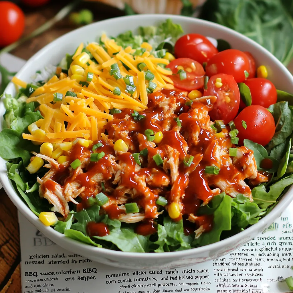 - 2 cups cooked chicken breast, shredded - 4 cups mixed salad greens (romaine, spinach, and arugula) - 1 cup cherry tomatoes, halved - 1 cup corn kernels (fresh, canned, or frozen) - 1 red bell pepper, diced - ½ cup shredded cheddar cheese - ½ cup thick BBQ sauce - ½ cup ranch dressing - ¼ cup green onions, thinly sliced - Salt and pepper to taste - Optional: Crunchy tortilla strips You can try adding other veggies like cucumbers or carrots for extra crunch. Avocado adds creaminess and healthy fats. If you like spice, consider jalapeños or a spicy ranch. Nuts like pecans or walnuts can add a nice crunch too. For BBQ sauce, I love Sweet Baby Ray's for its great balance of sweet and smoky. For ranch dressing, Hidden Valley is a classic choice. However, if you want a fresh taste, try making your own ranch at home! It's simple and so tasty. {{ingredient_image_2}} Start with 2 cups of cooked chicken breast. Shred the chicken into bite-sized pieces. Place the shredded chicken in a large bowl. Pour ½ cup of BBQ sauce over it. Mix well until all the chicken is coated. Let it sit for a few minutes. This helps the chicken soak up the BBQ flavor. Grab another large bowl for the salad base. Add 4 cups of mixed salad greens. I like to use romaine, spinach, and arugula for color. This mix makes the salad look pretty and taste fresh. Lay the greens flat at the bottom. This creates a nice foundation for the toppings. Now, it’s time to add the fun stuff! Scatter 1 cup of halved cherry tomatoes over the greens. Next, sprinkle 1 cup of corn kernels. You can use fresh, canned, or frozen corn—whatever you have. Then, add 1 diced red bell pepper for a crunch. Toss in half of the ¼ cup of sliced green onions. They add a nice zing! Now, carefully place the BBQ chicken mixture on top. Drizzle ½ cup of ranch dressing over everything. Toss gently to mix. Be careful not to crush the greens. Finish with ½ cup of shredded cheddar cheese. Sprinkle the rest of the green onions on top. Add salt and pepper to taste. If you want extra crunch, top with tortilla strips right before serving! To shred chicken well, start with warm cooked chicken. Use two forks to pull apart the chicken. Hold one fork steady and use the other to pull the meat. This method gives you nice, thin pieces. You can also use a stand mixer with a paddle attachment. Just mix on low speed for about 30 seconds. This will save time and effort! Layering your salad makes it look pretty and tasty. Start with the greens at the bottom. This keeps them fresh and crisp. Next, add your veggies like tomatoes and corn. Make sure to spread them out evenly. Then, place the BBQ chicken on top. This keeps the chicken moist and flavorful. Finish with cheese and dressings on top. This way, every bite has a mix of flavors. Serve your BBQ Ranch Chicken Salad in large, shallow bowls. This lets everyone see the colorful layers. For added crunch, top with tortilla strips just before serving. Pair it with a cold drink like lemonade or iced tea. If you want more sides, try garlic bread or fruit salad. These pairings make the meal more fun and delicious! Pro Tips Marinate for More Flavor: Allow the chicken to sit in the BBQ sauce for at least 30 minutes before assembling the salad to enhance the flavor profile. Use Fresh Ingredients: Opt for fresh produce whenever possible to ensure your salad is bursting with flavor and nutrients. Cheese Variations: Experiment with different types of cheese, such as feta or pepper jack, for a unique twist on this salad. Keep Tortilla Strips Crispy: Add the tortilla strips just before serving to maintain their crunch and texture. {{image_4}} You can switch out chicken for other proteins. Try grilled shrimp for a seafood twist. Shredded pork adds a rich flavor. If you like beef, use steak strips. Each protein brings its own unique taste to the salad. To make this salad vegetarian, replace chicken with black beans or chickpeas. These options add protein and fiber. For a vegan version, use a plant-based ranch dressing. You can also add cubes of avocado for creaminess. Change ingredients with the seasons for fresh flavors. In spring, add asparagus or snap peas. In summer, toss in diced mango or avocado. Fall calls for roasted squash or apples. In winter, use hearty greens like kale or roasted root veggies. Each swap makes the salad unique and exciting. To store your BBQ Ranch Chicken Salad leftovers, place them in an airtight container. This keeps the salad fresh and safe to eat. Make sure to store it in the fridge. Use the salad within three days for the best taste. When reheating chicken, do it gently. Place the chicken in a microwave-safe dish. Cover it with a damp paper towel to keep it moist. Heat on medium power in short bursts, checking often. Aim for an internal temperature of 165°F. This ensures it's safe and tasty. To keep salad ingredients fresh, store components separately. Keep the greens in a dry container. Place tomatoes, corn, and peppers in separate bags. Wait to add dressing until you’re ready to eat. This prevents sogginess. If you want to keep crunchy tortilla strips, store them in a separate bag. Enjoy that crunch when you're ready to serve! Yes, you can make this salad ahead of time. Just mix the chicken and BBQ sauce first. Keep the salad greens and veggies separate. When ready to serve, combine everything. This keeps the greens fresh and crisp. I recommend using cooked chicken breast. Shredded chicken breast works best for this salad. You can grill, bake, or even use a rotisserie chicken. It adds great flavor and saves time. To make this salad gluten-free, choose gluten-free BBQ sauce and ranch dressing. Check the labels to ensure they contain no gluten. You can also skip the tortilla strips or find gluten-free options. Absolutely! Homemade ranch dressing adds a personal touch. Use your favorite herbs and spices for flavor. It makes the salad even more special and tailored to your taste. BBQ Ranch Chicken Salad is easy and fun to make. We covered the best ingredients, steps to prepare, and how to customize your dish. I shared tips for storing leftovers and serving ideas. You can mix and match to suit your tastes. Remember, the key is to use fresh ingredients for the best flavor. Enjoy your salad any day of the week!
