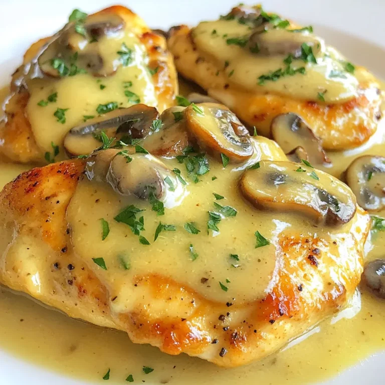 - 4 boneless, skinless chicken breasts - 2 cups of sliced mushrooms (cremini or button varieties work beautifully) - 4 cloves of garlic, finely minced - 1 cup of heavy cream - 1 cup of chicken broth (homemade or low-sodium) - 2 tablespoons of extra virgin olive oil - 1 tablespoon of unsalted butter - 1 teaspoon of fresh or dried thyme - 1 teaspoon of smoked paprika (for depth of flavor) - Salt and freshly cracked black pepper to taste - Freshly chopped parsley for garnish This recipe makes use of fresh and rich ingredients. The chicken breasts serve as a great base. I love using cremini or button mushrooms as they add a nice earthiness. Fresh garlic is key for that punchy flavor. Heavy cream and chicken broth combine to make a dreamy sauce. The olive oil and butter bring richness to the pan. Thyme gives a hint of herbiness. Smoked paprika adds warmth and depth. Salt and pepper balance the dish perfectly. To finish, a sprinkle of parsley adds freshness and color. It makes the dish look pretty and bright. Each ingredient plays a role in the flavor. Together, they create a comforting meal that feels gourmet. {{ingredient_image_2}} - Preheating the Skillet Start by preheating a large skillet over medium heat. This step is key. Heat makes sure the chicken cooks evenly. Add 2 tablespoons of olive oil and 1 tablespoon of unsalted butter. Wait until they shimmer and melt. - Seasoning the Chicken Breasts While the skillet is warming, season the chicken breasts. Use 4 boneless, skinless chicken breasts. Sprinkle salt, freshly cracked black pepper, and 1 teaspoon of smoked paprika on both sides. Make sure each piece has a good coat. This helps to build great flavor. - Searing the Chicken Carefully place the chicken breasts in the hot skillet. Cook for about 5 to 7 minutes on each side. Look for a golden brown color. This shows they are cooking well. - Ensuring Proper Cook Time Use a meat thermometer. Check for an internal temperature of 165°F (75°C). Once cooked, remove the chicken. Place it on a plate and cover it with foil to keep warm. - Sautéing Mushrooms In the same skillet, add 2 cups of sliced mushrooms. Stir them around and sauté for 3 to 4 minutes. You want them tender and golden. They will release their juices, adding flavor. - Adding Garlic and Broth Next, add 4 cloves of finely minced garlic. Sauté for an extra minute. This step adds a lovely aroma. Then pour in 1 cup of chicken broth. Use a wooden spoon to scrape any tasty bits from the bottom. - Incorporating Cream and Thyme Bring the mixture to a gentle simmer. Lower the heat and stir in 1 cup of heavy cream and 1 teaspoon of thyme. Let this simmer for about 2 to 3 minutes. The sauce will thicken nicely. - Combining Chicken and Sauce Return the cooked chicken to the skillet. Make sure each piece is well coated in the creamy sauce. Let everything simmer together for another 3 to 4 minutes. This helps the flavors blend beautifully. To get a great sear, heat your skillet well. A hot skillet helps brown the chicken nicely. Use medium heat to avoid burning. Season your chicken well. Use salt, pepper, and smoked paprika. This gives your chicken a punch of flavor. You can add herbs like rosemary or parsley for extra taste. Thyme works well, but try new herbs too. A squeeze of lemon juice can balance the dish. It adds brightness and cuts through the creaminess. Just a bit of acidity can make the flavors pop. Serve the chicken on a white plate for contrast. Spoon extra creamy mushroom sauce over the top. This enhances the visual appeal. You can pair it with buttered noodles or steamed veggies. They add color and make the meal complete. Pro Tips Use Fresh Ingredients: Fresh garlic and high-quality mushrooms can elevate the flavor of your dish significantly. Always opt for fresh produce when possible for the best taste. Adjust the Creaminess: If you prefer a lighter sauce, you can substitute half of the heavy cream with milk or a non-dairy alternative while still maintaining great flavor. Perfectly Cooked Chicken: Use a meat thermometer to ensure your chicken breasts reach an internal temperature of 165°F (75°C) for juicy and safe-to-eat results. Make it Your Own: Feel free to add other herbs or spices, such as rosemary or oregano, to customize the dish according to your taste preferences. {{image_4}} You can change the protein in this dish. Instead of chicken, try turkey or tofu. Tofu absorbs flavors well and is a great plant-based option. Use firm tofu to keep its shape. Turkey provides a lean alternative that cooks similarly to chicken. Switching mushrooms also adds variety. Cremini and button mushrooms are great, but you can try shiitake or portobello. These mushrooms add unique tastes to the dish. Adding white wine can elevate the sauce. Just pour in a splash after cooking the mushrooms. The wine adds a nice depth. Mustard is another flavorful option. A teaspoon of Dijon mustard can give a tangy twist. Herbs can also change the flavor. Instead of thyme, try basil or oregano. Both herbs work well and bring their own unique tastes. Experiment with fresh or dried herbs to see what you like best. For gluten-free needs, use a gluten-free broth. Most store-bought broths are gluten-free but check the label. You can also thicken the sauce with cornstarch instead of flour. If you need a dairy-free option, use coconut cream or almond milk. These alternatives keep the sauce creamy and delicious. For a low-calorie version, use skinless chicken thighs and light cream. This option lowers calories without losing flavor. - Proper Storage Containers: Use airtight containers to keep your food fresh. Glass containers work well, but plastic ones are fine too. Make sure to cool the chicken before sealing it. - Shelf Life Recommendations: Store your creamy garlic mushroom chicken in the fridge for up to 3-4 days. This keeps the dish safe and tasty for later meals. - How to Freeze Creamy Garlic Mushroom Chicken: Allow the dish to cool completely. Then, place it in a freezer-safe container. Make sure to leave some space at the top, as the food will expand when frozen. - Thawing and Reheating Tips: To thaw, move the chicken from the freezer to the fridge overnight. Reheat it on the stove over low heat. Add a splash of broth or cream to keep it creamy. - Food Safety Best Practices: Always wash your hands before cooking. Keep raw chicken separate from other foods. Cook the chicken to an internal temperature of 165°F (75°C). - How to Tell if Leftovers are Still Good: Check for signs like off smells or changes in color. If it looks or smells funny, it’s better to toss it out. When in doubt, throw it out! Yes, you can use frozen chicken breasts. Just remember to thaw them first. Thawing allows for even cooking. If you cook from frozen, extend the cooking time. Check the internal temperature. It should reach 165°F (75°C) for safety. Always ensure the chicken is cooked through. Yes, you can substitute heavy cream. Here are some great alternatives: - Half-and-half for a lighter option. - Coconut milk for a dairy-free choice. - Greek yogurt for a tangy taste. - Cashew cream for a nut-based option. Each option gives a different taste and texture. Adjust your seasonings to match. You can serve creamy garlic mushroom chicken with: - Buttered noodles for a cozy touch. - Steamed vegetables for a healthy side. - Rice to soak up the sauce. - Mashed potatoes for a creamy delight. These sides balance the meal and enhance flavors. Enjoy mixing and matching your favorites! This blog post covered everything you need to make creamy garlic mushroom chicken. We explored main ingredients like chicken breasts and mushrooms, cooked step-by-step, and shared helpful tips. Variations cater to different diets, and proper storage keeps your leftovers fresh. In the end, enjoy the rich flavors and easy steps. You can impress anyone with this dish! Whether you’re cooking for family or friends, this meal will surely please. Happy cooking!
