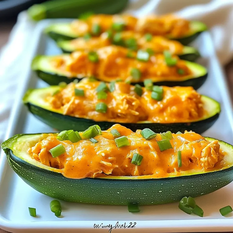 - 4 medium zucchinis - 1 cup cooked chicken, shredded - ½ cup buffalo sauce (adjust to your heat preference) - ½ cup cream cheese, softened to room temperature - 1 cup shredded sharp cheddar cheese, divided - ¼ cup green onions, chopped (plus extra for garnish) - Salt and freshly ground pepper to taste - 1 tablespoon olive oil I love using fresh zucchinis for this recipe. They have a nice crunch and flavor. You can find medium zucchinis at your local market or grocery store. Choose ones that feel firm and look shiny. Next, use cooked chicken for a quick prep. I often shred rotisserie chicken, as it saves time. Mix it with buffalo sauce for that spicy kick. Adjust the sauce to your taste. If you like heat, add more! Cream cheese adds creaminess to the filling. It balances the spice and makes it rich. I always use it at room temperature for smooth mixing. Don't forget the cheddar cheese! It melts perfectly and gives a delicious flavor. I like using sharp cheddar for a stronger taste. Green onions add a fresh, crisp bite. They also make a great garnish. Season the zucchini boats with salt and pepper. This simple step enhances the flavor. Finally, olive oil helps the zucchini roast nicely. {{ingredient_image_2}} - Preheat your oven to 375°F (190°C). - Slice each zucchini in half lengthwise. Scoop out the seeds and some flesh, making hollow boats. - Lightly brush the insides of the zucchini with olive oil. Season with salt and pepper. - Place the zucchini halves cut side up on a baking sheet and bake for 10 minutes. - In a bowl, mix shredded chicken, buffalo sauce, softened cream cheese, half of the shredded cheddar cheese, and chopped green onions. - Stir until all ingredients blend well together. - Remove the zucchini from the oven. Fill each boat with the buffalo chicken mixture. Pack it tightly for the best flavor. - Sprinkle the remaining cheddar cheese on top of the stuffed zucchinis. - Return them to the oven and bake for 15-20 minutes, until the cheese is melted and bubbly. To get the best zucchini texture, pre-baking is key. Pre-baking softens the zucchini without making it mushy. This gives your boats a nice bite. If you skip this step, your zucchini might turn out soggy. - Slice each zucchini in half. - Scoop out the seeds and some flesh. - Brush with olive oil and season. This prep helps maintain the shape and texture of your zucchini. You can easily adjust the heat of your buffalo sauce. If you want it mild, use less sauce. For more heat, add extra sauce or a dash of hot sauce. This way, you can make it fit your taste. Cheese alternatives are also fun to try. If you don’t have cream cheese, use Greek yogurt. It adds creaminess and a bit of tang. You can also mix in other cheeses, like mozzarella or pepper jack, for a twist. Serving your stuffed zucchini boats well makes a big impact. Use a bright platter to show off the vibrant colors. Drizzle extra buffalo sauce on the plate. This adds a pop of color and flavor. Garnish with more chopped green onions. This gives a fresh look and taste. You can also sprinkle some extra cheese on top before serving. It makes your dish look even more appetizing. Enjoy making your zucchini boats the star of the table! Pro Tips Choose Firm Zucchini: Select zucchinis that are firm and not overly large to ensure they hold their shape while baking. Customize the Heat: Adjust the amount of buffalo sauce according to your heat preference; start with less and add more if desired. Experiment with Cheeses: Feel free to mix different cheeses, such as mozzarella or pepper jack, for a unique flavor twist. Make Ahead: Prepare the stuffed zucchini boats ahead of time and refrigerate them. Bake just before serving for a quick meal. {{image_4}} You can switch up the meats in this recipe. Try using ground turkey or lean beef instead of chicken. This change adds a new flavor while keeping it hearty. If you want a vegetarian take, use black beans or chickpeas. They provide protein and a nice texture too. Do you like it mild or hot? You can pick between mild or spicy buffalo sauce. For more kick, add sliced jalapeños or a dash of your favorite hot sauce. This lets you control the heat and makes the dish your own. Feel free to get creative with your stuffing. Mix in chopped bell peppers, onions, or spinach for extra veggies. You can also add grains like quinoa or rice for a more filling meal. These options let you customize the dish to fit your tastes. To keep your buffalo chicken stuffed zucchini boats fresh, store them in the fridge. Place any leftovers in an airtight container. They will stay good for about 3 to 4 days. Make sure to let them cool completely before sealing. When ready to eat, you have a few good options to reheat. The best way is to use the oven. Preheat it to 350°F (175°C). Place the zucchini boats on a baking sheet and cover them with foil. Heat for about 15-20 minutes. This keeps the cheese nice and melty. You can also use a microwave. Heat each boat for 1-2 minutes. Just be cautious, as the cheese may not melt as well. If you want to save some for later, you can freeze the stuffed zucchini. Wrap each boat tightly in plastic wrap, then put them in a freezer bag. This will help prevent freezer burn. They can last up to 2-3 months. When you're ready to eat, thaw them overnight in the fridge. After thawing, reheat them in the oven or microwave. This ensures they taste fresh and delicious! No, you should not use raw chicken. The recipe requires cooked chicken. This ensures safety and flavor. You can use leftover rotisserie chicken or boil and shred your own. Bake the zucchini boats for about 25-30 minutes total. First, bake them for 10 minutes to soften. Then, after filling, bake for another 15-20 minutes until the cheese is melted and bubbly. You can pair these boats with a fresh salad or some crunchy veggies. A cool ranch dip also complements the spicy flavors well. Try serving with some whole grain bread for a complete meal. Yes, you can make this recipe ahead of time. Prepare the stuffed zucchini boats and store them in the fridge. Just bake them before serving. This makes meal prep easy and quick. Absolutely! Buffalo chicken stuffed zucchini boats are great for meal prep. They store well in the fridge and reheat nicely. This dish is healthy and filling, making it perfect for lunches or dinners throughout the week. You now know how to make buffalo chicken stuffed zucchini boats. We covered the main ingredients, step-by-step baking, and helpful tips. You can customize it to your taste, too. Consider different meats or spice levels. Don't forget about storing leftovers or freezing options. This dish is fun to eat and easy to prep. Enjoy your cooking!