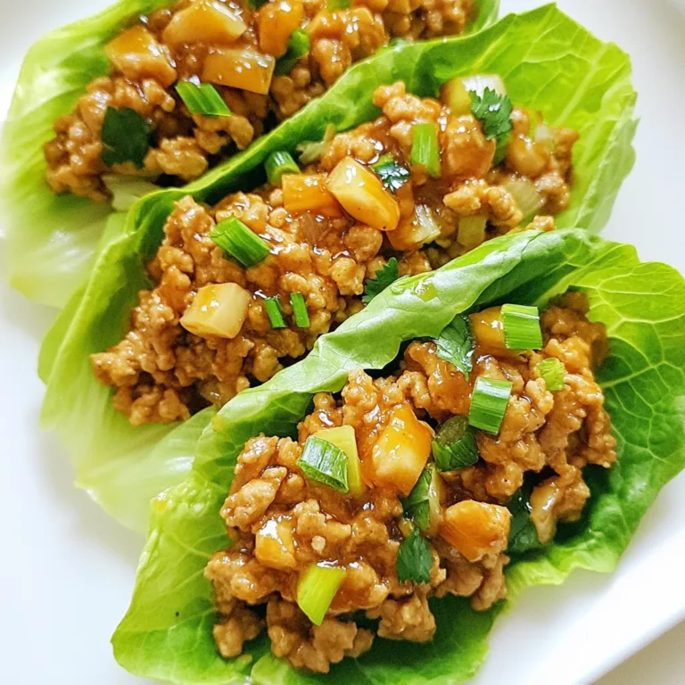 - 1 lb (450g) ground chicken - 1/4 cup creamy peanut butter - 2 tablespoons soy sauce These main ingredients bring the heart of the dish together. The ground chicken cooks fast and absorbs flavors well. Creamy peanut butter adds richness. Soy sauce gives a savory kick. - 1 tablespoon honey - 1 tablespoon sriracha - 1 tablespoon fresh lime juice Honey adds sweetness, balancing the spice. Sriracha brings heat, so adjust it to your taste. Fresh lime juice adds brightness and freshness to the mix. - 1/2 cup water chestnuts, finely diced - 1/4 cup green onions, sliced into thin rings - 1/4 cup fresh cilantro, chopped Water chestnuts add crunch. Green onions give a mild onion flavor. Fresh cilantro offers a burst of herbal notes, enhancing the dish's taste. You can use these optional ingredients to customize your wraps. {{ingredient_image_2}} - Heat the skillet and cook the chicken Start by placing a large skillet over medium heat. Add one tablespoon of sesame oil. Once the oil shimmers, add 1 pound of ground chicken. Cook it for about 5 to 7 minutes. Stir often until the chicken turns brown and is no longer pink. - Incorporate the sauce ingredients Next, lower the heat to medium-low. Add 1/4 cup of creamy peanut butter, 2 tablespoons of soy sauce, 1 tablespoon of honey, 1 tablespoon of sriracha, and 1 tablespoon of fresh lime juice to the chicken. Mix well for about 2 minutes until the sauce is smooth and warm. - Add the water chestnuts To add crunch, gently fold in 1/2 cup of finely diced water chestnuts. Stir this mixture for another 2 minutes. This step enhances the texture of your chicken filling. - Fold in green onions and cilantro Remove the skillet from the heat. Now, add 1/4 cup of sliced green onions and 1/4 cup of chopped cilantro. Season with salt and freshly ground pepper to taste. Mix everything until combined. - Using the lettuce leaves Take a head of butter or iceberg lettuce. Carefully separate the leaves. Each leaf will serve as a wrap. Spoon a generous amount of the spicy peanut chicken filling into the center of each leaf. - Presentation tips To present your wraps beautifully, serve them on a colorful platter. Garnish with extra cilantro and lime wedges. This not only looks appealing but also adds a fresh twist for your guests to enjoy! - Achieving the right texture: Cook the ground chicken until it's brown. This makes the meat tender and juicy. Mix in the creamy peanut butter when the chicken is fully cooked. This helps the sauce cling to the meat well. - Adjusting spice levels: If you like heat, add more sriracha. Start with one tablespoon and taste. You can always add more, but you can't take it away once it's in! For less heat, reduce the sriracha or use mild chili sauce. - Garnishing suggestions: Add fresh cilantro and lime wedges on the platter. This not only adds color but also gives extra flavor. A sprinkle of chopped green onions on top makes it look fancy. - Serving recommendations: Serve the lettuce wraps on a bright platter. This makes the dish pop. You can also pair it with a side of rice or a light salad for a complete meal. - Undercooking chicken: Always cook the chicken until there is no pink left. This ensures it is safe to eat. Use a meat thermometer if you're unsure; it should reach 165°F. - Overfilling lettuce wraps: Don't load too much filling in the lettuce. It can tear easily. A spoonful or two is just right. This makes it easier to fold and eat without making a mess. Pro Tips Adjust the Heat: If you prefer a milder flavor, reduce the amount of sriracha or substitute it with a less spicy sauce. Fresh Herbs Matter: Using fresh cilantro and green onions enhances the flavor profile; avoid dried alternatives when possible. Perfect Lettuce Leaves: Choose sturdy lettuce like butter or iceberg to hold the filling well without tearing. Meal Prep Friendly: Prepare the chicken filling ahead of time and store it in the fridge; just assemble the wraps when ready to serve! {{image_4}} You can switch up the protein in these wraps. Ground turkey works well as a lighter option. It has a mild flavor and cooks quickly, just like chicken. If you want a plant-based choice, try tofu. Firm tofu absorbs flavors well. Just press it first to remove excess water, then cube and cook until golden. Changing the sauce can make these wraps unique. Thai chili sauce adds a sweet heat that many love. It gives a nice kick without being too spicy. Hoisin sauce is another great option. It brings a rich, sweet flavor to the mix. Feel free to experiment with these sauces to find your favorite! Adding vegetables can enhance the crunch and nutrition of your wraps. Shredded carrots bring a sweet crunch to each bite. They also add a bright color. Bell peppers are another tasty choice. They add a crisp texture and a bit of sweetness. Mix and match these add-ins to create your ideal wrap! To keep your spicy peanut chicken lettuce wraps fresh, store them right. Place the filling in an airtight container. Avoid placing the lettuce in the same container, as it can wilt. Instead, wrap the lettuce leaves in a damp paper towel. This helps them stay crisp. You can refrigerate the filling for up to three days. For longer storage, you can freeze the chicken filling. Just remember to cool it first before freezing. For the best reheating, use a skillet over medium heat. This method helps keep the chicken moist. Stir the filling often. You can also microwave it, but cover it to keep moisture in. If using the microwave, heat in short bursts. Check the temperature to ensure it's hot throughout. To keep the texture nice, avoid reheating too long. In the fridge, your spicy peanut chicken filling lasts about three days. If you freeze it, it can last up to three months. Always check for signs of spoilage before eating. Look for any off smells or changes in color. If the chicken looks dry or discolored, it's best to toss it. Freshness is key to enjoying these tasty wraps! To make this dish gluten-free, use gluten-free soy sauce. Brands like Tamari work great. Make sure all other ingredients are gluten-free too. Check labels for safety. You can also swap out the soy sauce for coconut aminos, which adds a nice flavor without gluten. Yes, you can prep the filling ahead of time. It takes about 10 minutes to prepare. You can store it in the fridge for up to two days. Just keep it in an airtight container. When ready to eat, simply reheat it in a skillet. Add the lettuce leaves fresh, so they stay crisp. These wraps go well with a side of rice or quinoa. They also pair nicely with a simple cucumber salad. For drinks, try iced tea or a light beer. Both will complement the spicy flavors well. These Spicy Peanut Chicken Lettuce Wraps are simple and fun. You learned about the key ingredients like ground chicken and creamy peanut butter, plus tasty extras like honey and lime juice. The steps are easy, from cooking to assembling your wraps. Remember the tips to avoid common mistakes and store your leftovers correctly. You can also try variations with turkey or tofu for a twist. Enjoy making these wraps and impress your friends with your cooking skills!