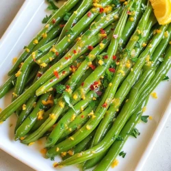 - 1 pound fresh green beans, trimmed - 4 tablespoons unsalted butter - 4 cloves garlic, finely minced - 1 teaspoon red pepper flakes - 1 tablespoon soy sauce - Salt and pepper, to taste - Zest of 1 lemon - 1 tablespoon fresh lemon juice - 2 tablespoons chopped fresh cilantro For this recipe, fresh green beans work best. If you need a substitute, you can use frozen green beans. They save time, but fresh beans give a better taste. If you want less spice, cut the red pepper flakes in half. You can also swap soy sauce with tamari for a gluten-free option. Use olive oil instead of butter for a dairy-free version. Fresh green beans have a crisp texture and bright flavor. They are perfect for this dish. Frozen green beans are often blanched before freezing. They can be convenient, but they may lose some texture. If possible, choose fresh for the best taste. When you cook fresh beans, they stay vibrant and crisp, giving your dish a lively appeal. {{ingredient_image_2}} To start, fill a large pot with salted water and bring it to a boil. You want the water to be bubbling. Once it’s boiling, add 1 pound of fresh green beans. Cook the beans for 2-3 minutes. They should turn bright green and stay crisp. After blanching, quickly drain the beans. Then, plunge them into a bowl of ice water. This stops the cooking and keeps their color nice and bright. Once they are cool, drain them again and set them aside. Next, we’ll make the garlic butter. Grab a large skillet and melt 4 tablespoons of unsalted butter over medium heat. When the butter is melted and bubbling, it’s time to add the flavor. Toss in 4 cloves of finely minced garlic and 1 teaspoon of red pepper flakes. Sauté this mix for 1-2 minutes. Stir often to avoid burning. You want the garlic to smell great, not brown. Now, take the blanched green beans and add them to the skillet. Toss them gently in the garlic butter to coat them well. Then, pour in 1 tablespoon of soy sauce. Mix everything together until the beans are evenly seasoned. Cook the green beans for 3-4 more minutes. Stir frequently to make sure they shine and warm up. Before serving, taste and add salt and pepper as needed. Finally, add the zest and juice of 1 lemon, mixing it all together for a bright flavor. You can change the flavor easily! Try adding some fresh herbs, like basil or thyme. They add a nice touch. If you want more spice, add more red pepper flakes or fresh chili. For a twist, mix in some toasted sesame oil. It gives a nutty flavor that pairs well with green beans. To keep your green beans tender and bright, blanch them first. Boil them in salted water for just 2-3 minutes. After that, cool them in ice water. This stops the cooking and keeps the color bright. When cooking in the skillet, stir often. This helps the beans cook evenly without getting mushy. For a stunning look, use a white platter. It makes the green beans pop! Drizzle any extra garlic butter from the skillet over the beans. This adds richness and flavor. You can also add lemon wedges on the side. They look great and add a zesty touch. Fresh cilantro on top gives a nice color contrast and extra flavor. Pro Tips Blanching Technique: Make sure to plunge the green beans into ice water immediately after blanching. This locks in their vibrant color and crisp texture. Garlic Cooking Time: Keep an eye on the garlic while sautéing; it should be fragrant but not browned. Burnt garlic can impart a bitter flavor to the dish. Season to Taste: Always taste your dish before serving. Adjust salt, pepper, and soy sauce to achieve the perfect flavor balance. Fresh Herbs for Garnish: Use freshly chopped cilantro or other herbs for garnish. They enhance the dish’s flavor and provide a beautiful contrast to the green beans. {{image_4}} Adding bacon to this dish will take it to new heights. The salty and smoky flavor of crispy bacon pairs perfectly with the green beans. To make this, cook 4-6 strips of bacon in the skillet first. Once crispy, remove the bacon and set it aside. Use the bacon fat to sauté the garlic and red pepper flakes. Then, add the green beans and follow the rest of the recipe. Crumble the bacon over the finished dish for added texture and taste. If you want to keep this dish vegetarian, skip the bacon. You can add a variety of other ingredients to enhance flavor. Try adding toasted nuts, like almonds or walnuts, for crunch. Another option is to toss in some sautéed mushrooms for an earthy taste. You can also use vegetable broth instead of soy sauce for a different depth of flavor. You can change the flavor of Spicy Garlic Butter Green Beans to suit your taste. For a cheesy twist, sprinkle grated Parmesan cheese over the beans just before serving. The cheese will melt slightly and add a creamy texture. If you prefer a fresher taste, use lemon herbs. Add fresh thyme or basil along with the lemon zest and juice. This will give the dish a bright and refreshing note that complements the spice beautifully. After enjoying your spicy garlic butter green beans, store any leftovers in an airtight container. Make sure they cool down first to keep them fresh. Place the container in the fridge. These green beans will last for about three to four days. Always check for any off smells or changes in texture before eating leftovers. If you want to save your green beans for later, freezing is a great option. First, blanch the beans as you did in the recipe. After cooling them in ice water, drain them well. Next, lay the green beans flat on a baking sheet and freeze them for about two hours. Once frozen, transfer them to a freezer-safe bag. Your green beans can stay fresh for about six months in the freezer. To reheat your green beans, heat them in a skillet over medium heat. Add a bit of butter or oil to keep them moist. Stir occasionally until they are warmed through. You can also microwave them in a covered dish with a splash of water for about 1-2 minutes. Make sure to check if they are hot enough before serving. Enjoy your vibrant side dish again! Yes, you can use frozen green beans. They are quick and easy. Just make sure to thaw them first. You can blanch them in hot water for 1-2 minutes. This helps keep their bright color. Frozen beans may cook faster, so watch them closely. To adjust the spice level, change the amount of red pepper flakes. For a milder dish, use less than a teaspoon. You can also skip the flakes if you prefer no heat. If you want it spicier, add more than a teaspoon. Taste as you go to find your perfect balance. These green beans pair well with many dishes. Try serving them with grilled chicken or fish. They also go great with rice or quinoa. For a complete meal, add a fresh salad on the side. Their bright flavor complements a wide range of foods. Yes, you can prepare this dish in advance. Cook the green beans and garlic butter and store them separately. Keep them in the fridge for up to two days. When ready to serve, reheat them in a skillet. Add the lemon juice and zest just before serving for freshness. This blog post guides you through making delicious garlic butter green beans. We covered ingredients, how to prepare them, and tips for the best flavor. You can choose fresh or frozen beans and explore tasty variations. Remember to store leftovers correctly to enjoy later. Cooking can be fun and simple, so don’t hesitate to try new ideas. You will impress friends and family with your skills. Enjoy your cooking journey and the tasty results!