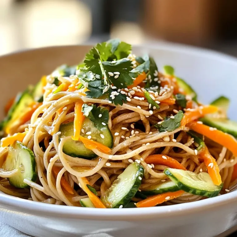 - 8 oz soba noodles - 2 tablespoons sesame oil - 2 tablespoons soy sauce - 1 tablespoon rice vinegar - 1 teaspoon chili paste (adjust to personal spice preference) - 1 tablespoon creamy peanut butter or tahini - 1 teaspoon freshly grated ginger - 1 clove garlic, finely minced - 2 green onions, thinly sliced - 1 small cucumber, peeled and julienned - 1 medium carrot, peeled and julienned - 1 tablespoon sesame seeds, toasted for extra flavor - Fresh cilantro leaves for garnish Spicy sesame cold noodles are packed with flavor. Each ingredient plays a role. The soba noodles add a hearty base. Sesame oil and soy sauce create a rich, savory taste. Rice vinegar adds a tangy note that balances the dish. Chili paste provides a spicy kick, which you can adjust. Peanut butter or tahini gives a creamy texture. Fresh ginger and garlic enhance the depth of flavor. The vegetables bring a crunch and freshness. Green onions, cucumber, and carrots brighten every bite. For garnishes, toasted sesame seeds add a nutty crunch. Fresh cilantro leaves bring a burst of color and flavor. These ingredients come together for a dish that is both fresh and flavorful. You'll love how easy it is to make this dish shine. {{ingredient_image_2}} Start by filling a large pot with water. Add a generous pinch of salt. Bring the water to a rolling boil. Carefully add your soba noodles. Cook according to the package instructions, usually around 4 to 5 minutes. You want them tender but still firm. Once cooked, drain the noodles. Rinse them under cold water to stop the cooking. This helps cool them down and keeps them from sticking. Next, grab a medium bowl. Combine the sesame oil, soy sauce, rice vinegar, chili paste, and peanut butter or tahini. Add freshly grated ginger and minced garlic. Whisk these ingredients together until smooth. If you like it spicier, add more chili paste. Taste as you go, adjusting the spice to your liking. In a large bowl, add the cooled noodles. Drizzle the dressing over them. Use tongs or large forks to toss the noodles. Make sure they are well coated in the sauce. Now, add the sliced green onions, julienned cucumber, and carrot. Toss everything together. You want the colorful veggies spread throughout the noodles. Finally, transfer the spicy sesame cold noodles to a serving platter. Lightly sprinkle toasted sesame seeds on top. Add fresh cilantro leaves for extra flavor and a pop of color. Enjoy your fresh and flavorful dish! - Alternative noodles you can use: You can swap soba noodles for rice noodles or whole wheat noodles. Both work well in this dish. - Healthier dressing options: For a lighter version, use low-sodium soy sauce and reduce the peanut butter. You can also add lime juice for a zesty twist. - Ensuring noodles are not overcooked: Watch the timer closely. Cook soba noodles for only 4-5 minutes. Rinse them quickly to stop the cooking. - Enhancing flavors with fresh herbs: Add fresh mint or basil for extra flavor. These herbs brighten the dish and add a fresh taste. - Best serving dishes: Use shallow bowls to show off the colorful noodles and veggies. It makes for a beautiful presentation. - Pairing options and side dishes: Serve these noodles with grilled chicken or tofu for protein. A light cucumber salad pairs well too, adding crunch and freshness. Pro Tips Adjust the Spice Level: Feel free to customize the amount of chili paste based on your heat preference. Start with less and add more to taste! Chill the Noodles: After rinsing the cooked noodles, consider chilling them in the refrigerator for about 30 minutes for an extra refreshing bite. Add Proteins: For a heartier meal, toss in some cooked chicken, shrimp, or tofu to the noodle dish for added flavor and nutrition. Experiment with Vegetables: Feel free to swap in other crunchy vegetables like bell peppers, radishes, or snap peas for added texture and taste. {{image_4}} For a vegan version, swap the peanut butter with tahini. Both options work well and add creaminess. You can also replace soy sauce with tamari for a gluten-free dressing. For gluten-free noodles, use rice noodles or zucchini noodles. They give a nice twist while keeping the dish light. If you want more heat, try using fresh red chilies or chili flakes. Just chop them up and add them to the dressing. For a milder taste, reduce the chili paste or skip it entirely. Kids often prefer less spice, so use sweet soy sauce or a dash of honey instead. Add protein to make your meal heartier. Grilled chicken or marinated tofu are both great choices. For crunch, sprinkle on toasted sesame seeds or chopped peanuts. They add texture and flavor, making the dish more exciting and satisfying. Spicy sesame cold noodles last about 3 to 4 days in the fridge. Store them in an airtight container to keep them fresh. Glass or plastic containers work well for this. Make sure to let the noodles cool completely before sealing them up. To reheat, use the microwave or a pan on low heat. Add a splash of water or oil to help keep the noodles moist. Avoid high heat to prevent the noodles from becoming mushy. Don’t reheat more than once to maintain the best texture. You can make spicy sesame cold noodles ahead for quick meals. Cook a big batch and store portions in the fridge. This makes it easy to grab and go. Pack the noodles in single servings for lunch or dinner. Spicy sesame cold noodles are a tasty dish that originates from East Asia. They feature noodles tossed in a rich sauce made from sesame oil, soy sauce, and chili paste. This dish is popular in many cultures, especially during hot weather. The cold noodles are refreshing and full of flavor, making them a great meal for any time. Yes, you can prepare spicy sesame cold noodles ahead of time. Cook the noodles and store them in the fridge. Make the sauce and keep it in a separate container. When you are ready to eat, combine the noodles and sauce. Add the fresh veggies right before serving. This makes meal prep easy and quick! To adjust the spice level, start with a small amount of chili paste. You can always add more later. If you want less heat, use half the amount of chili paste. You can also swap it for sweet chili sauce. This way, you can make the dish perfect for your taste! In this post, we explored spicy sesame cold noodles. We discussed key ingredients, like soba noodles and fresh vegetables. You learned step-by-step cooking instructions and simple serving tips. I shared variations for vegan and gluten-free diets. Remember, adjusting spice levels can customize this dish for your taste. These noodles make a great meal for any time. Enjoy experimenting with toppings and flavors. Happy cooking!
