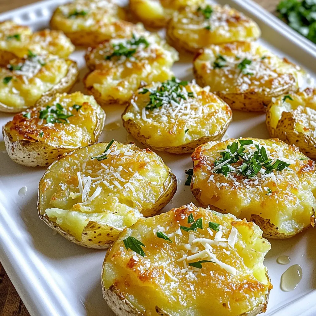 - 1.5 lbs baby Yukon Gold potatoes - 4 cloves garlic, minced - 1/2 cup grated Parmesan cheese - 1/4 cup olive oil - 1/4 cup heavy cream - Salt and pepper to taste - Fresh parsley for garnish Garlic Parmesan Smashed Potatoes need simple, fresh ingredients. The star of this dish is the baby Yukon Gold potatoes. They are creamy and buttery. I love using them because they smash well and taste great. Next, garlic adds a punch of flavor. I use four cloves, minced, to ensure every bite is tasty. Parmesan cheese brings a rich, salty kick. I prefer using freshly grated cheese for better melting and flavor. For creaminess, I add heavy cream. It makes the potatoes smooth and rich. Olive oil gives a nice finish and helps the potatoes crisp up. Finally, don’t forget salt and pepper. They balance the flavors and enhance the dish. Fresh parsley adds a pop of color and a hint of freshness on top. When you gather these ingredients, you prepare for a delightful cooking experience. Enjoy the process! Fill a large pot with water and add a generous pinch of salt. Next, place the baby Yukon Gold potatoes into the water. Bring this to a vigorous boil. Cook the potatoes for about 15-20 minutes until they are fork-tender. You can check doneness by poking a potato with a fork. After the potatoes finish boiling, carefully drain them using a colander. Let them cool for a few minutes. This cooling step is key. It helps you handle the potatoes without burning your fingers. While the potatoes cool, preheat your oven to 425°F (220°C). This hot oven will give the potatoes a nice crispy finish. Once the potatoes are cool enough, place them on a parchment-lined baking sheet. With a fork or potato masher, gently smash each potato. Flatten them a bit, but keep them intact. This rustic look adds charm. In a medium bowl, whisk together the minced garlic, olive oil, heavy cream, and half of the grated Parmesan cheese. Make sure to season this mixture with salt and pepper to taste. This blend brings a rich flavor. Evenly drizzle or brush the garlic-Parmesan mixture over the smashed potatoes. Make sure each potato gets a good coating. Then, place the baking sheet in your preheated oven. Bake for 20-25 minutes until the edges turn golden brown and crispy. During the last 5 minutes of baking, sprinkle the remaining grated Parmesan cheese over the potatoes. This will melt into a delicious cheesy layer. Once out of the oven, let the potatoes sit for a moment. Finish with a sprinkle of finely chopped fresh parsley for color and freshness. - Boil the potatoes until they are fork-tender. This takes about 15-20 minutes. - Use a gentle hand when smashing. This keeps them looking great on the plate. - These smashed potatoes pair well with meats like chicken or beef. They also make a great side at gatherings. - Drizzle any leftover garlic-Parmesan mixture over the top. This adds even more flavor. - Feel free to experiment with herbs like rosemary or thyme. They can add a new twist. - For extra crunch, consider adding crispy bacon bits. This brings a savory touch. {{image_4}} Garlic Parmesan smashed potatoes are a fantastic base for many twists. You can easily change the flavor to suit your taste. - Add different cheeses like cheddar or feta for a richer taste. - Mix in sour cream for extra creaminess and tang. These changes give a fun new spin to the classic dish. - Incorporate fresh rosemary or thyme for an earthy flavor. - Try adding chives for a mild onion kick. Fresh herbs can brighten your dish and add depth. - Substitute heavy cream with plant-based cream to keep it dairy-free. - Use nutritional yeast instead of Parmesan for a savory kick. These swaps make the dish vegan-friendly while keeping it tasty. After you enjoy your Garlic Parmesan Smashed Potatoes, store any leftovers in an airtight container. This keeps them fresh and tasty. They are best consumed within 2-3 days. If you want to make these potatoes ahead of time, freeze them before baking. This way, you can easily prepare a delicious meal later. When you're ready to bake, thaw them in the fridge overnight for the best results. To reheat, use your oven. This method keeps the potatoes crispy. Just pop them in the oven until warm. If you’re in a hurry, the microwave works too, but the texture may suffer a bit. To make your Garlic Parmesan Smashed Potatoes crispy, first, ensure your oven is hot. Preheat it to 425°F (220°C). This step is key for nice texture. Once you bake the potatoes, look for golden edges. Bake them for 20-25 minutes. This will give you that wonderful crunch. Yes, you can use other potatoes, but Yukon Gold is best. Yukon Gold potatoes have a creamy texture and rich flavor. They smash well and hold their shape. This makes them perfect for this dish. Other types may not give you the same result. Garlic Parmesan Smashed Potatoes pair well with many dishes. They go great with grilled meats, like chicken or steak. You can also serve them with roasted veggies. They add a nice touch to a hearty meal. Enjoy them at your next gathering for a hit! Garlic Parmesan smashed potatoes are a simple yet tasty side dish. We covered the main steps: boiling, smashing, and baking the potatoes to achieve a golden finish. You can try various cheese types or add fresh herbs for a twist. Store leftovers in the fridge or freeze before cooking for later use. Enjoy these delightful potatoes at your next meal or gathering to impress your guests. Remember, cooking is all about experimenting and finding what you love!