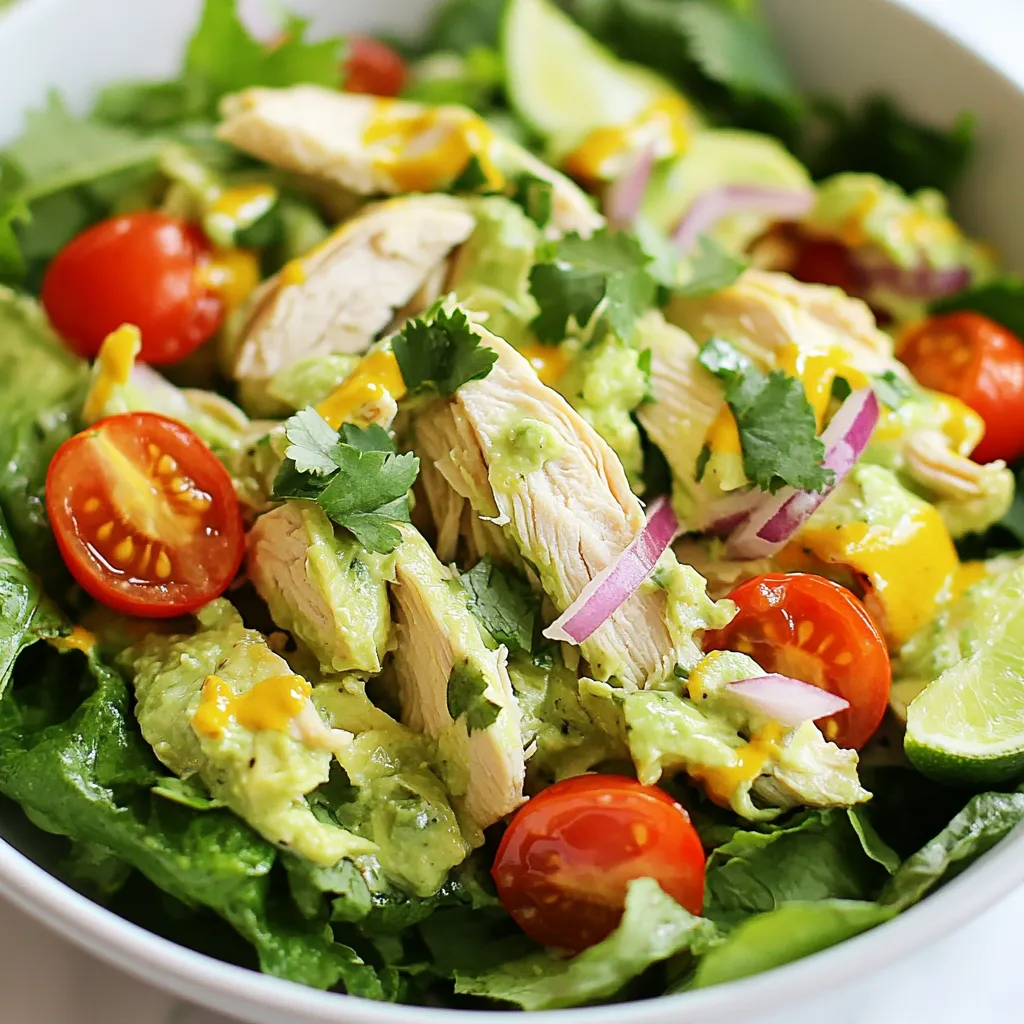 - 2 cups cooked chicken, shredded - 1 ripe avocado, mashed until smooth - 1/4 cup plain Greek yogurt - 1 tablespoon Dijon mustard - 1 tablespoon freshly squeezed lime juice - Salt and freshly ground black pepper to taste - 1/4 cup red onion, finely diced - 1/2 cup cherry tomatoes, halved - 1/4 cup fresh cilantro, chopped - 4 cups mixed salad greens (such as romaine, spinach, and arugula) The base of this salad is simple yet satisfying. I use shredded chicken for protein. It adds flavor and texture. The ripe avocado makes it creamy and rich. To boost nutrition, I blend in Greek yogurt. This keeps it light but filling. Next, I add Dijon mustard and lime juice for a zing. They bring brightness to every bite. Don't forget the salt and pepper. These help enhance all the flavors. For crunch and color, I fold in red onion, halved cherry tomatoes, and fresh cilantro. They give the salad a fresh taste. Finally, I serve it over mixed salad greens. The greens add a nice pop of color. This creamy avocado chicken salad is fresh, healthy, and full of flavor. It is perfect for lunch or a light dinner. Enjoy the easy prep and delightful taste! {{ingredient_image_2}} Start by gathering your ingredients. In a large bowl, combine the shredded chicken, smooth mashed avocado, Greek yogurt, Dijon mustard, and lime juice. Use a fork or spatula to mix everything well. You want the mixture to be creamy and fully blended. This step is key to achieving a rich texture. Next, gently fold in the finely diced red onion, halved cherry tomatoes, and chopped cilantro. Be careful not to mash the tomatoes while mixing. After that, taste the mixture. Season it with salt and freshly ground black pepper. You can adjust the lime juice and Dijon mustard if you want a stronger flavor. Now it’s time to serve! Arrange the mixed salad greens on a platter or individual plates. This makes for a colorful base. Generously scoop the creamy avocado chicken salad over the greens. For a finishing touch, drizzle some extra lime juice on top and garnish with more cilantro. This adds a nice pop of flavor and color. - Use ripe avocados for a smoother texture. Ripe avocados blend well and add creaminess. - Experiment with different types of yogurt for unique flavors. Try Greek, coconut, or almond yogurt. - Adjust lime juice and mustard for personal taste preferences. More lime adds zing, while mustard gives depth. - Add extra herbs for additional freshness. Cilantro, parsley, or dill can brighten your salad. - Serve in clear glass bowls to showcase vibrant ingredients. This makes your dish more appealing and fun. - Include lime wedges for added zest at serving. Guests can squeeze lime for extra flavor. Pro Tips Use Fresh Ingredients: Fresh vegetables and herbs will elevate the flavor of your chicken salad. Opt for ripe avocados and crisp greens for the best taste and texture. Customize Your Seasoning: Feel free to adjust the lime juice and Dijon mustard according to your taste preferences. A little more acidity or spice can make a big difference! Make It Ahead: This salad can be prepared a few hours in advance. Just keep the dressing separate until ready to serve to avoid soggy greens. Pair with Crunch: Consider adding nuts, seeds, or even crispy tortilla strips on top for an added crunch that contrasts beautifully with the creaminess of the salad. {{image_4}} You can change up the protein in your creamy avocado chicken salad. Swap the chicken for tofu or chickpeas for a tasty vegetarian option. Tofu adds a nice texture, while chickpeas offer a hearty bite. If you want to save time, use leftover grilled chicken or rotisserie chicken. This makes meal prep quick and easy. To add some crunch to your salad, consider incorporating diced cucumbers or bell peppers. These veggies bring a fresh bite that pairs well with the creamy avocado. You can also mix in feta cheese or drizzle in avocado oil for extra richness. Both options enhance the flavor and make the salad even more satisfying. Exploring different dressings can elevate your creamy avocado chicken salad. A cilantro lime vinaigrette adds a zesty kick, while spicy ranch gives a bold flavor. You can also adjust the amount of yogurt or lime juice to achieve your desired creaminess or tanginess. Don’t be afraid to experiment until you find your perfect mix! Refrigerate your chicken salad in an airtight container for up to 3 days. This helps keep it fresh. Avoid mixing the salad greens with the chicken salad before storing. This way, your greens stay crisp. Freezing is not recommended for this salad. The texture of the avocado changes when frozen. For the best taste and quality, prepare the salad fresh when you need it. Serve the chicken salad chilled for the best flavor. If it becomes too thick, add a little yogurt or lime juice to loosen it up. If your greens dry out, refresh them with a light sprinkle of water. This keeps your salad looking great and tasting fresh. Yes, you can prepare the chicken salad a day in advance. Just store the dressing separately until you are ready to serve. You can use mayonnaise, sour cream, or a dairy-free yogurt alternative. Each option changes the taste a bit, so pick what you like best. Absolutely! You can add any vegetables you enjoy. Try corn, diced cucumbers, or shredded carrots for extra crunch and flavor. This chicken salad combines simple ingredients for a tasty dish. You start with shredded chicken and creamy avocado, then add Greek yogurt for richness. You can enhance the flavor with mustard, lime juice, and fresh veggies. The tips help you adjust the taste to your liking. Remember, it's easy to swap proteins or add different veggies. Serve it fresh for the best taste. Enjoy making this dish your own while keeping it healthy!