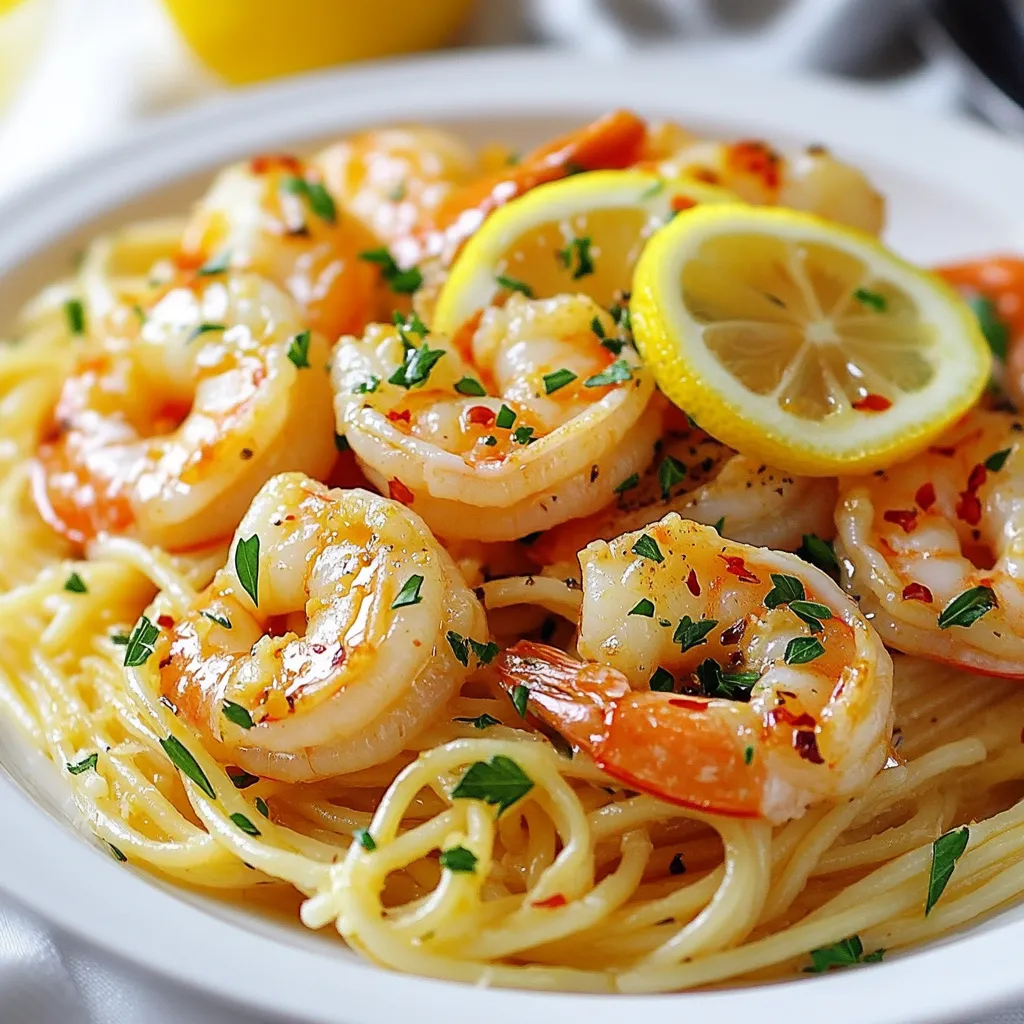 - 1 pound large shrimp, peeled and deveined - 4 cloves garlic, finely minced - 1/4 cup unsalted butter - 1/4 cup high-quality olive oil - Zest and juice of 1 large lemon - 1/2 teaspoon red pepper flakes - Salt and freshly cracked black pepper to taste - 8 ounces linguine or spaghetti - Fresh parsley, finely chopped for garnish - Lemon slices, for garnish Each ingredient plays a key role in Lemon Garlic Shrimp Scampi. The shrimp provide protein and a sweet flavor. Garlic adds a strong, savory taste that enhances the dish. Butter and olive oil create a rich sauce that binds all flavors together. Lemon zest and juice add brightness and acidity, cutting through the richness. Red pepper flakes bring heat, while salt and pepper boost all the flavors. The pasta serves as a base, soaking up the sauce. To ensure the best results, use large shrimp for a meaty bite. Mince the garlic finely to release its oils. When cooking, don't let the garlic brown, or it will taste bitter. Cooking the shrimp until they turn pink keeps them tender and juicy. If you need alternatives, here are some ideas: - Shrimp: Try scallops or chicken for a different protein. - Butter: Use vegan butter or olive oil for a dairy-free option. - Lemon: Lime juice works well if you want a different citrus twist. - Pasta: Whole wheat or gluten-free pasta can replace regular pasta. - Fresh parsley: Basil or cilantro can be used for a fresh garnish. These substitutions can help customize the dish to fit your taste or dietary needs. {{ingredient_image_2}} Start by filling a large pot with water. Add some salt and bring it to a boil. This step helps flavor the pasta. Once boiling, add 8 ounces of linguine or spaghetti. Cook it according to the package directions until it’s al dente, which means it’s firm but not hard. Before you drain the pasta, save 1 cup of the cooking water. This water will help make the sauce later. After saving the water, drain the pasta and set it aside. In a large skillet, pour in 1/4 cup of unsalted butter and 1/4 cup of olive oil. Heat the skillet over medium heat. As the butter melts, add 4 cloves of finely minced garlic. Stir it gently for about 1 minute. You want the garlic to smell nice but not turn brown. Browning can make it bitter. Once the garlic is fragrant, it’s time to add the shrimp. Increase the heat to medium-high. Add 1 pound of large shrimp to the skillet. Season them with 1/2 teaspoon of red pepper flakes, salt, and freshly cracked black pepper. Cook the shrimp for about 2-3 minutes on each side. They should turn pink and opaque. After cooking, add the zest and juice of 1 large lemon to the skillet. Stir everything together. If the sauce looks thick, gradually mix in some reserved pasta water until it’s silky. Finally, toss in the drained pasta and mix it all well. Taste your dish and adjust the salt and pepper if needed. When making Lemon Garlic Shrimp Scampi, avoid these common slip-ups: - Overcooking shrimp: Shrimp cooks fast. Cook only until they turn pink and opaque. - Burning garlic: Garlic should smell sweet, not bitter. Sauté it on medium heat. - Not reserving pasta water: Always save some pasta water. It helps create a silky sauce. - Skipping seasoning: Don’t forget salt and pepper. These enhance the dish's bright flavors. To get the right texture in your shrimp scampi, follow these tips: - Use fresh shrimp: Fresh shrimp has a better flavor and texture than frozen. - Cook pasta al dente: This keeps pasta firm and helps it hold the sauce. - Add pasta to the sauce: Mix the drained pasta with the shrimp and sauce for even coating. - Adjust sauce thickness: If the sauce is too thick, add reserved pasta water until it’s just right. Making your dish look great is easy with these ideas: - Use shallow bowls: They showcase the colorful shrimp and sauce beautifully. - Garnish well: Fresh parsley adds color and freshness. Lemon slices make it pop. - Sprinkle red pepper flakes: This adds a nice visual touch and hints at spice. - Serve hot: Enjoy it right away for the best flavor and texture. Pro Tips Use Fresh Shrimp: Always opt for the freshest shrimp available, as this will enhance the flavor and texture of your dish. If possible, buy shrimp that is still in the shell and peel it yourself for maximum freshness. Mind the Garlic: To prevent the garlic from burning and turning bitter, ensure you sauté it over medium heat and watch it closely. Garlic should become fragrant, not brown. Adjust the Spice: Feel free to customize the heat level by adjusting the amount of red pepper flakes. Start with a smaller amount and add more if you prefer a spicier kick. Pasta Water is Your Friend: The reserved pasta water is a great tool for achieving the perfect sauce consistency. Add it gradually to ensure your sauce remains silky and doesn’t become too watery. {{image_4}} If you want to switch it up, try using chicken or scallops. Chicken breast works well; just cut it into bite-sized pieces. Cook it the same way as shrimp. For scallops, cook them until golden brown. They add a sweet, buttery taste. You can even go for a plant-based option, like tofu or tempeh. Use firm varieties and press them to remove excess moisture. This keeps them from getting soggy in the pan. Adding veggies boosts the dish's nutrition and flavor. Consider spinach, cherry tomatoes, or bell peppers. Spinach wilts quickly, so add it at the end. Cherry tomatoes burst with sweetness; toss them in when you add the shrimp. Bell peppers add crunch and color; slice them thin and sauté them first. These additions make the dish more colorful and healthy. You can mix and match to find your favorite combo. For those who love spice, kick up the heat! Start with more red pepper flakes. A whole teaspoon gives a nice kick. You can also add sliced jalapeños or fresh chili peppers. If you want a smoky flavor, toss in some smoked paprika. Adjust the spice to your taste. Just remember, you can always add more, but you can't take it out once it's in! To keep your leftover shrimp scampi fresh, store it in an airtight container. Make sure to place it in the fridge. It will stay tasty for about two days. Always let the dish cool down before sealing it. This way, it won't trap steam and make your shrimp soggy. When it's time to enjoy your leftovers, reheating is key. I recommend using a skillet for the best results. Heat it on medium-low. Add a splash of water or broth to help steam the shrimp. This keeps them juicy and flavorful. Stir the dish gently until it's warm. You can also use the microwave if you're in a hurry. Just heat it in short bursts, stirring in between. If you want to save shrimp scampi for later, freezing works well. Put the dish in a freezer-safe container. It can last for up to three months. Just make sure to label the container with the date. To eat, thaw it in the fridge overnight. Then reheat as mentioned above. This way, you can enjoy that zesty lemon flavor anytime! For shrimp scampi, I recommend using linguine or spaghetti. Both of these pastas hold the sauce well. They have a nice bite and pair well with shrimp. If you prefer a gluten-free option, try rice noodles or gluten-free pasta. Just cook them according to the package directions. Yes, you can make shrimp scampi ahead of time, but it’s best to cook the pasta fresh. Cook the shrimp and sauce, then store them in the fridge. When you are ready to eat, reheat the shrimp mixture. Cook the pasta right before serving to keep it al dente. To avoid overcooking shrimp, watch the color closely. Cook them until they turn pink and opaque. This usually takes about 2-3 minutes per side. If you see them curling tightly, they are done. If you cook them too long, they become rubbery. Always use medium-high heat for best results. You now have all the info needed to make a great Lemon Garlic Shrimp Scampi. We covered the key ingredients and their roles. You learned how to cook pasta just right and prepare shrimp for great taste. Remember the tips to avoid common mistakes and make it look nice on a plate. You can try variations for different flavors too. Finally, proper storage helps keep your dish fresh. Enjoy cooking and sharing this tasty meal with friends and family!