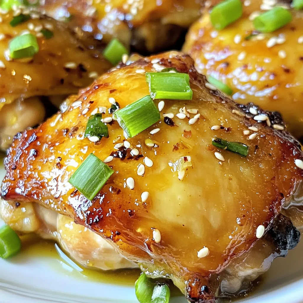 - 4 bone-in, skin-on chicken thighs - 1/4 cup honey - 4 cloves garlic, finely minced - 2 tablespoons low-sodium soy sauce - 1 tablespoon apple cider vinegar - 1 teaspoon fresh ginger, grated - Salt and freshly cracked black pepper, to taste - 1 tablespoon olive oil - 2 green onions, finely chopped (for garnish) - Sesame seeds (for garnishing) Each ingredient plays a role in flavor. The honey adds sweetness, while the soy sauce gives a salty touch. Garlic and ginger bring a nice kick. I suggest using fresh garlic and ginger for the best taste. The apple cider vinegar balances the flavors. Use salt and pepper to enhance the taste of the chicken. You can swap the honey for maple syrup if needed. For the soy sauce, coconut aminos work well for a gluten-free option. If you don't have apple cider vinegar, white vinegar can serve as a substitute. Feel free to switch out chicken thighs for drumsticks or breasts, but adjust the cooking time as needed. {{ingredient_image_2}} First, set your oven to 400°F (200°C). This step helps the chicken cook evenly. A hot oven ensures a crispy skin and juicy meat. In a medium bowl, combine these ingredients: - 1/4 cup honey - 4 cloves garlic, finely minced - 2 tablespoons low-sodium soy sauce - 1 tablespoon apple cider vinegar - 1 teaspoon fresh ginger, grated Whisk these together until they blend well. This mixture is your marinade. It gives the chicken a sweet and savory flavor. Take 4 bone-in, skin-on chicken thighs and season them with salt and black pepper. Heat 1 tablespoon of olive oil in a large, oven-safe skillet over medium-high heat. When the oil shimmers, add the chicken thighs skin-side down. Cook them for 5-7 minutes. You want the skin to turn crispy and golden brown. This adds great texture. Carefully flip the chicken thighs using tongs. Pour the honey-garlic marinade over them. Let it simmer gently in the skillet. This step allows all the flavors to soak into the chicken. Now, transfer the skillet to the preheated oven. Bake for about 25-30 minutes. The chicken should reach an internal temperature of 165°F (75°C). After baking, use oven mitts to take the skillet out of the oven. Let the chicken rest for a few minutes. This step keeps the juices inside the meat. Just before serving, sprinkle chopped green onions and sesame seeds on top. This adds a nice touch and extra flavor. Enjoy your delicious honey garlic chicken thighs! To get that perfect crispy skin, start with dry chicken thighs. Pat them with paper towels to remove moisture. Season them well with salt and black pepper. Searing in a hot skillet is key. Cook skin-side down for 5-7 minutes until golden brown. Don’t rush this step! The color means flavor. For deeper flavor, marinate the chicken for at least an hour. If you can, let it sit overnight in the fridge. This allows the honey, garlic, and ginger to soak in. You can also add a splash of lime juice or a pinch of red pepper flakes for a kick. Experiment with fresh herbs like thyme or rosemary to freshen things up. Use a heavy, oven-safe skillet for best results. Cast iron works great because it holds heat well. A good pair of tongs is essential for flipping the chicken. Make sure to have a meat thermometer handy; it ensures the chicken is cooked through. An oven mitt is a must to safely handle hot skillets. Pro Tips Marinate for Maximum Flavor: For even more intense flavor, marinate the chicken thighs for at least 1 hour, or overnight in the refrigerator. This allows the honey, garlic, and ginger to fully penetrate the meat. Use a Meat Thermometer: To ensure perfectly cooked chicken, use a meat thermometer to check the internal temperature. Chicken should reach 165°F (75°C) for safe consumption. Customize Your Marinade: Feel free to experiment with the marinade by adding ingredients like chili flakes for heat, or a splash of orange juice for a citrusy twist. This can elevate the dish even further. Resting Time is Crucial: After baking, let the chicken rest for 5 minutes before serving. This allows the juices to redistribute, ensuring each bite is tender and juicy. {{image_4}} You can add spices to your honey garlic chicken for a new twist. Try using paprika for a mild smokiness. Cumin adds a warm flavor that pairs well with honey. For a kick, add red pepper flakes or cayenne pepper. Just a pinch can make a big difference. Mix these spices into the marinade before you coat the chicken. It will give your dish more depth. If you want to switch up the sweetness, use maple syrup or agave nectar. Both of these sweeteners work well with the garlic and soy sauce. They add a unique flavor while keeping the dish sweet. Remember, the amount may vary. Start with the same amount as honey and adjust to taste. You might even try brown sugar for a richer flavor. It melts nicely and adds a slight caramel note. Honey garlic chicken thighs are great on their own, but sides make them even better. Serve the chicken with steamed rice or fluffy quinoa. Both absorb the delicious sauce well. Roasted vegetables add color and nutrition to your plate. Try broccoli, carrots, or bell peppers for a healthy mix. Don't forget a fresh salad on the side for crunch. It makes the meal feel complete and balanced. Enjoy your meal! After enjoying your honey garlic chicken thighs, store any leftovers in an airtight container. Make sure they cool down to room temperature first. This helps keep them fresh. Place the container in the fridge. Your chicken will last for about three to four days. To reheat the chicken, preheat your oven to 350°F (175°C). Place the chicken thighs on a baking dish. Cover them with foil to keep them moist. Heat for about 15-20 minutes, or until they are warm throughout. You can also use a microwave if you're in a hurry. Heat on medium power for about 2-3 minutes. Check to make sure they are hot. If you want to keep the chicken longer, freezing is a great option. Wrap each thigh in plastic wrap. Then, place them in a freezer bag. Remove as much air as possible before sealing. This method helps avoid freezer burn. You can freeze the chicken for up to three months. When ready to eat, thaw in the fridge overnight before reheating. Yes, you can use boneless chicken thighs. They cook faster than bone-in thighs. Adjust the baking time to about 20 minutes. Always check for an internal temperature of 165°F. Boneless thighs will still soak up the honey-garlic flavor well. I love serving these thighs with rice or quinoa. Steamed veggies like broccoli or green beans add color. You can also pair it with a simple salad. The sweet and savory sauce goes well with these sides. To add spice, mix in some red pepper flakes. You can also use hot sauce in the marinade. For a fresh kick, add diced jalapeños. This will give your honey garlic chicken thighs a nice heat boost! This post covered everything you need for honey garlic chicken thighs. We looked at ingredients, cooking steps, and tips for the best results. I shared ways to vary the recipe and how to store leftovers, too. Now, you have the tools to create a tasty meal. Enjoy cooking and experimenting with flavors! Your kitchen can be a fun place to find new favorite dishes.