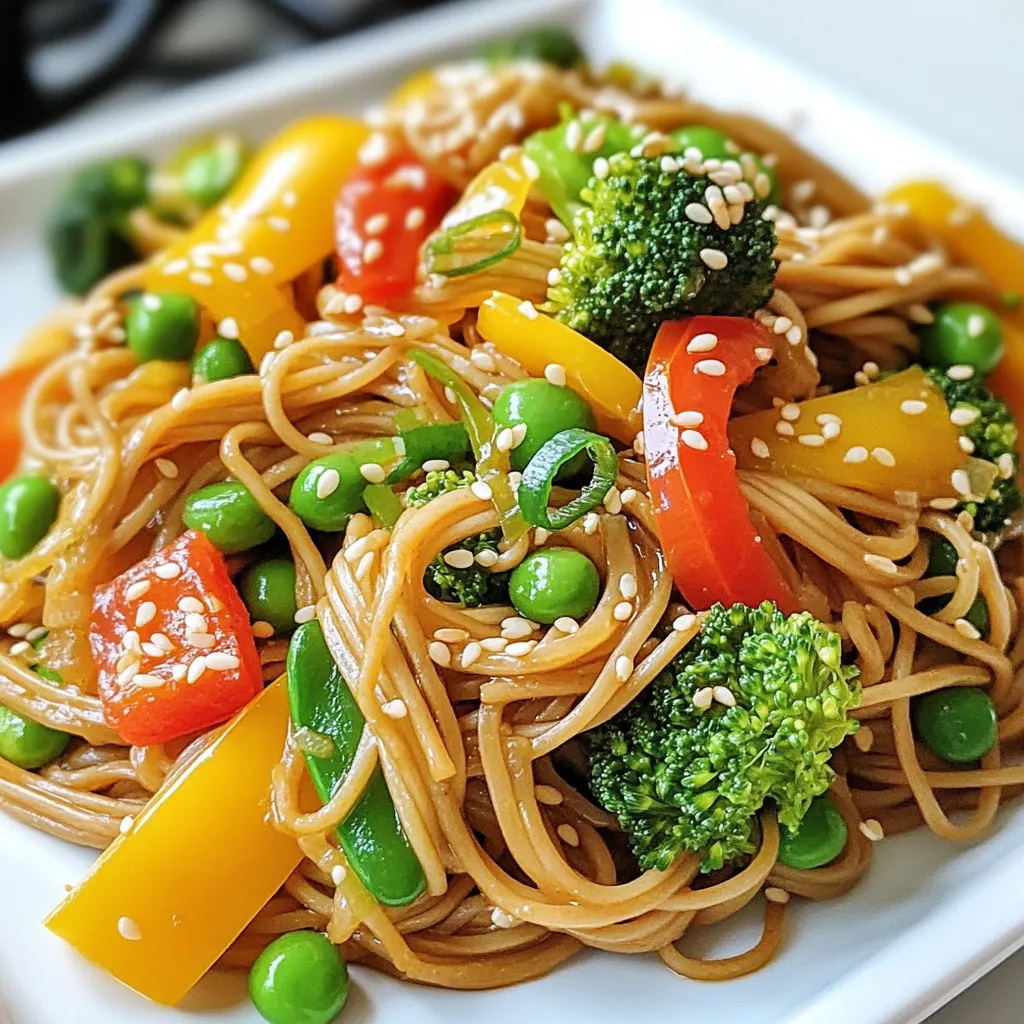 You need these key ingredients to make a great Ginger Soy Soba Noodle Stir Fry: - 200g soba noodles - 2 tablespoons sesame oil - 1 tablespoon fresh ginger, minced - 3 garlic cloves, minced - 1 bell pepper (choose red or yellow), sliced - 1 cup broccoli florets - 1 cup snap peas - 2 carrots, julienned - 3 green onions, chopped - 4 tablespoons soy sauce - 1 tablespoon rice vinegar - 1 tablespoon honey or maple syrup - 1 tablespoon sesame seeds If you lack some ingredients, don't worry. Here are some easy swaps: - Use whole wheat noodles instead of soba for more fiber. - Swap sesame oil with olive oil if needed. - Try using garlic powder if you don't have fresh garlic. - Any green veggie, like green beans or zucchini, can replace snap peas. - Maple syrup works well in place of honey for a vegan option. Make sure you have these tools ready: - A large pot for cooking noodles - A colander for draining noodles - A skillet or wok for stir-frying - A mixing bowl for the sauce - A whisk or fork for mixing the sauce - A knife and cutting board for chopping veggies With these ingredients and tools, you're ready to create a delicious Ginger Soy Soba Noodle Stir Fry! {{ingredient_image_2}} To start, bring a large pot of water to a vigorous boil. Once it’s boiling, add the soba noodles. Cook them for about 4 to 5 minutes. You want them al dente, so check often. After cooking, drain the noodles in a colander. Rinse them under cold water to stop the cooking. This step is key to keeping your noodles firm. Set them aside for later. In a small bowl, mix together the soy sauce, rice vinegar, honey or maple syrup, and minced ginger. Whisk these until they blend well. The sauce adds a nice sweet and salty flavor. Set this aside; you’ll use it soon. Grab a large skillet or wok. Heat it over medium-high heat and add the sesame oil. Wait until the oil shimmers. Then, add the minced garlic. Sauté it for about 30 seconds. Keep stirring to avoid burning. Next, add your sliced bell pepper, broccoli florets, snap peas, and julienned carrots. Stir-fry these for 5 to 7 minutes. You want them to soften but stay crisp and colorful. Now it's time to combine everything. Add the cooked soba noodles to the pan with the vegetables. Pour in the sauce you made earlier. Toss everything together well. Make sure the noodles and veggies get coated in the sauce. Stir-fry for another 2 to 3 minutes. This lets the flavors mix and heat everything through. Once your dish is ready, turn off the heat. Sprinkle the chopped green onions and sesame seeds on top. Give it a gentle toss to mix in the garnishes. For a nice touch, serve the stir-fry in wide bowls or on large plates. Add extra sesame seeds and a few sprigs of green onions for color. Enjoy your meal! To cook soba noodles, start with a large pot of water. Bring it to a rolling boil. Add the noodles and stir gently. Cook them for about 4-5 minutes. You want them to be al dente, so check often. Once done, drain the noodles and rinse them under cold water. This stops the cooking process and keeps them from getting sticky. Set them aside for later. When stir-frying, use a hot pan or wok. Heat the sesame oil until it shimmers. Add garlic first; it gives great flavor. Stir it for about 30 seconds. Next, add your veggies. Stir-fry them quickly to keep them crisp. This helps lock in color and nutrients. Keep things moving in the pan. Toss the noodles in last, so they mix well with the sauce and veggies. To boost flavor, try adding crushed red pepper flakes for some heat. You can also mix in fresh herbs like cilantro or basil for a fresh taste. If you love umami, consider adding a splash of mushroom sauce or a teaspoon of miso paste. For a sweet twist, use maple syrup or honey in your sauce. Experiment with these options to make the dish your own! Pro Tips Use Fresh Ingredients: Fresh vegetables and herbs will enhance the flavor and nutritional value of your dish. Opt for seasonal produce whenever possible. Don’t Overcook the Noodles: Soba noodles should be cooked just until al dente. Overcooking can lead to a mushy texture, which won't hold up in the stir-fry. Customize Your Vegetables: Feel free to mix and match your favorite vegetables. This recipe is versatile, so you can include zucchini, mushrooms, or bok choy based on your preference. Adjust the Sauce to Taste: The balance of soy sauce, vinegar, and sweetness can be adjusted according to your taste. Taste the sauce before adding it to the stir-fry and modify as needed. {{image_4}} You can easily make this dish vegetarian or vegan. Simply swap out the honey for maple syrup. This keeps the sweetness while making it vegan. You can also add more veggies like mushrooms or eggplant for extra texture. They soak up the sauce well and add depth to the dish. Adding protein boosts the meal's heartiness. For a vegan option, use firm tofu. Press it to remove excess water, then cube and pan-fry until golden. For meat lovers, chicken or shrimp work great. Cook chicken slices until they are no longer pink or sauté shrimp until they turn pink and opaque. Feel free to mix in your favorite veggies. Zucchini, bell pepper, or cabbage all work well. You can even toss in some spinach for a pop of green. The key is to keep the colors bright and the flavors fresh. Each vegetable adds its own unique taste and crunch to the stir fry. After enjoying your Ginger Soy Soba Noodle Stir Fry, you may have some leftovers. To store them, let the dish cool to room temperature. Then, place it in an airtight container. This helps keep the flavors fresh. Store it in the fridge for up to three days. If you use a glass container, it can help with keeping the food fresh longer. When you're ready to enjoy your leftovers, reheating is easy. You can use a skillet or a microwave. If using a skillet, add a splash of water or oil. Heat on medium until warm. Stir often to keep it from sticking. For the microwave, place the stir fry in a safe bowl. Cover it with a microwave-safe lid or plate. Heat in short bursts, stirring in between. This keeps it from getting too hot. If you want to save your stir fry for later, freezing works well. First, let the dish cool completely. Then, pack it into a freezer-safe bag or container. Make sure to squeeze out as much air as possible. This step helps prevent freezer burn. You can freeze the stir fry for up to three months. When you're ready to eat it, thaw it in the fridge overnight before reheating. Soba noodles are made from buckwheat flour. This gives them many health perks. They are high in protein and fiber. Eating them may help control weight. They also support heart health due to their low glycemic index. Plus, they are rich in vitamins and minerals. This makes soba a smart choice for balanced meals. Yes, you can swap soba noodles for other types. Try whole wheat spaghetti or rice noodles. Each will give a different taste and texture. Just remember to adjust cooking times based on the noodles you choose. This helps keep your dish fresh and fun. To make this stir fry gluten-free, use gluten-free soba noodles. These noodles are made from 100% buckwheat. Always check the label to ensure they are certified gluten-free. You can also use rice noodles instead. This makes the dish safe for those with gluten sensitivities. You can pair this stir fry with many sides. Try serving it with a light salad or steamed veggies. You can also add some grilled chicken or tofu for protein. This adds more flavor and makes your meal hearty. For extra crunch, sprinkle some toasted nuts on top. The total time to prepare this dish is about 20 minutes. This includes 10 minutes to prep and 10 minutes to cook. It’s quick and easy, perfect for busy days. You can have a delicious meal ready in no time! This blog post covered the key steps to make Ginger Soy Soba Noodle Stir Fry. We discussed the required ingredients, essential tools, and cooking techniques for perfect soba noodles. You can adapt this dish with various proteins and vegetables. Remember to store leftovers properly and reheat them for future meals. With these tips, you can enjoy a tasty, satisfying dish that suits your diet. Embrace your creativity and make this stir fry your own!