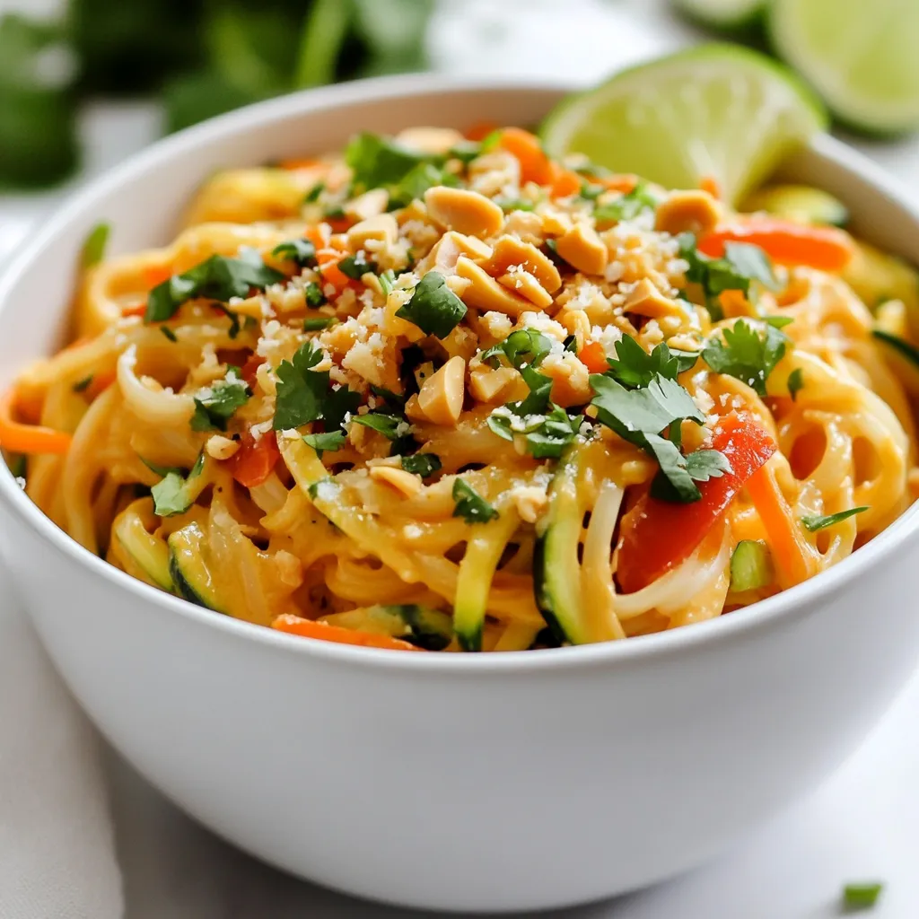 - 8 oz rice noodles - 1 cup shredded carrots - 1 cup bell pepper, thinly sliced - 1 cup zucchini, spiralized or julienned - 1/2 cup green onions, finely chopped - 1/2 cup fresh cilantro, roughly chopped - 1/2 cup creamy peanut butter - 1/4 cup soy sauce (use tamari for gluten-free) - 2 tablespoons freshly squeezed lime juice - 2 tablespoons maple syrup or honey - 1 tablespoon sesame oil (plus more for stir-frying) - 2 teaspoons sriracha sauce (adjust for more heat) - Crushed peanuts and lime wedges for garnish You can add a few extras to make the dish even better. Here are some ideas: - Chopped peanuts for added crunch - Lime wedges for extra zing - Extra cilantro for a fresh taste - Sesame seeds for a nutty flavor If you need to swap ingredients, here are some easy options: - For rice noodles, try soba or whole wheat pasta. - Use almond or sunflower seed butter instead of peanut butter. - Substitute maple syrup with agave nectar or coconut sugar. - For sriracha, use chili paste or red pepper flakes. - Replace zucchini with bell peppers or snap peas. These swaps keep the recipe tasty and fun! {{ingredient_image_2}} To start, cook the rice noodles according to the package instructions. This usually takes around 6 to 8 minutes. Once they reach al dente, drain them well. Rinse the noodles under cold water. This stops the cooking and keeps them from sticking together. Set the noodles aside for later. Next, grab a large mixing bowl. In it, combine the creamy peanut butter, soy sauce, lime juice, maple syrup or honey, sesame oil, and sriracha sauce. Whisk these ingredients well until you achieve a smooth sauce. If the sauce feels too thick, add a tablespoon of warm water. Keep whisking until you reach a nice consistency. Now it’s time to cook the veggies. Heat a large skillet or wok over medium-high heat. Add a splash of sesame oil or a bit of water for a lighter option. Once hot, toss in the shredded carrots, bell pepper, and zucchini. Stir-fry these vegetables for about 3 to 4 minutes. You want them tender but still crisp. Add the reserved rice noodles to the skillet with the veggies. Pour the peanut sauce over everything. Gently toss the noodles and vegetables together. Make sure the noodles get coated with the sauce. Cook for another 2 to 3 minutes, just to heat everything through. Remove the skillet from heat. Stir in the chopped green onions and fresh cilantro. Taste the dish and adjust the flavor. You can add more sriracha or soy sauce if needed. To serve, plate the hot noodles. Garnish with crushed peanuts and lime wedges on the side. This adds a nice touch of flavor and makes it look great! To cook perfect rice noodles, follow the package instructions closely. Usually, you boil them for a few minutes. Check for doneness; they should be tender but not mushy. After draining, rinse them under cold water. This step stops the cooking and keeps them from sticking together. If you want extra flavor, toss them with a little sesame oil after rinsing. This adds a nice touch. The sauce needs to be smooth and creamy. Start by mixing the peanut butter, soy sauce, lime juice, maple syrup, sesame oil, and sriracha. If it feels too thick, add warm water, a little at a time. Whisk until you reach your desired consistency. It should coat the noodles well, but not be runny. A great sauce makes your dish shine. For those who love spice, don't be shy with the sriracha! Start with two teaspoons, but you can always add more. Taste as you go. You might also try adding chili flakes or fresh chopped chilies for extra heat. If it gets too spicy, balance with more peanut butter or a touch of honey. Finding your perfect spice level can make this dish even more enjoyable. Pro Tips Choose the Right Noodles: For the best texture, use high-quality rice noodles that are specifically labeled for stir-frying. They should be cooked until just tender to prevent mushiness. Customize Your Veggies: Feel free to mix and match vegetables based on your preference or seasonal availability. Broccoli, snap peas, or bean sprouts can add great flavor and crunch! Adjusting Spice Levels: If you're unsure about the heat level, start with less sriracha and add more gradually. You can always add more spice but can’t take it back! Make Ahead for Meal Prep: This dish can be made ahead of time and stored in the refrigerator for up to 3 days. Just reheat in a skillet with a little water to loosen the sauce before serving. {{image_4}} You can easily add protein to your Spicy Thai Peanut Noodles. For chicken, use grilled or sautéed pieces. Cook the chicken ahead, then toss it with your noodles. If you prefer tofu, use firm tofu. Cut it into cubes and pan-fry until golden. Shrimp is another great option. Sauté the shrimp until they turn pink and add them right before serving. To make this dish gluten-free, substitute regular soy sauce with tamari. Tamari tastes similar but is made without wheat. Also, ensure your rice noodles are labeled gluten-free. Most rice noodles are safe, but always check the package. If you want a vegan dish, simply use maple syrup instead of honey. The rest of the ingredients are already vegan-friendly. For the protein, stick with tofu or even chickpeas. Both options add great flavor and texture. These variations let you customize your meal. Enjoy experimenting with different proteins and dietary needs! To store leftovers of Spicy Thai Peanut Noodles, put them in an airtight container. Make sure the noodles cool down first. This helps avoid sogginess. You can store them in the fridge for up to four days. When you're ready to eat your leftovers, heat them in a pan over medium heat. Add a splash of water or a bit of sesame oil. This will help revive the sauce and prevent sticking. Stir often until warmed through. You can also use a microwave. Just cover the bowl to keep moisture in. Heat for about one to two minutes, stirring halfway through. These noodles are best enjoyed fresh, but they last well in the fridge. If stored correctly, they stay good for about four days. If you freeze them, they can last up to three months. However, the texture may change when thawed. If you need a substitute for peanut butter, try almond butter. You can also use sunflower seed butter for a nut-free option. Both will give a similar creamy texture and nutty flavor, but taste a bit different. You can adjust the sweetness and saltiness in the sauce to match your taste. Yes, you can make this dish ahead of time. Cook the noodles and prepare the sauce. Store them separately in the fridge. When you are ready to eat, stir-fry the veggies and mix everything together. This keeps the noodles from getting mushy. These noodles can be as spicy as you want! The base recipe uses two teaspoons of sriracha. If you love heat, add more sriracha to your taste. You can also use fresh chilies for extra spice. Start small and taste as you go. This recipe is easy to adapt. To make it gluten-free, use tamari instead of soy sauce. For a vegan option, replace honey with maple syrup. Check if your peanut butter is vegan, too. Always read labels to stay safe with allergies. Spicy Thai Peanut Noodles are easy to make and packed with flavor. You learned about key ingredients, cooking steps, and tips for the best taste. Plus, we discussed variations for different diets and how to store leftovers. Try these noodles to impress friends or spice up your dinners. Enjoy experimenting with flavors and making this dish your own!
