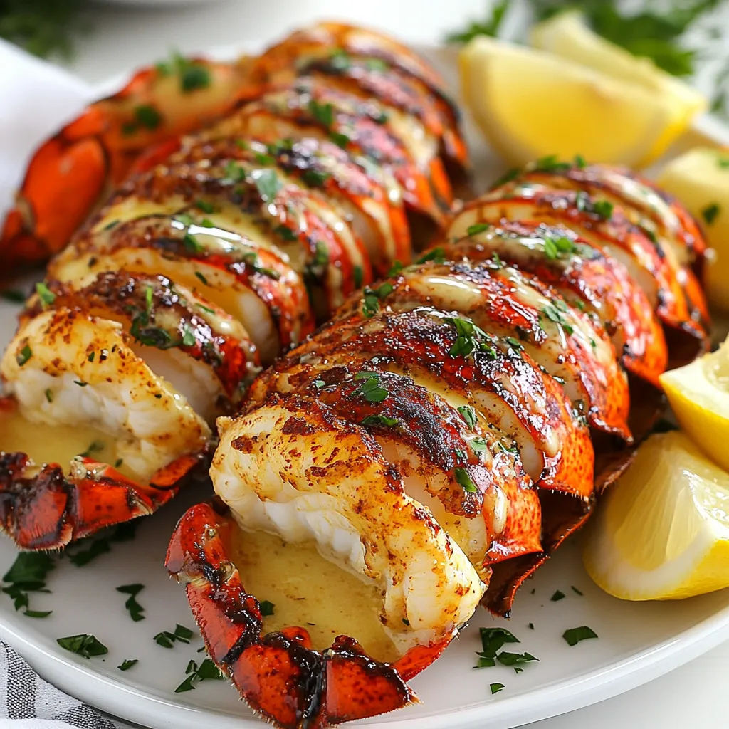 - 4 succulent lobster tails - 1/2 cup unsalted butter, at room temperature - 5 cloves of fresh garlic, finely minced - 2 tablespoons fresh parsley, finely chopped - 1 tablespoon freshly squeezed lemon juice - 1 teaspoon smoked paprika - Salt and freshly ground black pepper to taste - Lemon wedges for serving Fresh ingredients make a big difference in taste. Fresh lobster tails have a sweet, tender meat that is hard to beat. The garlic should be fresh, too. It gives a strong, bold flavor. Fresh parsley adds brightness and color. Using fresh lemon juice enhances the dish with a zesty kick. Always choose high-quality ingredients for the best results. They will take your garlic butter lobster tails from good to great! If you can't find fresh lobster tails, you can use frozen ones. Just make sure to thaw them properly before cooking. Instead of unsalted butter, you can use salted butter, but cut back on added salt. If you need a garlic substitute, garlic powder works, but it won't be as strong or fresh. For smoked paprika, regular paprika can be used, but you will lose some depth of flavor. Feel free to get creative with your ingredients while keeping the spirit of the dish! {{ingredient_image_2}} Start by preheating your oven to 425°F (220°C). This makes sure it's hot when you need it. Next, take kitchen scissors and cut through the hard shell of each lobster tail. Begin at the wider end and move towards the tail. Be careful not to cut into the meat. You want the lobster to stay intact. After you cut the shell, gently pull it apart with your fingers. This helps loosen the meat and lifts it above the shell. Doing this gives you a beautiful presentation and helps the lobster cook evenly. Now, let’s make the garlic butter. In a small saucepan, melt 1/2 cup of unsalted butter over medium-low heat. Once the butter is melted, add 5 cloves of finely minced garlic. Sauté the garlic for about 1-2 minutes until it smells great. Be careful not to let it brown. Burnt garlic tastes bitter. Once the garlic is fragrant, remove the pan from heat. Stir in 2 tablespoons of finely chopped parsley, 1 tablespoon of lemon juice, and 1 teaspoon of smoked paprika. Add a pinch of salt and freshly ground black pepper. Mix everything well to combine all the flavors. With the lobster tails prepped and the garlic butter ready, it’s time to assemble. Use a brush to apply the garlic butter mixture generously over each lobster tail. Make sure to get some into the crevices for extra flavor. Don’t hold back—this is where the magic happens! Arrange the lobster tails on a baking sheet. Space them out nicely and drizzle any extra garlic butter on top. Place the baking sheet in your preheated oven. Bake for about 12-15 minutes. The lobster meat should turn opaque and reach an internal temperature of 145°F (63°C). To get a nice golden brown finish, switch your oven to broil for the last 2-3 minutes. Keep a close eye on them. You want them beautifully browned, not burnt. Once they are done, take the lobster tails out of the oven and let them rest for a few minutes. This resting time helps the flavors come together and keeps the lobster juicy. To cut lobster tails well, use sharp kitchen scissors. Start from the wide end of the shell. Cut carefully down the center, stopping before you reach the meat. This keeps the lobster intact. Gently pull the shell apart. Lift the meat slightly for a nice look. Cook lobster tails until the meat is opaque. This usually takes about 12-15 minutes at 425°F (220°C). Use a meat thermometer to check for an internal temperature of 145°F (63°C). For a golden finish, broil for an extra 2-3 minutes. Keep an eye on them so they don’t burn. You can add more flavor by using spices. Try cayenne pepper for heat or lemon zest for brightness. Fresh herbs, like thyme or dill, can also add freshness. Don't skip the smoked paprika; it gives depth. Mix these with the garlic butter for a tasty twist. Pro Tips Use Fresh Ingredients: Always opt for fresh lobster tails and quality garlic for the best flavor. Fresh ingredients enhance the overall taste of your dish significantly. Perfect Butter Melting: Melt the butter slowly over medium-low heat to prevent it from burning. This ensures a rich, smooth garlic butter that complements the lobster perfectly. Monitor Cooking Time: Every oven is different, so keep an eye on the lobster tails as they cook. Remove them from the oven once they are opaque to avoid overcooking. Rest Before Serving: Allow the lobster tails to rest for a few minutes after baking. This helps the juices redistribute, making for a more succulent and flavorful bite. {{image_4}} Grilling lobster tails adds a smoky flavor. To make grilled garlic butter lobster tails, follow the same prep steps. After cutting the shell, brush the garlic butter mix on the meat. Preheat your grill to medium-high heat. Place the lobster tails on the grill, meat side down. Grill for about 5-7 minutes. Flip and grill for another 5-7 minutes, until the meat is opaque. This method gives a nice char and adds depth. For a twist, try a creamy garlic sauce. Start with the same garlic butter base. After melting the butter, add 1/2 cup of heavy cream. Stir it well over low heat until combined. Brush this creamy garlic mix onto the lobster tails. Bake or grill as usual. The sauce adds richness and a smooth texture that pairs perfectly with the lobster. You can elevate your lobster tails with cheese or other toppings. Try adding shredded Parmesan or mozzarella on top of the lobster before baking. The cheese will melt and create a delicious crust. You can also sprinkle breadcrumbs mixed with garlic and herbs for extra crunch. Just remember to keep an eye on it while baking to avoid burning. These toppings can bring new flavors to your dish and make it even more special. To keep leftover lobster tails fresh, first let them cool. Place them in an airtight container. You can store them in the fridge for up to two days. Make sure the tails are covered well to keep out air. This helps maintain their flavor and texture. When you are ready to enjoy leftover lobster tails, reheating is key. Preheat your oven to 350°F (175°C). Place the lobster tails on a baking sheet. Cover them with foil to keep them moist. Heat for about 10-15 minutes or until warm. This method keeps the meat juicy and tasty. Avoid the microwave, as it can make the lobster tough. Yes, you can freeze lobster tails! This is a great way to enjoy them later. First, wrap each tail tightly in plastic wrap. Then, place them in a freezer bag or airtight container. Label the bag with the date. You can freeze them for up to three months. When ready to cook, thaw them in the fridge overnight before reheating or cooking. You should cook lobster tails for 12 to 15 minutes at 425°F (220°C). The time may vary based on tail size. Ensure they are opaque and firm. Check the color and texture. Cooked lobster meat turns white and opaque. It should feel firm to the touch. You can also use a meat thermometer; it should read 145°F (63°C). Yes, you can use frozen lobster tails! Just thaw them fully before cooking. Place them in the fridge overnight or in cold water for quicker results. Thawing ensures even cooking and great flavor. In this post, we explored fresh ingredients for lobster tails and how to prepare them. Fresh ingredients lead to better flavor. I shared steps for prepping, baking, and broiling lobster tails. Tips helped you cut, cook, and enhance taste. I also gave you ideas for variations and how to store leftovers. Remember, practice makes perfect. Enjoy your cooking journey!