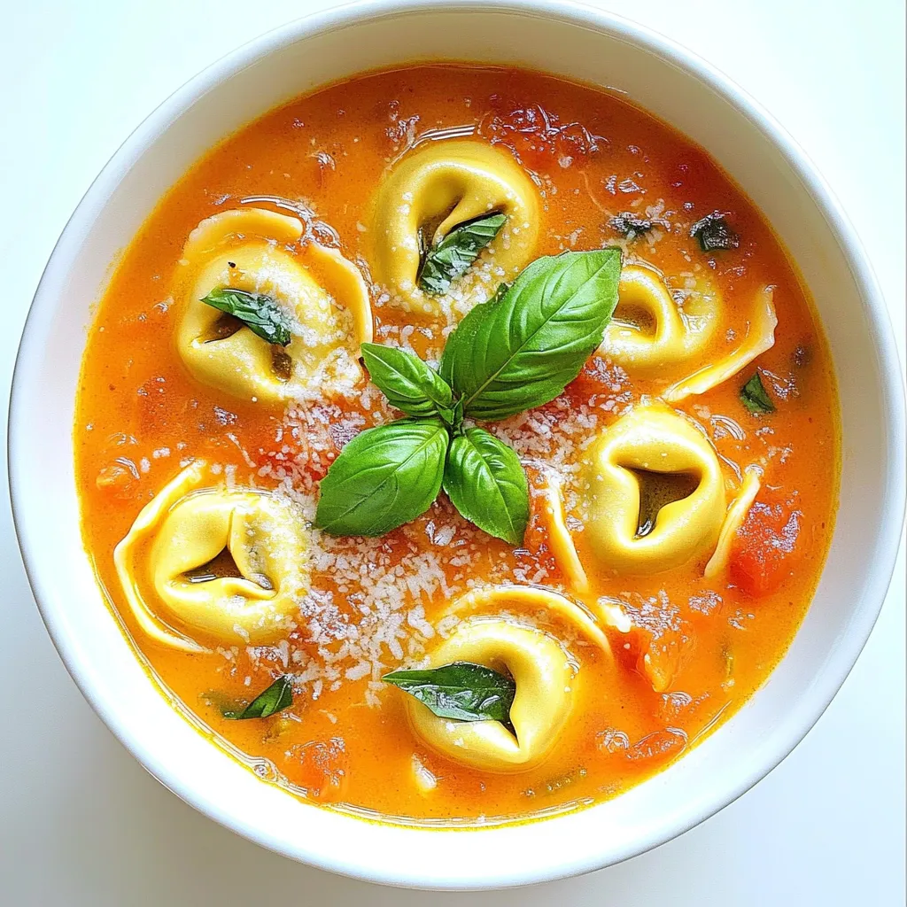 To make this delicious soup, you will need: - 2 tablespoons olive oil - 1 medium onion, finely diced - 3 cloves garlic, minced - 1 carrot, finely diced - 1 can (28 oz) crushed tomatoes - 4 cups vegetable broth - 1 teaspoon dried basil - 1 teaspoon dried oregano - Sea salt and freshly ground black pepper, to taste - 1 package (9 oz) cheese tortellini (fresh or frozen) - 1 cup heavy cream (or coconut cream for a dairy-free alternative) - Fresh basil leaves, for garnish - Grated Parmesan cheese, for serving (optional) If you have allergies or need to make swaps, here are some ideas: - Use olive oil for any cooking oil. - Substitute the onion with leeks or shallots. - For a gluten-free option, choose gluten-free tortellini. - To make it vegan, replace heavy cream with coconut cream. - If you can't find cheese tortellini, use mushroom or spinach tortellini. When choosing your ingredients, here are my tips: - Select fresh, firm vegetables for the best flavor. - Look for high-quality canned tomatoes, like San Marzano, for a richer taste. - Use homemade vegetable broth if possible; it adds depth. - For tortellini, brands like Rana or Buitoni offer great flavors. - Always pick fresh basil that feels vibrant and smells fragrant. These choices will help you create a creamy tomato tortellini soup that shines with flavor and comfort. To start making creamy tomato tortellini soup, gather all your ingredients. Here’s what you need: - 2 tablespoons olive oil - 1 medium onion, finely diced - 3 cloves garlic, minced - 1 carrot, finely diced - 1 can (28 oz) crushed tomatoes - 4 cups vegetable broth - 1 teaspoon dried basil - 1 teaspoon dried oregano - Sea salt and freshly ground black pepper, to taste - 1 package (9 oz) cheese tortellini (fresh or frozen) - 1 cup heavy cream (or coconut cream for a dairy-free alternative) - Fresh basil leaves, for garnish - Grated Parmesan cheese, for serving (optional) Now, finely dice the onion and carrot. Mince the garlic. This helps the flavors mix well. 1. Heat the Olive Oil: In a large pot, heat the olive oil over medium. 2. Sauté the Onion: Add the diced onion. Cook for 4-5 minutes until it is soft and clear. 3. Add Garlic and Carrot: Mix in the minced garlic and diced carrot. Cook for 2-3 minutes until fragrant. 4. Combine Tomatoes and Broth: Pour in the crushed tomatoes and vegetable broth. Stir well and bring to a gentle boil. 5. Season the Soup: Add dried basil, oregano, salt, and pepper. Lower the heat and let it simmer for about 10 minutes. 6. Cook the Tortellini: Increase the heat again. Add the tortellini and cook according to the package, usually 3-5 minutes. 7. Stir in the Cream: Lower the heat and mix in the heavy cream or coconut cream. Heat for another 2 minutes, but do not boil. 8. Taste and Adjust: Try the soup and add more salt and pepper if needed. Serve the soup hot in deep bowls. For a nice touch, add a fresh basil leaf on top. A drizzle of olive oil adds flavor and looks great. Pair the soup with crusty bread for a full meal. Enjoy the warmth and comfort of this creamy dish! To get the best flavor in your creamy tomato tortellini soup, follow some simple steps: - Use fresh herbs. Fresh basil adds a bright taste. - Sauté your vegetables. Sautéing onion and garlic first builds a rich base. - Adjust seasoning. Always taste your soup before serving. Add salt and pepper as needed. - Simmer long enough. Letting the soup simmer helps flavors blend well. - Add cream slowly. Stir in the cream gently to keep it smooth. Avoid these common mistakes for a perfect soup: - Don’t rush the sautéing. Cooking vegetables too fast can lead to bland soup. - Skip the boiling. Make sure to bring the broth to a gentle boil before adding tortellini. - Overcook the tortellini. Follow the package directions closely to avoid mushy pasta. - Forget to taste. Always check if it needs more salt or spice. Gather these tools for easy cooking: - Large pot. A sturdy pot helps with even heating. - Cutting board and knife. Use these to chop your veggies finely. - Wooden spoon. A good spoon helps mix ingredients well. - Measuring cups and spoons. Accurate measurements lead to great results. - Ladle. This makes serving the soup neat and easy. These tips will help you create a creamy tomato tortellini soup that’s full of flavor and comfort. Enjoy your cooking! {{image_4}} You can easily make this soup dairy-free. Instead of heavy cream, use coconut cream. It adds a nice sweetness and richness. For a vegan option, skip the cheese tortellini. Use a vegetable-based tortellini instead. Many brands offer vegan options that taste great. Want to boost the flavor? Add some chopped spinach or kale. They cook quickly and add nutrients. You can also mix in cooked chicken or sausage for protein. If you like heat, sprinkle in some red pepper flakes. These small changes can take your soup to the next level. Not a fan of cheese tortellini? Try other types! Mushroom or spinach tortellini adds unique flavors. You can even use homemade tortellini if you feel adventurous. Each type gives a new twist to this classic dish. Explore and find your favorite! To keep your creamy tomato tortellini soup fresh, let it cool first. Once cooled, pour it into an airtight container. Store it in the fridge for up to three days. Make sure to label the container with the date. This helps you know when to eat it. You can freeze this soup if you want to keep it longer. Use a freezer-safe container or a heavy-duty freezer bag. Leave some space at the top, as soup expands when frozen. It can stay good in the freezer for up to three months. When ready to eat, thaw it overnight in the fridge. To reheat your soup, you can use the stovetop or microwave. If using the stovetop, pour the soup into a pot. Heat it over medium heat, stirring often. This helps it heat evenly. If using the microwave, place the soup in a microwave-safe bowl. Heat it in short bursts, stirring in between. Make sure it is hot throughout before serving. Enjoy! Yes, you can use store-bought tortellini. Fresh or frozen tortellini works well. The cooking time may vary slightly. Just follow the package instructions for the best results. I often choose cheese tortellini for extra creaminess. This saves time and still gives great flavor. To adjust for more servings, simply double the ingredients. Use 4 tablespoons of olive oil and 2 cans of crushed tomatoes. You may also want to add more broth. Keep the same cooking steps, but allow extra time if needed. This way, you still get that rich taste with more portions. This soup pairs well with crusty bread or a simple green salad. You could also add grilled cheese sandwiches for a cozy meal. Fresh basil on top adds a nice touch, too. Enjoying it with friends or family makes it even better! Creamy tomato tortellini soup is easy to make and customize. You can swap ingredients or adjust flavors to fit your taste. Storing and reheating the soup is simple too, so leftovers are not a problem. I hope you feel confident in trying the recipe and making it your own. Enjoy every warm bowl of this comforting dish!