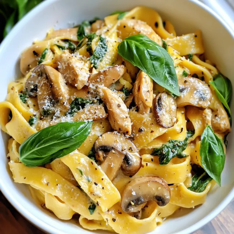 - 300g pasta (fettuccine or penne) - 2 chicken breasts, diced into bite-sized pieces - 1 cup fresh spinach, roughly chopped - 1 cup mushrooms, thinly sliced (button or cremini) - 1 small onion, finely diced - 3 cloves garlic, minced - 1 cup heavy cream - ½ cup freshly grated parmesan cheese - 2 tablespoons extra-virgin olive oil - 1 teaspoon dried oregano - Salt and freshly ground black pepper to taste - Fresh basil leaves for garnish When you gather your ingredients, think about the fresh flavors you will create. I love using fettuccine for its creamy sauce-hugging shape, but penne works great too. The chicken adds heartiness, while spinach brings a burst of color and nutrition. Mushrooms, onion, and garlic create a lovely base for the sauce. Heavy cream and parmesan cheese join forces to make the dish rich and indulgent. Don't forget the seasoning! Dried oregano, salt, and pepper elevate the taste. Lastly, fresh basil leaves make for a beautiful garnish. Each ingredient plays a role in this dish, ensuring every bite is packed with flavor. {{ingredient_image_2}} This blog post covers making a creamy pasta dish from start to finish. We explored key ingredients like pasta, chicken, and fresh veggies. I detailed step-by-step cooking instructions and shared tips for perfecting your sauce. You can also find variations and storage tips to suit your needs. Cooking is fun, and this dish is sure to impress. With practice, you can make it your own. Enjoy experimenting with flavors and ingredients to create your perfect plate!
