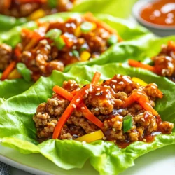 - 1 lb ground chicken - 1 tablespoon sesame oil - 2 cloves garlic, minced - 1 inch piece of ginger, finely grated - 1/4 cup low-sodium soy sauce - 1/4 cup honey - 1 tablespoon rice vinegar - 1 tablespoon cornstarch mixed with 2 tablespoons water (cornstarch slurry) - 1 cup carrots, shredded - 1/2 cup red bell pepper, finely chopped - 1/2 cup green onions, chopped - 1 head of butter or iceberg lettuce, leaves carefully separated - Toasted sesame seeds for garnish - Sriracha sauce for serving (optional) If you want to swap the ground chicken, use ground turkey or tofu for a lighter option. For those who avoid soy, try coconut aminos instead of soy sauce. Honey is great, but agave syrup works, too. You can also skip the cornstarch if you want a thinner sauce. For veggies, try adding diced cucumbers or scallions. Each serving has about: - Calories: 290 - Protein: 24g - Carbohydrates: 30g - Fat: 10g - Fiber: 2g - Sugar: 10g This meal is not just tasty; it also packs a good amount of protein and fiber. Plus, it’s low in saturated fat, making it a smart choice. Enjoy these wraps as a light lunch or dinner option that feels fresh and fun! {{ingredient_image_2}} To start, heat 1 tablespoon of sesame oil in a large skillet over medium heat. Once the oil is hot, add 2 cloves of minced garlic and 1 inch of finely grated ginger. Cook them for about 30 seconds until they smell great. Next, add 1 pound of ground chicken. Use a wooden spoon to break it apart. Cook the chicken for 5 to 7 minutes. Look for it to be browned and no longer pink. While the chicken cooks, prepare the sauce. In a bowl, mix 1/4 cup of low-sodium soy sauce, 1/4 cup of honey, and 1 tablespoon of rice vinegar. Whisk them well until they blend. Pour this mixture over the chicken. Stir to coat the chicken evenly. Let it simmer gently. Then, add a cornstarch slurry made with 1 tablespoon of cornstarch and 2 tablespoons of water. Stir continuously as you add it. Cook for an additional 2 to 3 minutes until the sauce thickens. Now, stir in 1 cup of shredded carrots, 1/2 cup of finely chopped red bell pepper, and 1/2 cup of chopped green onions. Mix everything well and cook for 1 to 2 more minutes. This helps all the flavors blend. Remove the skillet from heat and let the chicken mixture cool a bit. For the best browning, ensure your skillet is hot before adding the chicken. This helps create a nice crust. Avoid overcrowding the pan; cook in batches if needed. If the chicken steams, it won’t brown well. Stir the chicken often to get even color. Look for a golden brown color, which adds flavor. For a smooth sauce, combine the soy sauce, honey, and rice vinegar well before adding. The cornstarch slurry is key for thickness. Add it slowly while stirring. If the sauce is too thick, add a splash of water or more soy sauce. If it’s too thin, let it cook a bit longer. Stir continuously to prevent lumps. You want it glossy and thick enough to coat the chicken. When choosing lettuce for wraps, I recommend butter or iceberg lettuce. These types are crisp and sturdy. They hold the filling well without tearing. Butter lettuce has a soft texture and a sweet flavor. Iceberg lettuce adds a nice crunch. Both options will give your wraps a fresh taste. If you have extra filling, store it in an airtight container. It will last in the fridge for up to three days. Make sure to let it cool before sealing. To reheat, warm it in a skillet on low heat. Avoid overheating, as it can dry out the chicken. You can serve these wraps with extra sriracha for heat. A side of jasmine rice complements the meal nicely. For a fun touch, try adding sliced avocado or cucumber. You can also include a dipping sauce, like soy sauce or hoisin, for added flavor. Pro Tips Use Fresh Ingredients: Fresh garlic and ginger will enhance the flavor of your teriyaki chicken, making it more aromatic and delicious. Customize Your Wraps: Feel free to add other veggies like cucumbers or snap peas for extra crunch and nutrition in your lettuce wraps. Adjust the Sweetness: Depending on your taste, you can reduce the honey for a less sweet sauce or add more for a sweeter flavor profile. Perfecting the Sauce: Ensure to whisk the cornstarch slurry well before adding it to avoid lumps and achieve a smooth sauce consistency. {{image_4}} If you have dietary needs, you can easily change some ingredients. Here are some swaps: - Ground Chicken: You can use ground turkey or tofu for a lighter option. - Soy Sauce: Try tamari for a gluten-free version. - Honey: Use maple syrup or agave nectar for a vegan choice. - Sesame Oil: Substitute with olive oil if you prefer. These swaps keep the flavor while meeting your needs. To make this dish vegan, replace the chicken. Here are ideas: - Plant-based Ground Meat: Use a store-bought plant-based option. - Chickpeas: Mash cooked chickpeas for a protein-rich filling. - Mushrooms: Finely chop mushrooms for a savory texture. These options maintain the spirit of the dish while being meat-free. Adding extra flavors can elevate your wraps. Consider these enhancements: - Spices: A pinch of five-spice powder adds depth. - Herbs: Fresh cilantro or basil brings freshness. - Chili Flakes: For a spicy kick, add chili flakes to the chicken mix. These small tweaks can make your wraps even more exciting! To keep your Teriyaki chicken lettuce wraps fresh, place the filling in a sealed container. Store it in the fridge for up to three days. Keep the lettuce leaves in a separate bag. This helps prevent them from wilting. When you're ready to enjoy leftovers, heat the chicken filling in a skillet over medium heat. Stir occasionally until it's warm. You can also microwave it in 30-second intervals. Just make sure it’s hot all the way through. You can freeze the chicken filling for later use. Place it in an airtight container or freezer bag. It will last for about three months in the freezer. When you're ready to eat, thaw it overnight in the fridge. Reheat as mentioned earlier for tasty wraps again. Teriyaki Chicken Lettuce Wraps can last up to three days in the fridge. To keep them fresh, store the chicken mixture and lettuce leaves separately. This way, the lettuce stays crisp. Use an airtight container to prevent any odors from mixing. Before serving, check for any changes in color or smell. Yes, you can use other types of meat! Ground turkey or pork works well as substitutes. For a lighter option, try using ground beef. Adjust cooking times if the meat is thicker or leaner. Just be sure to cook it until it's no longer pink. Season as needed to keep the flavor rich. Serve the wraps on a platter for a fun presentation. Add extra sriracha on the side for those who like spice. A small bowl of toasted sesame seeds makes a nice touch. You can also include some fresh herbs like cilantro for extra flavor. Let guests build their own wraps for a fun and interactive meal! This blog post covered key ingredients and how to make Teriyaki Chicken Lettuce Wraps. You learned about helpful tips for cooking, storing, and serving these wraps. I shared ways to adapt for different diets and flavors. Remember, with simple swaps, anyone can enjoy this dish. Explore these wraps in your kitchen, and see how easy it is! Enjoy creating delicious meals that fit your needs and taste. Dive into this tasty adventure today!