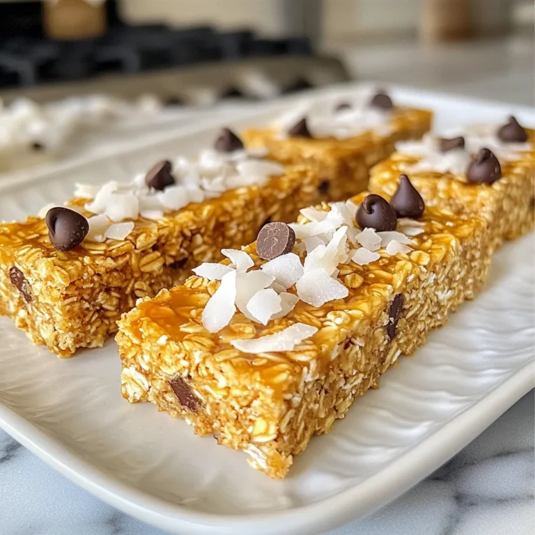 These coconut chocolate chip granola bars are simple yet tasty. Here’s what you need: - 2 cups rolled oats - 1 cup shredded unsweetened coconut - 1/2 cup almond butter (or any nut butter you like) - 1/2 cup honey or pure maple syrup - 1/2 cup dark chocolate chips - 1/4 cup sunflower seeds - 1/4 cup chopped nuts (like almonds or walnuts) - 1/4 teaspoon sea salt - 1/2 teaspoon vanilla extract (optional, but nice to add) Each ingredient plays a key role. The oats give a hearty base. Coconut adds a tropical twist. Almond butter binds it all together. Honey or maple syrup sweetens the mix. You can switch out ingredients based on your taste or what you have: - Use peanut butter instead of almond butter for a different flavor. - Swap honey for agave syrup to make it vegan. - Choose any nut butter if you want a nut-free option. - Change dark chocolate chips for milk chocolate or white chocolate. Each swap can change the taste and texture, so feel free to experiment! Want to make your bars even more fun? Here are some ideas to consider: - Add dried fruits like cranberries or raisins for sweetness. - Mix in chia seeds or flaxseeds for extra nutrition. - Toss in spices like cinnamon or nutmeg for warmth. - Try protein powder for a protein boost. These add-ins can make your granola bars unique. Customize them to fit your cravings! {{ingredient_image_2}} First, prepare your workspace. Preheat your oven to 350°F (175°C). Grab an 8x8-inch baking pan. Line it with parchment paper, leaving some paper hanging over the sides. This helps you lift the bars out later. Next, let’s mix the dry ingredients. In a large bowl, combine 2 cups of rolled oats, 1 cup of shredded unsweetened coconut, 1/4 cup of sunflower seeds, and 1/4 cup of chopped nuts. Stir everything well to blend the flavors. Now, we need to melt the wet ingredients. In a microwave-safe bowl, add 1/2 cup of almond butter, 1/2 cup of honey or maple syrup, and 1/2 teaspoon of vanilla extract. Microwave this mixture for 30 to 45 seconds. Stir it until it becomes smooth. Pour the melted mixture over the dry ingredients. Use a spatula to mix it all together. Make sure every bit of the dry mix is coated. Then, gently fold in 1/2 cup of dark chocolate chips. Be careful not to break the chips. Transfer the granola mixture to your prepared baking pan. Use the back of your spatula to press it down firmly. This helps the bars stick together. Now, place the pan in the oven. Bake for 20 to 25 minutes. You want the edges to turn a light golden brown. After baking, let the bars cool in the pan for 10 to 15 minutes. Use the parchment paper to lift the bars out. Place them on a wire rack to cool completely. Once cool, cut them into squares or rectangles. Enjoy your tasty granola bars! To get the right texture, follow these tips. Use rolled oats, not instant or quick oats. Rolled oats give a nice chew. Press the mixture firmly into the pan. This helps the bars hold their shape. Bake until the edges are golden. This step adds a crunchy bite. If you want softer bars, bake for a shorter time. Store the bars in an airtight container. They stay fresh for up to a week. For longer storage, wrap bars in parchment paper. Then place them in a freezer-safe bag. They stay tasty for up to three months in the freezer. Always allow the bars to cool fully before storing. This keeps them from getting soggy. Serve the bars as a snack or breakfast. Pair them with yogurt or fresh fruit for a balanced meal. Cut them into smaller pieces for kids. You can also crumble them over ice cream for a fun treat. For a pretty presentation, sprinkle extra coconut and chocolate chips on top. Pro Tips Use Fresh Ingredients: For the best flavor, make sure to use fresh rolled oats and coconut. Stale ingredients can affect the texture and taste of your granola bars. Adjust Sweetness: Depending on your preference and dietary needs, feel free to adjust the amount of honey or maple syrup. You can also use agave syrup or a sugar substitute. Customize Your Mix-ins: Don't hesitate to personalize your granola bars! Add different dried fruits, seeds, or spices like cinnamon for a unique twist. Store Properly: To keep your granola bars fresh, store them in an airtight container at room temperature for up to a week, or refrigerate them for longer shelf life. {{image_4}} You can change the flavor of these bars easily. If you want nut-free bars, use sunflower seed butter. For a chocolate-free option, skip the dark chocolate chips. You can add dried fruits like cranberries or raisins for a sweet twist. Try adding spices like cinnamon or nutmeg for extra warmth. Seasonal changes can inspire new flavors. In fall, add pumpkin spice and chopped apples. In winter, consider adding peppermint extract and crushed candy canes. For summer, mix in fresh berries or tropical fruits like mango and pineapple. Each season brings a chance to enjoy different tastes. To make these bars healthier, swap honey with mashed bananas or unsweetened applesauce. You can also reduce the chocolate chips to cut sugar. Use whole grain oats for more fiber. Adding chia seeds or flaxseeds can boost nutrition too. These small changes keep your bars tasty and good for you. These Coconut Chocolate Chip Granola Bars pack a tasty punch. Each bar has about 170 calories. You get around 7 grams of protein, 8 grams of fat, and 21 grams of carbs. These numbers may change based on your exact ingredients. - Rolled oats: They are great for your heart. Oats can lower cholesterol and keep you full. - Shredded unsweetened coconut: This adds healthy fats and fiber. It can boost your energy. - Almond butter: Packed with protein and good fats, this helps with muscle and brain health. - Honey or maple syrup: These natural sweeteners give a quick energy boost. They also have antioxidants. - Dark chocolate chips: They contain antioxidants and can even improve mood. - Sunflower seeds: These are full of vitamins. They help skin and heart health. - Chopped nuts: Almonds or walnuts add healthy fats and protein. They support brain health. To avoid overindulging, cut the bars into smaller pieces. Aim for 1-2 bars as a snack. Store extra bars in an airtight container. This keeps them fresh and ready for your next craving. Enjoy these bars in moderation to balance your diet! Yes, you can use any nut butter you like. Almond butter is tasty, but peanut butter or cashew butter works too. Each nut butter adds a unique flavor. Just make sure it is smooth for easy mixing. This way, your granola bars will still hold together well. To make these bars vegan, swap honey for pure maple syrup. This keeps the sweetness without using any animal products. Also, check that your chocolate chips are dairy-free. Many brands offer great vegan options. With these swaps, everyone can enjoy these tasty treats! These granola bars last up to two weeks when stored in an airtight container. Keep them in a cool, dry place. You can also wrap them individually for easy snacks. If you want them to last longer, store them in the fridge. Just remember to bring them to room temperature before eating. In this blog post, we explored the key ingredients for tasty snacks, from main components to optional add-ins. We detailed step-by-step instructions for preparation, mixing, and baking. You now have tips to enhance texture and keep your food fresh. We also covered flavor variations and health benefits. Remember, you can customize recipes to fit your diet. Experiment with different ingredients to find what you love most. With the right approach, you can create delicious snacks that everyone will enjoy. Your kitchen adventure starts now!