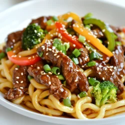 To make Teriyaki Beef Udon, you need a few key items. Here's what you'll need: - 8 oz udon noodles - 1 lb beef sirloin, thinly sliced - 2 tablespoons vegetable oil - 1 bell pepper, sliced (your choice of color) - 1 cup broccoli florets - 3 green onions, sliced - 3 cloves garlic, minced - 1 tablespoon fresh ginger, minced - 1/4 cup soy sauce - 2 tablespoons honey - 1 tablespoon sesame oil - 1 tablespoon rice vinegar - Sesame seeds, for garnish You can easily change this dish to fit your taste. Here are some fun options: - Carrots, julienned for extra crunch - Snap peas for a fresh pop - Mushrooms for an earthy flavor - Chili flakes for heat - Cilantro for a fresh herb taste If you can't find an ingredient, don't worry! Here are some swaps you can try: - Chicken or tofu instead of beef for different protein - Tamari for gluten-free soy sauce - Maple syrup instead of honey for a vegan option - Any other vegetable you enjoy, like zucchini or bok choy Feel free to mix and match! Your Teriyaki Beef Udon can be as unique as you want. Enjoy creating your perfect bowl! {{ingredient_image_2}} To cook the udon noodles, start by boiling a large pot of salted water. Once it bubbles, add the 8 oz of udon noodles. Follow the package instructions for cooking time, usually around 5-8 minutes. When they are tender, drain the noodles and set them aside. Next, we need to make the teriyaki sauce. Grab a small bowl and add 1/4 cup of soy sauce, 2 tablespoons of honey, 1 tablespoon of sesame oil, and 1 tablespoon of rice vinegar. Whisk these ingredients together until they blend well. This sauce will add great flavor to our dish. Now, let’s cook the beef. Heat 1 tablespoon of vegetable oil in a large skillet or wok over medium-high heat. Once the oil is hot, add your 1 lb of thinly sliced beef sirloin. Stir-fry for 3-4 minutes until the beef is browned and fully cooked. When done, transfer the beef to a plate and set it aside. In the same skillet, add another tablespoon of vegetable oil. Toss in 3 cloves of minced garlic and 1 tablespoon of minced ginger. Stir for about 30 seconds until fragrant. Add the sliced bell pepper and 1 cup of broccoli florets next. Stir-fry these veggies for 4-5 minutes until they are bright and tender-crisp. Now it's time to mix everything. Return the cooked beef to the skillet with the veggies. Add the drained udon noodles, then pour the teriyaki sauce over everything. Toss gently until all ingredients are well-coated. Stir-fry for another 2-3 minutes to heat through and blend the flavors. To serve, remove the skillet from heat. Plate the noodles in deep bowls to hold the sauce. Top with sliced green onions and sprinkle sesame seeds over the dish. For extra flair, add a lime wedge on the side. Enjoy your Sizzling Teriyaki Beef Udon! To cook udon noodles just right, start with a big pot of salted water. Bring it to a boil. Add the noodles and follow the package guide. Usually, it takes about 8-10 minutes. Stir them gently to prevent sticking. When they are soft, drain them and rinse with cold water. This stops the cooking and keeps them firm. When stir-frying beef, use a hot skillet or wok. Heat one tablespoon of vegetable oil until it shimmers. Add thinly sliced beef sirloin in a single layer. Don't overcrowd the pan; this helps the beef brown well. Stir-fry for 3-4 minutes until the beef is brown and cooked through. Remove the beef and set it aside to keep it juicy. To enhance your teriyaki sauce, use fresh ingredients. Blend soy sauce, honey, sesame oil, and rice vinegar in a bowl. For added depth, try adding minced garlic or ginger. You can also mix in a splash of orange juice for a fruity twist. Taste the sauce and adjust sweetness or saltiness to your liking. Presentation makes your dish pop! Serve the udon in deep bowls to catch the sauce. Top with sliced green onions and sesame seeds for crunch. You can also add a lime wedge for a fresh burst of flavor. Consider some chili flakes for heat if you like spice. This will make your dish look and taste amazing! Pro Tips Use Fresh Ingredients: Fresh vegetables and high-quality beef will enhance the flavor and texture of your dish. Try to use seasonal produce for the best taste. Don’t Overcook the Noodles: Udon noodles can become mushy if overcooked. Follow package instructions closely and rinse them with cold water after cooking to stop the cooking process. Customize the Vegetables: Feel free to add or substitute other vegetables like snap peas, carrots, or mushrooms based on your preference or what you have on hand. Make It Spicy: If you enjoy heat, add some sriracha or chili flakes to the teriyaki sauce for an extra kick that complements the sweetness beautifully. {{image_4}} You can make a tasty vegetarian version of teriyaki udon. Replace the beef with tofu or tempeh. Both options soak up the teriyaki sauce well. Use extra firm tofu for a nice texture. You can also add more vegetables like mushrooms, carrots, or snap peas. These add flavor and color to the dish. If you want to switch things up, consider using chicken or shrimp instead of beef. Chicken thighs work well with the teriyaki sauce. Shrimp cooks quickly and adds a sweet taste. Just be careful not to overcook them. You can also try pork for a rich flavor. Each protein brings its unique twist to this dish. Using seasonal vegetables makes your dish fresh and vibrant. In spring, asparagus and snap peas shine. In summer, zucchini and bell peppers add a great crunch. In fall, think about adding butternut squash or mushrooms. Winter brings hearty greens like kale or bok choy. Adjust your veggies based on what’s in season for a colorful and tasty meal. Store leftover teriyaki beef udon in an airtight container. Let it cool to room temperature first. Place it in the fridge for up to three days. Make sure to keep the sauce with the noodles for extra flavor. When reheating, use the microwave or a skillet. If using a microwave, add a splash of water. Cover the dish, then heat for about two minutes. If using a skillet, add a little oil and stir-fry over medium heat. This helps keep the noodles from sticking. You can freeze teriyaki beef udon. Use a freezer-safe container for storage. It can last for up to three months. To thaw, place it in the fridge overnight. Reheat it following the tips above for the best taste. Teriyaki Beef Udon is a tasty noodle dish. It features thick udon noodles, tender beef, and vibrant veggies. The beef gets marinated in a sweet and salty teriyaki sauce, which adds depth. You can enjoy it as a main course or a hearty meal. Yes, you can prepare Teriyaki Beef Udon ahead of time. Cook the noodles and stir-fry the beef and veggies. Store them separately in airtight containers. When ready to eat, reheat and combine them with the sauce. This saves time on busy nights. Pair Teriyaki Beef Udon with simple sides for a complete meal. Here are some great options: - Edamame - Miso soup - Seaweed salad - Pickled vegetables These sides add variety and enhance the meal’s flavor. No, Teriyaki Beef Udon is not spicy. The dish has a sweet and savory taste. If you like heat, you can add chili flakes or sriracha. This way, you can customize your meal to fit your taste. You can find Teriyaki Beef Udon in many Asian restaurants. Look for places that serve Japanese or fusion cuisine. Some sushi bars also offer this dish. Check their menus or ask the staff for recommendations. In this blog post, we explored how to make delicious Teriyaki Beef Udon. We covered the key ingredients, step-by-step instructions, and helpful tips for cooking. You learned about variations and how to store your leftovers. Teriyaki Beef Udon is easy to customize and a treat to eat. Remember, practice makes perfect. Enjoy your cooking journey and impress your friends with your new skills!