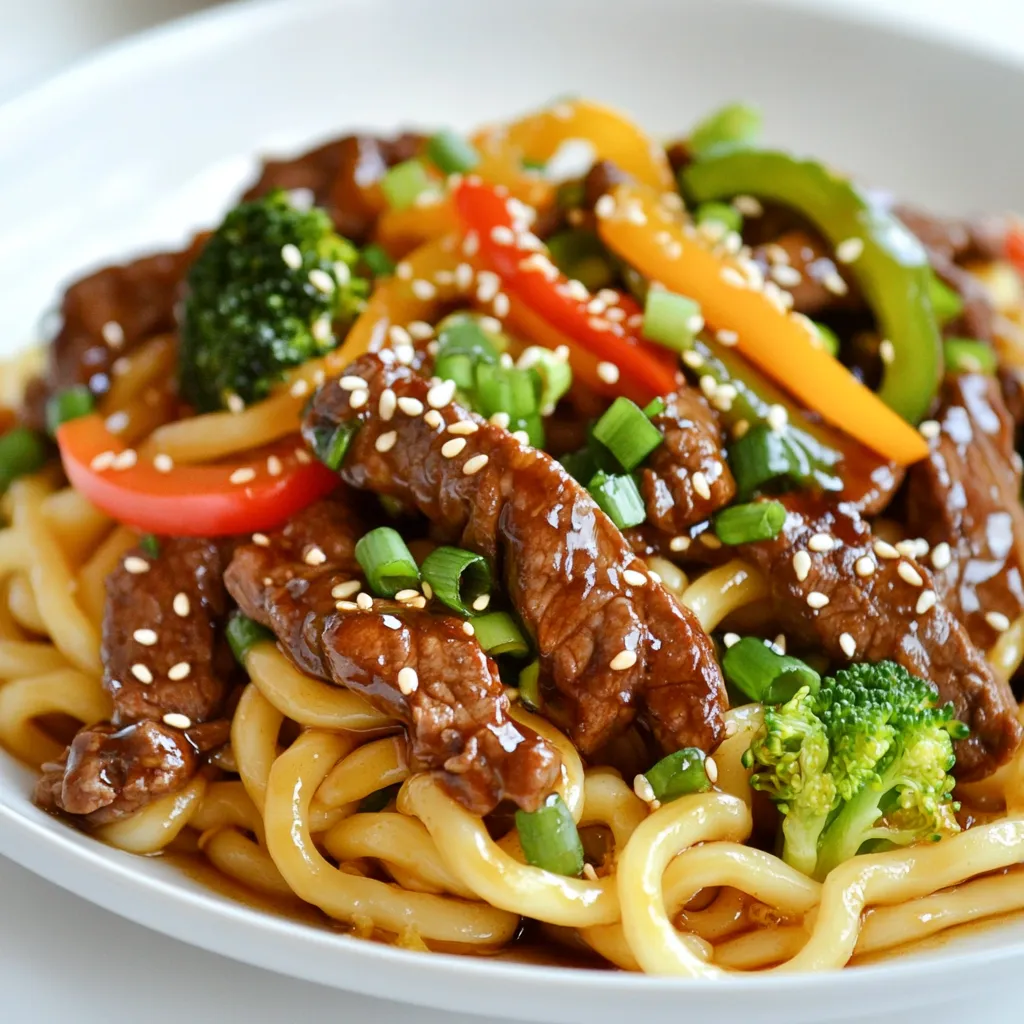 To make Teriyaki Beef Udon, you need a few key items. Here's what you'll need: - 8 oz udon noodles - 1 lb beef sirloin, thinly sliced - 2 tablespoons vegetable oil - 1 bell pepper, sliced (your choice of color) - 1 cup broccoli florets - 3 green onions, sliced - 3 cloves garlic, minced - 1 tablespoon fresh ginger, minced - 1/4 cup soy sauce - 2 tablespoons honey - 1 tablespoon sesame oil - 1 tablespoon rice vinegar - Sesame seeds, for garnish You can easily change this dish to fit your taste. Here are some fun options: - Carrots, julienned for extra crunch - Snap peas for a fresh pop - Mushrooms for an earthy flavor - Chili flakes for heat - Cilantro for a fresh herb taste If you can't find an ingredient, don't worry! Here are some swaps you can try: - Chicken or tofu instead of beef for different protein - Tamari for gluten-free soy sauce - Maple syrup instead of honey for a vegan option - Any other vegetable you enjoy, like zucchini or bok choy Feel free to mix and match! Your Teriyaki Beef Udon can be as unique as you want. Enjoy creating your perfect bowl! {{ingredient_image_2}} To cook the udon noodles, start by boiling a large pot of salted water. Once it bubbles, add the 8 oz of udon noodles. Follow the package instructions for cooking time, usually around 5-8 minutes. When they are tender, drain the noodles and set them aside. Next, we need to make the teriyaki sauce. Grab a small bowl and add 1/4 cup of soy sauce, 2 tablespoons of honey, 1 tablespoon of sesame oil, and 1 tablespoon of rice vinegar. Whisk these ingredients together until they blend well. This sauce will add great flavor to our dish. Now, let’s cook the beef. Heat 1 tablespoon of vegetable oil in a large skillet or wok over medium-high heat. Once the oil is hot, add your 1 lb of thinly sliced beef sirloin. Stir-fry for 3-4 minutes until the beef is browned and fully cooked. When done, transfer the beef to a plate and set it aside. In the same skillet, add another tablespoon of vegetable oil. Toss in 3 cloves of minced garlic and 1 tablespoon of minced ginger. Stir for about 30 seconds until fragrant. Add the sliced bell pepper and 1 cup of broccoli florets next. Stir-fry these veggies for 4-5 minutes until they are bright and tender-crisp. Now it's time to mix everything. Return the cooked beef to the skillet with the veggies. Add the drained udon noodles, then pour the teriyaki sauce over everything. Toss gently until all ingredients are well-coated. Stir-fry for another 2-3 minutes to heat through and blend the flavors. To serve, remove the skillet from heat. Plate the noodles in deep bowls to hold the sauce. Top with sliced green onions and sprinkle sesame seeds over the dish. For extra flair, add a lime wedge on the side. Enjoy your Sizzling Teriyaki Beef Udon! To cook udon noodles just right, start with a big pot of salted water. Bring it to a boil. Add the noodles and follow the package guide. Usually, it takes about 8-10 minutes. Stir them gently to prevent sticking. When they are soft, drain them and rinse with cold water. This stops the cooking and keeps them firm. When stir-frying beef, use a hot skillet or wok. Heat one tablespoon of vegetable oil until it shimmers. Add thinly sliced beef sirloin in a single layer. Don't overcrowd the pan; this helps the beef brown well. Stir-fry for 3-4 minutes until the beef is brown and cooked through. Remove the beef and set it aside to keep it juicy. To enhance your teriyaki sauce, use fresh ingredients. Blend soy sauce, honey, sesame oil, and rice vinegar in a bowl. For added depth, try adding minced garlic or ginger. You can also mix in a splash of orange juice for a fruity twist. Taste the sauce and adjust sweetness or saltiness to your liking. Presentation makes your dish pop! Serve the udon in deep bowls to catch the sauce. Top with sliced green onions and sesame seeds for crunch. You can also add a lime wedge for a fresh burst of flavor. Consider some chili flakes for heat if you like spice. This will make your dish look and taste amazing! Pro Tips Use Fresh Ingredients: Fresh vegetables and high-quality beef will enhance the flavor and texture of your dish. Try to use seasonal produce for the best taste. Don’t Overcook the Noodles: Udon noodles can become mushy if overcooked. Follow package instructions closely and rinse them with cold water after cooking to stop the cooking process. Customize the Vegetables: Feel free to add or substitute other vegetables like snap peas, carrots, or mushrooms based on your preference or what you have on hand. Make It Spicy: If you enjoy heat, add some sriracha or chili flakes to the teriyaki sauce for an extra kick that complements the sweetness beautifully. {{image_4}} You can make a tasty vegetarian version of teriyaki udon. Replace the beef with tofu or tempeh. Both options soak up the teriyaki sauce well. Use extra firm tofu for a nice texture. You can also add more vegetables like mushrooms, carrots, or snap peas. These add flavor and color to the dish. If you want to switch things up, consider using chicken or shrimp instead of beef. Chicken thighs work well with the teriyaki sauce. Shrimp cooks quickly and adds a sweet taste. Just be careful not to overcook them. You can also try pork for a rich flavor. Each protein brings its unique twist to this dish. Using seasonal vegetables makes your dish fresh and vibrant. In spring, asparagus and snap peas shine. In summer, zucchini and bell peppers add a great crunch. In fall, think about adding butternut squash or mushrooms. Winter brings hearty greens like kale or bok choy. Adjust your veggies based on what’s in season for a colorful and tasty meal. Store leftover teriyaki beef udon in an airtight container. Let it cool to room temperature first. Place it in the fridge for up to three days. Make sure to keep the sauce with the noodles for extra flavor. When reheating, use the microwave or a skillet. If using a microwave, add a splash of water. Cover the dish, then heat for about two minutes. If using a skillet, add a little oil and stir-fry over medium heat. This helps keep the noodles from sticking. You can freeze teriyaki beef udon. Use a freezer-safe container for storage. It can last for up to three months. To thaw, place it in the fridge overnight. Reheat it following the tips above for the best taste. Teriyaki Beef Udon is a tasty noodle dish. It features thick udon noodles, tender beef, and vibrant veggies. The beef gets marinated in a sweet and salty teriyaki sauce, which adds depth. You can enjoy it as a main course or a hearty meal. Yes, you can prepare Teriyaki Beef Udon ahead of time. Cook the noodles and stir-fry the beef and veggies. Store them separately in airtight containers. When ready to eat, reheat and combine them with the sauce. This saves time on busy nights. Pair Teriyaki Beef Udon with simple sides for a complete meal. Here are some great options: - Edamame - Miso soup - Seaweed salad - Pickled vegetables These sides add variety and enhance the meal’s flavor. No, Teriyaki Beef Udon is not spicy. The dish has a sweet and savory taste. If you like heat, you can add chili flakes or sriracha. This way, you can customize your meal to fit your taste. You can find Teriyaki Beef Udon in many Asian restaurants. Look for places that serve Japanese or fusion cuisine. Some sushi bars also offer this dish. Check their menus or ask the staff for recommendations. In this blog post, we explored how to make delicious Teriyaki Beef Udon. We covered the key ingredients, step-by-step instructions, and helpful tips for cooking. You learned about variations and how to store your leftovers. Teriyaki Beef Udon is easy to customize and a treat to eat. Remember, practice makes perfect. Enjoy your cooking journey and impress your friends with your new skills!