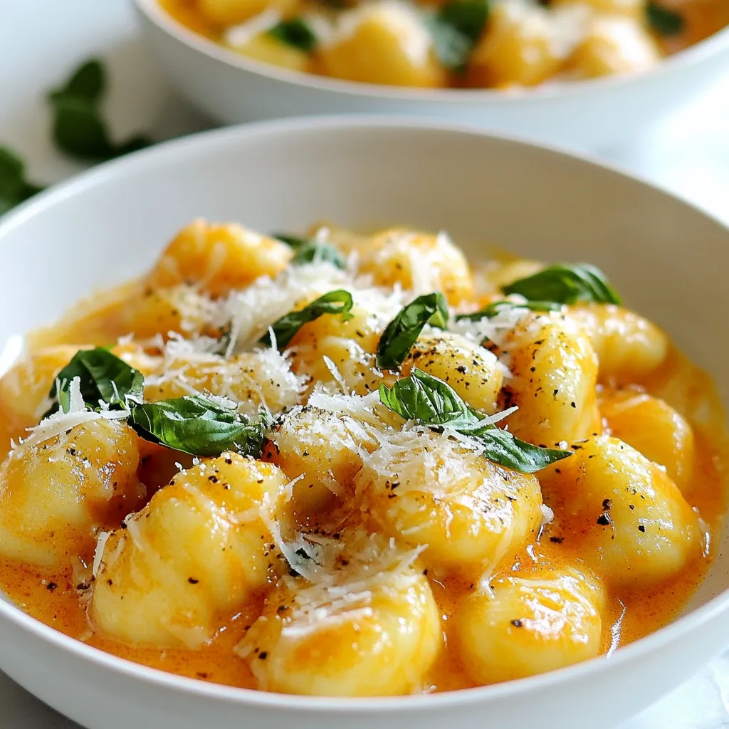 Here's what you need to make creamy tomato basil gnocchi. Gather these items before you start cooking: - Gnocchi (store-bought or homemade) - Olive oil - Garlic (3 cloves, finely minced) - Crushed tomatoes (1 can, 15 oz) - Heavy cream (1 cup) - Dried oregano (1 teaspoon) - Salt and pepper (to taste) - Red pepper flakes (for a spicy kick, optional) - Fresh basil leaves (1/4 cup, finely chopped) - Parmesan cheese (1/2 cup, freshly grated) Each ingredient plays a key role in building that rich, creamy flavor. Gnocchi provides a soft base, while garlic adds depth. The crushed tomatoes give a sweet and tangy taste. Heavy cream makes the dish rich, and fresh basil brightens everything up. Don’t forget the Parmesan; it brings a savory finish. If you like heat, red pepper flakes can spice things up! {{ingredient_image_2}} Start by boiling a large pot of salted water. Wait for it to reach a rolling boil. Add your gnocchi and cook according to the package instructions. Look closely; when the gnocchi float to the top, they are ready. Use a slotted spoon to take them out and place them in a colander to drain. Next, let’s make the sauce. Warm 2 tablespoons of extra virgin olive oil in a large skillet over medium heat. Once the oil is hot, add 3 minced garlic cloves. Sauté the garlic for about one minute. Stir constantly until it gets fragrant and golden. Be careful; burnt garlic can ruin your sauce. Pour in one can of crushed tomatoes. Stir to mix it with the garlic. Add 1 teaspoon of dried oregano. Raise the heat slightly and let the sauce simmer for about 5 to 7 minutes. This helps the flavors blend and the sauce thicken a bit. Now, reduce the heat to low and pour in 1 cup of heavy cream. Stir until the sauce becomes creamy. Season the sauce with salt and freshly ground black pepper. If you like a little heat, add red pepper flakes. Let it cook for another 2 minutes. Carefully add the cooked gnocchi to your sauce. Toss them gently until every piece is coated in that creamy goodness. Take the skillet off the heat and stir in 1/4 cup of finely chopped fresh basil and 1/2 cup of grated Parmesan cheese. Mix well until everything combines beautifully and the cheese melts slightly. Let the dish sit off the heat for a minute. This helps the sauce thicken just a bit more. To avoid curdling the cream, always use low heat when adding it to the sauce. High heat can cause the cream to separate, which ruins the texture. Stir constantly as you add the cream for a smooth blend. If your sauce feels too thick, add a splash of pasta water to loosen it up. This water helps keep the sauce creamy. If it’s too thin, let it simmer a bit longer to thicken. Timing is key when cooking gnocchi. Boil your water and add the gnocchi gently. They will float when they are ready, usually in 2-3 minutes. Keep an eye on them to avoid overcooking. Make sure your water is at a rolling boil before adding the gnocchi. This helps them cook evenly. If you cook too many at once, they may stick together. Cook in batches if needed. For serving, use shallow bowls to show off the creamy sauce. Ladle the gnocchi in the center, and let it shine. Garnish with fresh basil leaves and a sprinkle of Parmesan cheese. A drizzle of olive oil adds a nice touch too. These details make the dish look and taste amazing. Enjoy your beautiful creation! Pro Tips Use Fresh Ingredients: Fresh basil and quality tomatoes can elevate the flavor of your dish significantly. Always opt for the freshest ingredients you can find for the best taste. Don't Overcook the Gnocchi: Gnocchi are perfect when they float to the surface of the boiling water. Overcooking can make them mushy, so keep an eye on them! Adjust the Creaminess: If you prefer a lighter sauce, consider using half-and-half instead of heavy cream. It will still give you a creamy texture but with fewer calories. Customize the Spice Level: Feel free to adjust the amount of red pepper flakes to suit your taste. Start with a small amount and add more if you like it spicy! {{image_4}} If you need gluten-free gnocchi, look for brands made from rice or potatoes. These options work well and taste great. You can also make your own using gluten-free flour. For a dairy-free version, swap heavy cream with coconut cream or cashew cream. Nutritional yeast can replace Parmesan cheese for a cheesy flavor without dairy. Adding vegetables to your dish boosts nutrition and flavor. You can try spinach, zucchini, or bell peppers. Just sauté them with the garlic to soften before adding the tomatoes. If you like heat, consider adding fresh or dried peppers. The red pepper flakes give a mild kick, but jalapeños or serranos can spice things up. You can change the sauce to match your taste. Pesto adds a fresh twist, while Alfredo creates a rich, creamy base. If you want protein in your dish, add grilled chicken, shrimp, or sausage. This makes your meal hearty and satisfying. Mixing in these ingredients allows you to create new flavors each time you make this dish. To keep your creamy tomato basil gnocchi fresh, place it in an airtight container. You can store it in the fridge for up to three days. Make sure it cools down first to avoid steam buildup. This helps prevent sogginess. When reheating, I recommend using a skillet over low heat. This method warms the gnocchi gently. Stir regularly to keep the sauce smooth. If you use a microwave, heat it in short intervals to avoid texture loss. You want that creamy sauce to stay nice and velvety. You can freeze this dish if you want to save some for later. First, let it cool completely. Then, transfer it to a freezer-safe container. It can last up to three months in the freezer. When you’re ready to eat, thaw it in the fridge overnight. Reheat it gently on the stove, adding a splash of cream if it seems too thick. Freezing may change the texture slightly, but it will still taste great. Homemade gnocchi cooks quickly. It usually takes about 2 to 4 minutes. You know it’s done when the gnocchi rises to the surface of the water. This means they are light and fluffy. Once they float, use a slotted spoon to remove them. Drain them well in a colander. Yes, you can make this dish ahead of time. Cook the gnocchi and prepare the sauce separately. Store the gnocchi in water to keep them moist. Place the sauce in an airtight container. You can keep both in the fridge for up to 2 days. When ready to serve, reheat the sauce and add the gnocchi. Absolutely! You can use fresh tomatoes. You will need about 2 to 3 medium-sized tomatoes. First, blanch them in boiling water for about 1 minute. Then, peel and chop them. You may need to simmer them longer to reach the right sauce thickness. Adjust seasoning to taste for the best flavor. This blog post covered how to make a delicious gnocchi dish from scratch. We discussed the essential ingredients, step-by-step cooking instructions, and smart tips for success. You learned about variations to fit your diet and how to store leftovers. Remember, cooking gnocchi is fun and offers many options. Enjoy making this cream-based delight, and don’t shy away from experimenting with flavors. Your kitchen creations can be both tasty and unique!