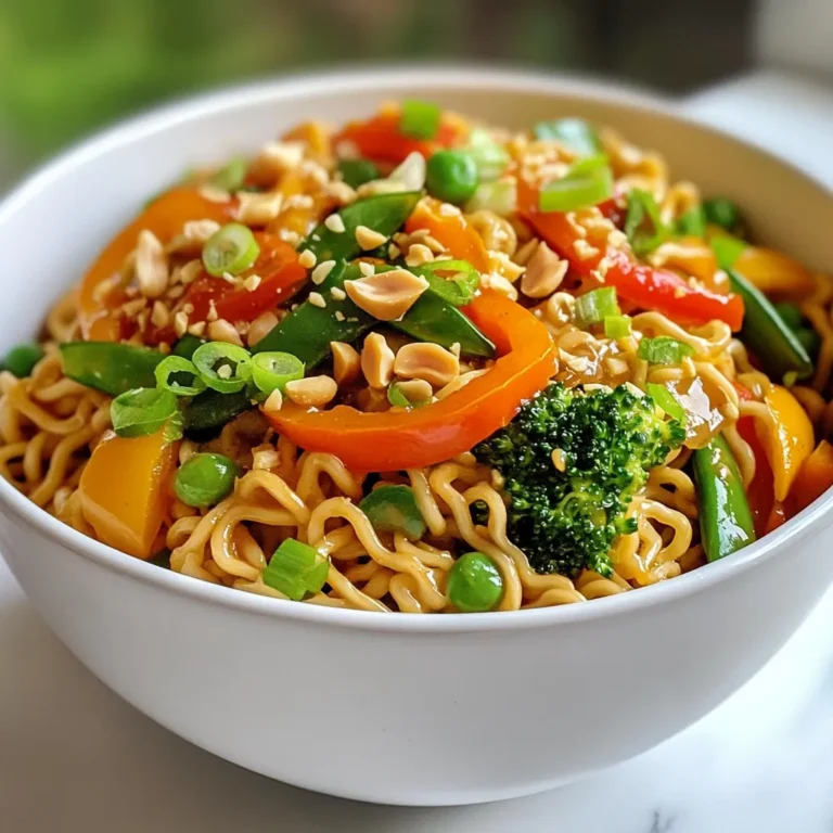 To make this spicy peanut ramen stir-fry, you will need a variety of fresh and flavorful ingredients. Here’s the full list: - 2 packs of instant ramen noodles (discard seasoning packets) - 2 tablespoons vegetable oil - 1 cup mixed bell peppers, sliced (choose a variety of colors) - 1 cup snap peas, trimmed - 1 carrot, cut into matchstick (julienne) pieces - 1 cup broccoli florets - 3 cloves garlic, minced - 1 inch fresh ginger, grated - 1/4 cup creamy peanut butter - 3 tablespoons soy sauce - 2 tablespoons sriracha sauce (adjust for desired spiciness) - 1 tablespoon sesame oil - 1 tablespoon honey (or vegan-friendly agave syrup) - Chopped green onions and crushed peanuts, for garnish I love this mix of colors and flavors. The bell peppers add sweetness, while snap peas give a nice crunch. The broccoli and carrot bring health benefits, too. Garlic and ginger pack a punch of flavor, making each bite exciting. The creamy peanut butter blends with soy sauce, sriracha, and honey to create a rich sauce. This sauce ties all the ingredients together. The garnishes of green onions and crushed peanuts add freshness and crunch on top. When you gather these ingredients, you get ready to whip up something tasty. This dish is not just easy to make; it’s also fun to eat! {{ingredient_image_2}} Start by boiling a pot of water. You need enough water to cover the noodles. Once the water is boiling, add the ramen noodles. Cook them for 3-4 minutes. You want them tender but not mushy. After cooking, drain the noodles in a colander. Set them aside to cool slightly. In a large skillet or wok, pour in 2 tablespoons of vegetable oil. Heat it over medium-high heat. When the oil is hot, add 3 cloves of minced garlic and 1 inch of grated fresh ginger. Sauté these for about 30 seconds. Stir constantly until you smell their aroma. Now, add 1 cup of mixed bell peppers, 1 cup of snap peas, 1 julienned carrot, and 1 cup of broccoli florets to the skillet. Stir-fry the vegetables for 5-7 minutes. You want them slightly tender but still crisp. This keeps the colors bright and the texture fresh. In a small bowl, mix together 1/4 cup of creamy peanut butter, 3 tablespoons of soy sauce, 2 tablespoons of sriracha sauce, 1 tablespoon of sesame oil, and 1 tablespoon of honey. Whisk until smooth. If the sauce is too thick, add a splash of water. This makes it easier to mix with the noodles. Add the drained ramen noodles to the skillet with the vegetables. Pour the peanut sauce over the noodles and veggies. Gently toss everything together. Make sure the noodles and vegetables are well coated. Cook for another 2-3 minutes. Stir occasionally until everything is heated through. Once cooked, remove the skillet from heat. Serve the stir-fry in bowls. For a nice touch, sprinkle each bowl with chopped green onions and crushed peanuts. This adds flavor and a bit of crunch. You can also serve lime wedges on the side for extra zest. - To keep the noodles firm, watch them closely while boiling. Cook for just 3-4 minutes. - Drain the noodles right away. Rinse them in cold water to stop the cooking. - For crisp vegetables, stir-fry them on high heat. This helps them stay crunchy. - Avoid overcooking the bell peppers and snap peas. They should still have some bite. - Want more heat? Add extra sriracha or a pinch of red pepper flakes. - For sweetness, a bit more honey or agave syrup works wonders. - Try adding garlic powder or crushed ginger for extra depth. - A splash of lime juice can brighten up the dish beautifully. - Serve the stir-fry in large, deep bowls. This makes it look inviting. - Sprinkle sesame seeds on top for a nice touch and added flavor. - Add lime wedges on the side for a fresh zing. - Chopped cilantro can add a nice herbal note to the dish. Pro Tips Use Fresh Veggies: Opt for fresh vegetables over frozen ones to enhance the flavor and crunch of your stir-fry. Adjust the Spiciness: Start with less sriracha and taste as you go, allowing you to customize the heat level to your preference. Peanut Butter Consistency: If your peanut butter is too thick, warm it slightly in the microwave to make it easier to mix with the sauce ingredients. Garnish for Flavor: Don’t skip the green onions and crushed peanuts; they add a burst of freshness and texture that elevates the dish. {{image_4}} - Vegan option: To make this dish vegan, swap honey for agave syrup. This change keeps the sweetness while making it plant-based. - Gluten-free alternative: Use gluten-free ramen noodles instead of regular ones. You can also use tamari instead of soy sauce to keep it gluten-free. - Alternate vegetables: You can mix and match your veggies. Try using zucchini, bok choy, or mushrooms. Each choice adds a new flavor twist. - Different nut butters: If you're not a fan of peanut butter, try almond butter or cashew butter. They both work well and change the taste slightly. - Scaling the recipe for larger groups: To serve more people, double the ingredients. This stir-fry is easy to scale up without changing the cooking method. - Leftovers and meal prep ideas: This dish keeps well in the fridge. Store it in airtight containers. It makes for a quick lunch or dinner later in the week. To keep your spicy peanut ramen stir-fry fresh, store it in airtight containers. This helps lock in flavors and moisture. You can safely refrigerate it for up to three days. Just make sure it cools down before sealing it. For the best results, reheat stir-fry in a skillet over medium heat. Add a splash of water or broth to help the sauce stay smooth. Stir occasionally until heated through. You want to keep the flavors intact while warming it up. You can freeze the stir-fry if you have leftovers. It stays good in the freezer for up to a month. When you're ready to eat, thaw it overnight in the fridge. Reheat it in a skillet, just like before, to ensure it tastes fresh. To make ramen stir-fry from scratch, follow these simple steps: 1. Cook the ramen noodles in boiling water for 3-4 minutes. Drain and set aside. 2. Heat vegetable oil in a large skillet or wok over medium-high heat. 3. Sauté minced garlic and grated ginger for about 30 seconds. 4. Add sliced bell peppers, snap peas, julienned carrot, and broccoli. Stir-fry for 5-7 minutes. 5. Whisk together creamy peanut butter, soy sauce, sriracha, sesame oil, and honey in a bowl. 6. Mix the drained noodles with the stir-fried veggies and peanut sauce. Toss to coat. 7. Cook for an additional 2-3 minutes until everything is heated through. Yes, you can use leftover vegetables! Here are some great ideas: - Add cooked broccoli, carrots, or spinach. - Use leftover bell peppers, zucchini, or green beans. - Just chop them up and toss them in during the stir-fry step. This is a great way to reduce food waste and add more flavor. To adjust the spice levels, you can use sriracha in different amounts. Here are some tips: - Start with a small amount, like 1 tablespoon. - Taste and add more if you want it hotter. - For less heat, skip the sriracha or use a milder sauce. You can also add chili flakes for an extra kick. This stir-fry keeps well in the fridge for about 3-4 days. Here are some storage tips: - Place leftovers in an airtight container. - Store in the fridge as soon as it cools down. - Reheat in a pan or microwave before eating. Enjoy your tasty meal throughout the week! You now know how to make a delicious ramen stir-fry. We covered the key ingredients, step-by-step cooking methods, and made it easy to adapt for your needs. Remember, cooking should be fun and simple. Use fresh veggies and don’t be afraid to try new flavors. With careful storage and reheating, you can enjoy this meal more than once. Experiment with swaps and variations to keep it exciting. Enjoy your cooking adventure and serve it up with pride!