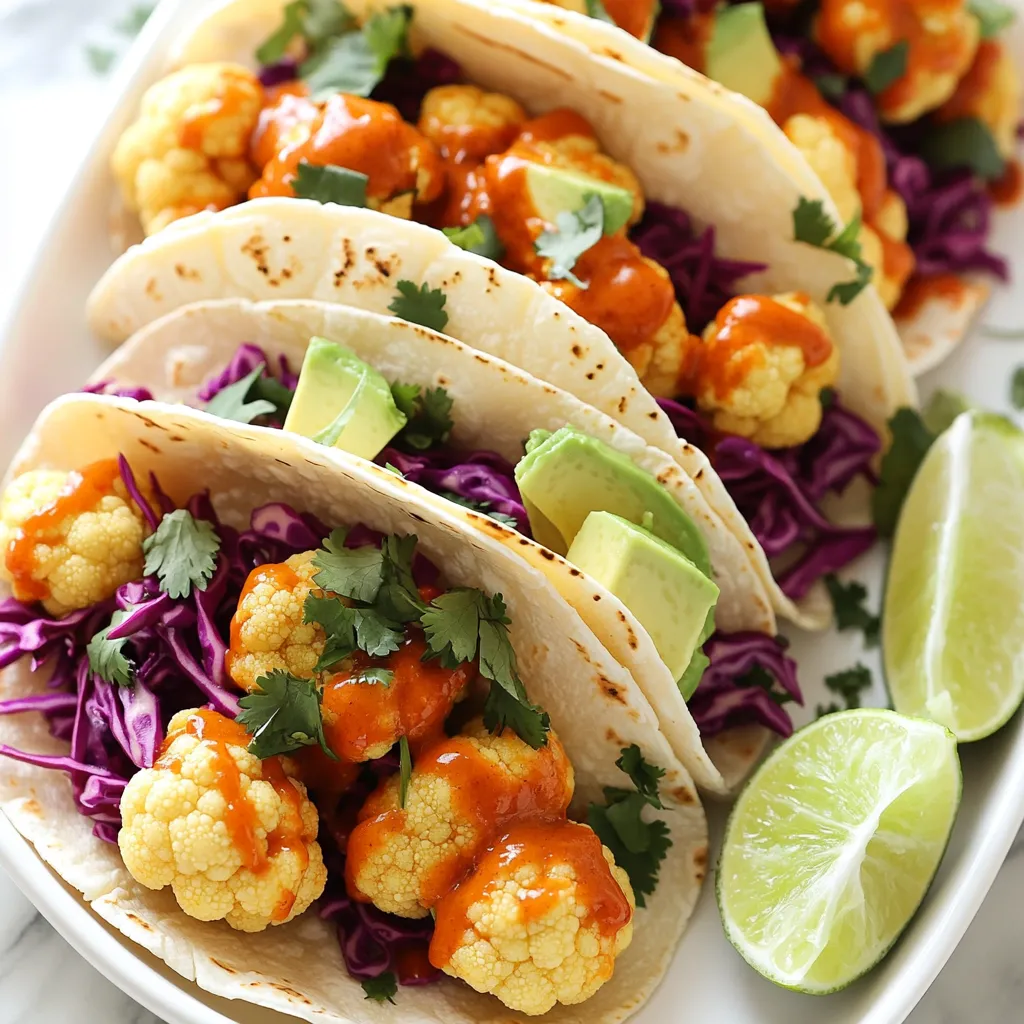 - 1 medium cauliflower, cut into bite-sized florets - 1 cup all-purpose flour - 1 teaspoon garlic powder - 1 teaspoon onion powder - ½ teaspoon smoked paprika - ½ teaspoon fine sea salt - ½ teaspoon freshly ground black pepper - 1 cup water (or plant-based milk, like almond or oat) - ½ cup buffalo sauce (adjust to your preferred spice level) To make these tacos, you start with fresh cauliflower. It gives the best taste and texture. You will mix the flour with spices to create a tasty batter. Garlic powder and smoked paprika add flavor. The batter is key for coating the florets well. - 1 ripe avocado, sliced - 1 cup finely shredded red cabbage - ¼ cup fresh cilantro, chopped Toppings make these tacos shine. Sliced avocado adds creaminess. Shredded red cabbage gives a nice crunch. Fresh cilantro brings brightness. You can mix and match to make these tacos your own. - 8 small corn tortillas - 8 small flour tortillas You have a choice of tortillas. Corn tortillas are gluten-free and have a nice flavor. Flour tortillas are soft and chewy. Warm them up before adding the filling for the best taste. Mixing the batter In a large bowl, combine the flour, garlic powder, onion powder, smoked paprika, sea salt, and black pepper. This blend gives the cauliflower great flavor. Gradually add water or plant-based milk. Whisk until the mix is smooth and thick like pancake batter. Coating the florets Take each floret and dip it into the batter. Ensure it is fully coated but let the extra batter drip off. Place the florets on a plate lined with parchment paper. This helps prevent sticking and makes cleanup easier. Preheating the air fryer Set your air fryer to 375°F (190°C) and let it preheat. Preheating helps the cauliflower cook evenly and become crispy. Cooking times and batch cooking Arrange the coated florets in a single layer in the air fryer basket. Do not overcrowd them. It’s best to cook in batches if needed. Air fry for 12-15 minutes. Shake the basket halfway through to ensure even cooking. The florets should turn golden brown and crispy. Wrapping the tortillas Warm the tortillas in a dry skillet or microwave them for a few seconds. This step makes them soft and easy to wrap. Adding toppings Fill each tortilla with the hot buffalo cauliflower. Top with sliced avocado, shredded red cabbage, and fresh cilantro. These toppings add color and crunch. Squeeze lime juice over the tacos for a burst of flavor. Enjoy your spicy and simple buffalo cauliflower tacos! To get the best texture in your tacos, start with a good batter. Make sure to mix the flour, garlic powder, onion powder, smoked paprika, sea salt, and black pepper well. When you add water or plant-based milk, stir until smooth. For even batter coating, dip each floret carefully. Allow excess batter to drip back into the bowl. This keeps the coating light and crispy. To achieve optimal crispiness, preheat your air fryer to 375°F. Cook the florets in a single layer. If they overlap, they won’t cook evenly. Shake the basket halfway through the cooking time. This ensures each piece gets that golden crunch we love. Feeling adventurous? Adjust the buffalo sauce to match your spice level. Start with half a cup and mix. Then taste it. If you want more heat, add a bit more sauce. For dipping, consider serving with ranch or yogurt sauce. These creamy sides balance the heat of the buffalo sauce. They also add a nice touch to your tacos. When serving, make your tacos visually appealing. Use a colorful platter to catch the eye. Lay the tacos side by side, and add lime wedges for a fresh pop. Garnish with fresh cilantro and lime. This adds brightness and flavor. A sprinkle of extra cilantro can make your dish look restaurant-worthy. Enjoy your tasty creation! {{image_4}} You can easily make this dish vegan. Use plant-based milk like almond or oat instead of regular milk. This keeps the batter creamy and delicious. For sauce, try a vegan buffalo sauce. Many brands offer great options that are fully plant-based. If you need a gluten-free option, use gluten-free flour. It works well in the batter. You can also swap out the cauliflower for other veggies. Try using broccoli or sweet potatoes for a different taste and texture. Both options will still give you that crunch you love. Pair these tasty tacos with a fresh side salad or some roasted veggies. A cool drink like iced tea or a light beer goes well too. If you have leftovers, store the taco filling separately. You can easily reheat it for another meal. Simply warm the cauliflower in the air fryer to keep it crispy. To keep your buffalo cauliflower tacos fresh, store them in the fridge. Use an airtight container to prevent moisture. They will stay good for about 3 days. If you want to keep them longer, freezing is an option. Place the cooled tacos in a freezer-safe bag. They can last up to 2 months in the freezer. When it’s time to reheat, you have two great options: the microwave or the air fryer. The microwave is quick, but it may make the tacos soft. If you want them crispy, use the air fryer. Preheat it to 375°F (190°C) and heat for about 5-7 minutes. This helps keep that crunchy texture you love. How long will your tacos last? In the fridge, they last about 3 days. In the freezer, they can last up to 2 months. Look for signs of spoilage, like a sour smell or mold. If you see any, it's best to toss them out. Enjoy your tacos while they are fresh! To make cauliflower crispy, start with a good batter. Use all-purpose flour mixed with spices. Make sure to whisk in enough water to create a smooth batter. Dip each floret and let the excess drip off. This helps keep them crispy. Preheat your air fryer to 375°F (190°C). Cook the florets in a single layer. Shake the basket halfway through cooking. This ensures even crispiness. Aim for about 12-15 minutes until they turn golden brown. Yes, you can use frozen cauliflower. However, you need to adjust cooking times. First, thaw the cauliflower completely. Pat it dry with a towel to remove extra moisture. This helps the batter stick better. You may need to cook them a bit longer, about 15-20 minutes. Check for crispiness and shake the basket often. To make the tacos less spicy, choose a milder buffalo sauce. Look for sauces labeled "mild" or "original." You can also mix in some yogurt or sour cream with the buffalo sauce. This adds creaminess and cuts the heat. For toppings, try using plain avocado or shredded cheese. These will also balance the spice while adding great flavor. This blog post covered how to make tasty cauliflower tacos. We explored key ingredients like cauliflower, flour, and spices, plus fun toppings like avocado and cabbage. I shared step-by-step instructions, tips for crispiness, and ideas for serving. You can even adjust for vegan or gluten-free needs. To wrap up, these tacos offer a fun twist on classic flavors. Enjoy experimenting with your toppings and make it your own!