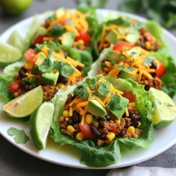 To make Taco Lettuce Wraps, gather these main ingredients: - 1 lb ground turkey (or beef for a richer flavor) - 1 tablespoon olive oil - 1 small onion, finely chopped - 2 cloves garlic, minced - 1 bell pepper, diced (any color) - 1 tablespoon taco seasoning (store-bought or homemade) - 1 can (15 oz) black beans, rinsed and drained - 1 cup corn kernels (fresh, frozen, or canned) - Salt and pepper to taste - 1 head of butter or Romaine lettuce (for wrapping) These ingredients give a fresh and tasty base for your wraps. The ground turkey keeps it lean, while the taco seasoning packs in flavor. The black beans and corn add fiber and sweetness. You can elevate your wraps with these fun toppings: - 1 avocado, sliced - 1 medium tomato, diced - 1/2 cup shredded cheese (cheddar or Mexican blend) - Fresh cilantro, chopped (for garnish) - Lime wedges (for serving) These toppings add creaminess, freshness, and zest. Avocado and cheese provide richness, while lime adds a bright kick. You can easily make these wraps vegan. Try these swaps: - Use lentils or quinoa instead of ground turkey or beef. - Replace cheese with vegan cheese or skip it altogether. - Choose a plant-based taco seasoning for the same great taste. These changes keep your wraps healthy and full of flavor, while catering to different diets. {{ingredient_image_2}} Start by heating a large skillet on medium heat. Add one tablespoon of olive oil. Wait until it shimmers. Next, add one small onion, finely chopped. Sauté for 2-3 minutes. Stir occasionally until the onion becomes soft and fragrant. This step builds a great base for your dish. Now, add two cloves of minced garlic and one diced bell pepper. Cook for another 2 minutes. This melds the flavors and softens the peppers. Add one pound of ground turkey or beef to the skillet. Use a spatula to break apart the meat as it cooks. Keep cooking until the meat is browned and no longer pink. This should take about 5-7 minutes. Once browned, sprinkle one tablespoon of taco seasoning over the mixture. Add one can of black beans, rinsed and drained, along with one cup of corn kernels. Stir everything well to mix. Cook for an additional 3-5 minutes. Taste and add salt and pepper as needed. While the meat mixture simmers, prepare the lettuce. Gently separate the leaves of one head of butter or Romaine lettuce. Wash them under cold water and pat them dry. Now, to assemble, take a lettuce leaf. Spoon a hearty amount of the meat mixture into the center. Top it with sliced avocado, diced tomato, and shredded cheese. For a fresh touch, garnish with chopped cilantro. Squeeze some lime juice over the top before serving. This adds a zesty kick! Arrange the wraps on a platter with lime wedges for serving. Enjoy your tasty Taco Lettuce Wraps! For taco lettuce wraps, you want crisp and sturdy lettuce. I recommend using butter lettuce or Romaine. These types hold the filling well. Butter lettuce has a soft, sweet flavor. Romaine adds a nice crunch. Both types are easy to find in stores. Look for fresh, green leaves without brown spots. Wash the leaves gently and dry them well. This keeps them crisp and tasty. Cooking the filling correctly is key. Start by sautéing the onion first. This brings out its sweet flavor. Add garlic next, but don’t let it burn. Garlic cooks fast, so stir it often. When adding the meat, break it apart with a spatula. Cook until it’s fully browned. This step brings out the meat's flavor. After adding taco seasoning, mix everything well. This ensures each bite is packed with flavor. Finally, season with salt and pepper to taste. Adjust these to fit your personal palate. How you serve your taco lettuce wraps matters. Use a colorful platter to catch the eye. Arrange the lettuce wraps neatly, side by side. Squeeze lime juice over the top for a fresh touch. Add lime wedges on the side for guests. This makes it easy for everyone to add their own. A sprinkle of fresh cilantro adds a pop of color. For a fun twist, place extra toppings in small bowls. This lets people customize their wraps. Enjoy the vibrant look and fresh flavors! Pro Tips Choose Your Protein Wisely: Ground turkey is leaner, but using beef will give a richer flavor. Opt for 80/20 ground beef for the best balance of flavor and moisture. Customize Your Spice Level: Adjust the amount of taco seasoning according to your taste. For extra heat, consider adding a pinch of cayenne pepper or diced jalapeños to the meat mixture. Freshen Up the Filling: Add chopped green onions or diced cucumbers to the meat mixture for added crunch and freshness. These ingredients complement the other flavors nicely. Make Ahead for Convenience: Prepare the meat mixture in advance and store it in the refrigerator for up to 3 days. Reheat when ready to serve for a quick and easy meal. {{image_4}} You can easily make a vegetarian or vegan version. Swap the ground turkey for black beans or lentils. These options are packed with protein and fiber. Add extra veggies like zucchini or mushrooms for more texture. You can also use tofu, crumbled and sautéed, to add a nice bite. Use a vegan cheese or skip the cheese to keep it fully plant-based. If you want a different flavor, try using beef or chicken. Ground beef will give a richer taste. Cook it just like the turkey. For a lighter option, use shredded chicken. Just add it after cooking your veggies. If you prefer tofu, press it to remove moisture, then crumble it before cooking. Each protein will change the taste but will stay delicious. Boost the flavor with spices or salsas. Add chili powder or cumin for warmth. You can also mix in some hot sauce for a kick. Fresh salsa adds great color and taste. Try mango salsa for sweetness or pico de gallo for freshness. Chopped jalapeños can add heat. These choices let you customize each wrap to your liking. To store leftover filling, let it cool first. Place it in an airtight container. You can keep it in the fridge for up to three days. If you want to store it longer, freeze it. Use a freezer bag or a container. It can last for about three months in the freezer. When you want to reheat the filling, use a skillet on medium heat. Add a splash of water to keep it moist. Stir it often until it is warm. You can also use the microwave. Place it in a microwave-safe bowl, cover it, and heat for 1-2 minutes. Stir halfway through for even heating. To keep your lettuce fresh, store it in the fridge. Place it in a clean, dry container. You can wrap it in a paper towel to absorb moisture. This helps prevent wilting. Keep the lettuce away from fruits, as some release ethylene gas that can spoil it faster. If you have leftover leaves, consider wrapping them in a damp paper towel and placing them in a plastic bag. This can help them stay crisp for a few more days. If you want to swap out lettuce, use cabbage leaves. They are sturdy and add crunch. You could also try collard greens or even bell pepper halves for a fun twist. Each option brings a unique flavor and texture. To add heat, mix in diced jalapeños or a sprinkle of cayenne pepper. You can also use a spicy taco seasoning. For an extra kick, drizzle some hot sauce on top before serving. Spice levels are all about your taste, so feel free to adjust! Yes, meal prepping works well for these wraps! Cook the meat mixture ahead and store it in the fridge. You can assemble the wraps when you are ready to eat. Keep the lettuce leaves separate to stay crisp. This way, you enjoy fresh wraps all week! Taco lettuce wraps are easy to make and offer great flavor. We covered key ingredients, tasty toppings, and dietary swaps. I shared step-by-step cooking instructions and smart tips for the best results. You can try fun variations too, and I explained how to store leftovers properly. In closing, these wraps are a fun, healthy meal option. Try them with your favorite flavors. Enjoy the process and have fun in the kitchen!