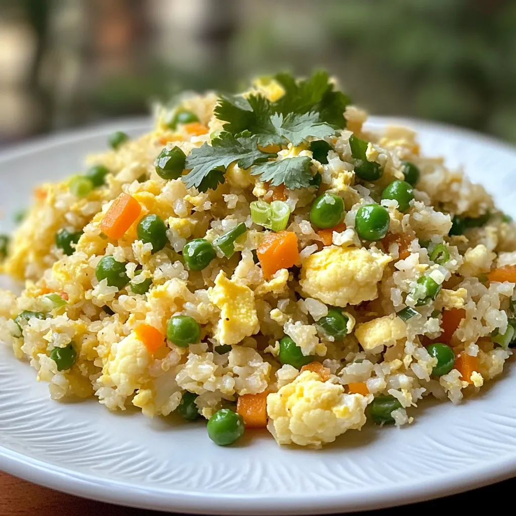 - 1 medium head of cauliflower, riced or grated - 1 cup green peas (fresh or frozen) - 1 cup carrots, finely diced - 3 green onions, sliced (white and green parts separated) - 2 cloves garlic, minced - 2 large eggs, beaten - 3 tablespoons low-sodium soy sauce - 1 tablespoon sesame oil - 2 tablespoons vegetable oil - Salt and pepper, to taste To make cauliflower fried rice, the main ingredients are simple yet flavorful. The riced cauliflower serves as the base, replacing traditional rice. The green peas and carrots add color and sweetness. The green onions and garlic bring depth to the dish. - 1 teaspoon ginger, freshly grated - Chopped cilantro for garnish Adding ginger gives the dish a fresh kick. Cilantro makes for a beautiful garnish and adds a bright taste. Feel free to mix and match based on your preferences. Cauliflower fried rice is low in carbs and calories. It’s a great choice for those watching their diet. One serving offers a rich source of vitamins and minerals. It includes fiber from the vegetables, protein from the eggs, and healthy fats from the sesame oil. This dish is perfect for anyone looking to eat healthy while enjoying great flavors. {{ingredient_image_2}} Start by removing the leaves and stem of the cauliflower. Cut it into smaller florets. You can either use a box grater or a food processor to rice the cauliflower. Aim for a texture like rice. Set this aside for later. Heat a large skillet or wok over medium-high heat. Add 1 tablespoon of vegetable oil. Pour in the beaten eggs and scramble them until they are fully cooked. Once done, transfer the eggs to a plate and set aside. In the same skillet, add the remaining tablespoon of vegetable oil. Next, introduce minced garlic and grated ginger if you like. Sauté these for about 30 seconds. Keep an eye on them to avoid burning. Now, add finely diced carrots and green peas to the pan. Stir-fry these for about 3-4 minutes. You want the carrots to be tender but still crisp. Then, stir in the riced cauliflower. Mix everything well and cook for another 5-7 minutes. This lets the cauliflower become tender but still maintain some texture. Pour in low-sodium soy sauce and sesame oil. Stir it all together to coat the mixture evenly. Taste and adjust the seasoning with salt and pepper if needed. Remove the skillet from heat. Gently fold in the scrambled eggs and sliced green onions, mixing until everything is heated through. For a beautiful presentation, transfer the fried rice to a serving platter. You can garnish it with chopped cilantro for extra flavor. If you want, add lime wedges on the side for a zesty touch! To rice cauliflower, start with a clean head. Remove the leaves and stem. Cut it into smaller florets. You can use a box grater or a food processor. If using a food processor, pulse until it looks like rice. Do not over-process; it should not turn mushy. Set your riced cauliflower aside for later. You can change the spice level to fit your taste. For mild flavor, stick with just soy sauce. If you like more spice, add a pinch of chili flakes. Fresh ginger adds a warm kick. Always taste your dish as you cook. Adjust salt and pepper to your liking. Cooking cauliflower rice needs the right method. A large skillet or wok works best. Heat some oil over medium-high heat. Add your riced cauliflower and stir often. Cook for 5-7 minutes until tender but not mushy. This keeps the rice light and fluffy. Overcooking will make it soggy, so watch closely! Pro Tips Use Fresh Cauliflower: Fresh cauliflower will result in a better texture and flavor compared to frozen. Always choose a firm head with tightly packed florets. Customize Your Veggies: Feel free to add any of your favorite vegetables such as bell peppers, corn, or broccoli to enhance the nutritional value and taste. Don’t Overcook the Cauliflower: Aim for a tender yet firm texture. Overcooking can lead to mushy rice, so keep an eye on the cooking time. Garnish for Flavor: Adding fresh cilantro or a squeeze of lime juice just before serving can elevate the dish by adding a fresh burst of flavor. {{image_4}} You can easily make cauliflower fried rice vegetarian. Simply skip the eggs or use a plant-based egg substitute. Add more veggies like bell peppers, zucchini, or mushrooms. This keeps it colorful and tasty. You can also toss in some edamame for protein. Fresh herbs like basil or cilantro can add a nice touch too. Cauliflower is a great fit for low-carb diets. It has fewer carbs than regular rice. To keep it keto-friendly, use low-sodium soy sauce and healthy oils like sesame oil. Avoid sugary sauces or sweet veggies. Focus on green veggies like broccoli or spinach. This helps you stay on track without losing flavor. Want to make your dish heartier? Add protein! Chicken, shrimp, or tofu are great options. For chicken, use cooked, diced meat for great flavor. Shrimp cooks quickly, so add it to the pan when you stir-fry. Tofu gives a nice texture and absorbs flavors well. Just make sure to press it first to remove extra water. This way, your fried rice will be filling and satisfying. To keep your cauliflower fried rice fresh, let it cool first. Place it in an airtight container. Store it in the fridge for up to three days. Make sure to label the container with the date. This way, you will know when to use it. You can freeze leftover fried rice for longer storage. First, let it cool completely. Then, portion it into freezer-safe bags. Squeeze out the air before sealing. This helps prevent freezer burn. It will last up to three months in the freezer. When ready to eat, thaw the rice overnight in the fridge. To reheat, use a pan or microwave. If using a pan, add a splash of water or oil. This keeps the rice from drying out. Heat it over medium heat, stirring often. For the microwave, cover the bowl with a damp paper towel. This traps steam and keeps it moist. Enjoy your easy and tasty meal! Yes, you can use frozen cauliflower. Just thaw it and drain any excess water. This saves time and makes cooking easier. Frozen cauliflower also works well in this dish. The texture might be slightly softer, but it will still taste great. You can mix in many vegetables. Here are some tasty options: - Bell peppers - Zucchini - Broccoli florets - Corn - Mushrooms These veggies add color and crunch. Choose what you like best to make it your own. To boost flavor, use these tips: - Add more garlic or ginger for a punch. - Include soy sauce or tamari for a salty kick. - Try sesame seeds for a nutty crunch. - Fresh herbs like cilantro or basil can brighten the dish. Experimenting with these can make each bite exciting. Yes, cauliflower fried rice is perfect for meal prep. It keeps well in the fridge for up to four days. Just store it in airtight containers. Reheat it quickly in a pan or microwave. This makes for a quick and healthy meal any day of the week. Cauliflower fried rice is simple and versatile. We discussed its key ingredients and how they add flavor. Step-by-step, I showed you how to prepare and cook it perfectly. Tips help you rice cauliflower and adjust spices. We explored variations, like vegetarian and low-carb options. Lastly, proper storage keeps leftovers fresh. Remember, this dish is nutritious and fun to make. Enjoy creating your own unique version!
