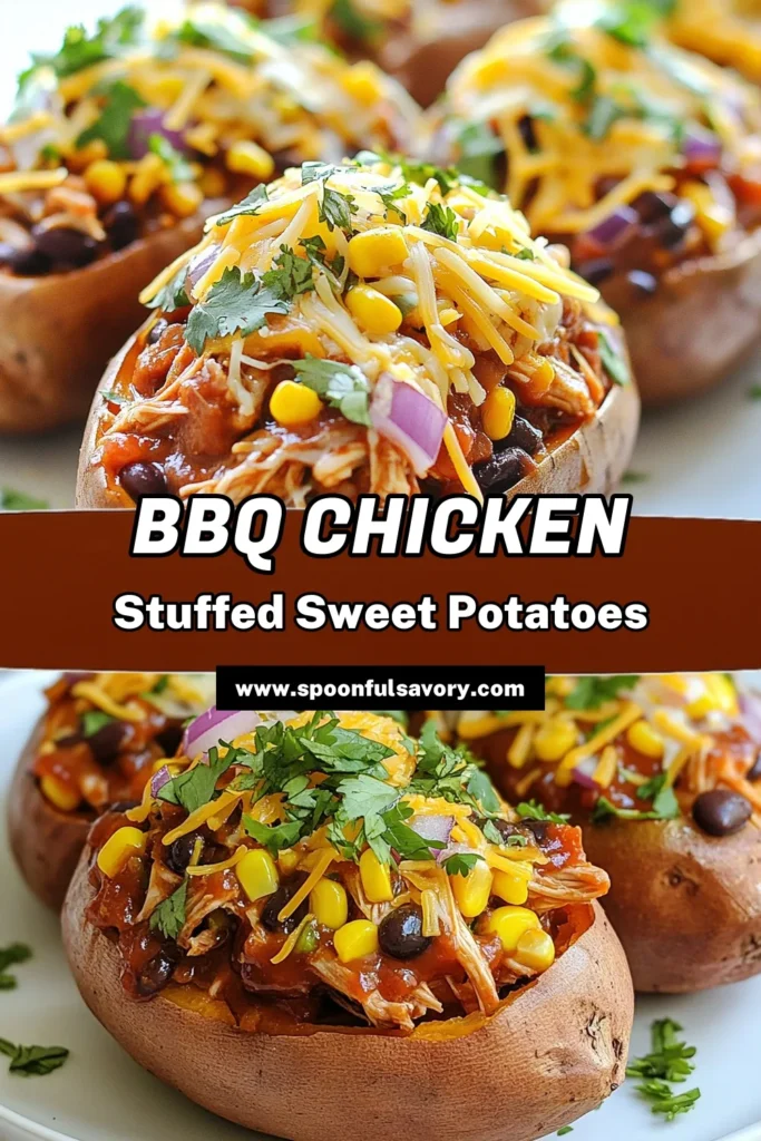 Indulge in these BBQ chicken stuffed sweet potatoes, a delicious and healthy twist on your evening meals! Perfect for busy nights, this easy dinner recipe features tender sweet potatoes loaded with shredded chicken smothered in BBQ sauce, topped with corn, black beans, and melty cheese. Try these unique sweet potato recipes for a wholesome meal that the whole family will love. Don't forget to save and share! #BBQChicken #HealthyRecipes #SweetPotatoRecipes #EasyDinner