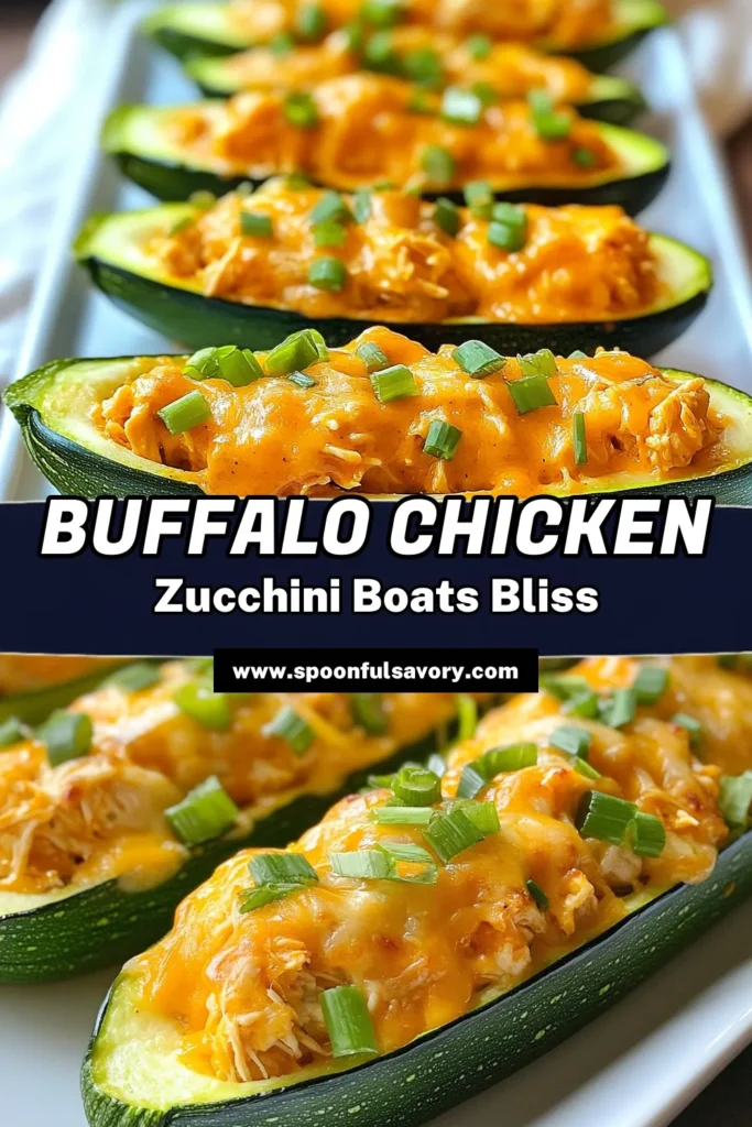 Discover a delicious twist on dinner with these Buffalo Chicken Stuffed Zucchini Boats! This recipe combines tender zucchini with a creamy, spicy buffalo chicken filling, making it a perfect choice for healthy buffalo chicken lovers. Easy to make and low-carb, these stuffed zucchini recipes are ideal for anyone wanting tasty buffalo sauce dishes. Try this recipe tonight and impress your family! Save for later! #BuffaloChickenZucchiniBoats #StuffedZucchiniRecipes #LowCarbZucchiniRecipes #HealthyBuffaloChicken