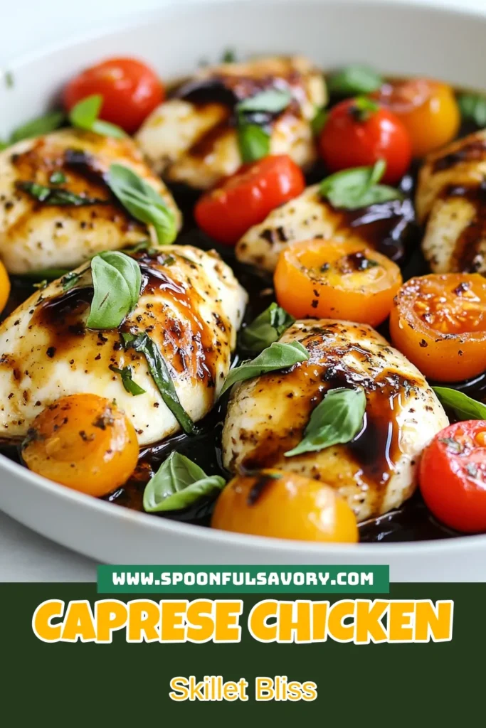 Discover the delightful Caprese Chicken Skillet, a perfect addition to your easy chicken recipes collection. This mozzarella chicken dish combines juicy chicken breasts with cherry tomatoes and fresh basil for a flavor-packed one-pan chicken meal. Drizzled with balsamic glaze, it’s pure deliciousness! Get ready to impress your family with this quick and easy recipe. Try it tonight! #CapreseChickenSkillet #EasyChickenRecipes #BalsamicChickenRecipes #OnePanMeals