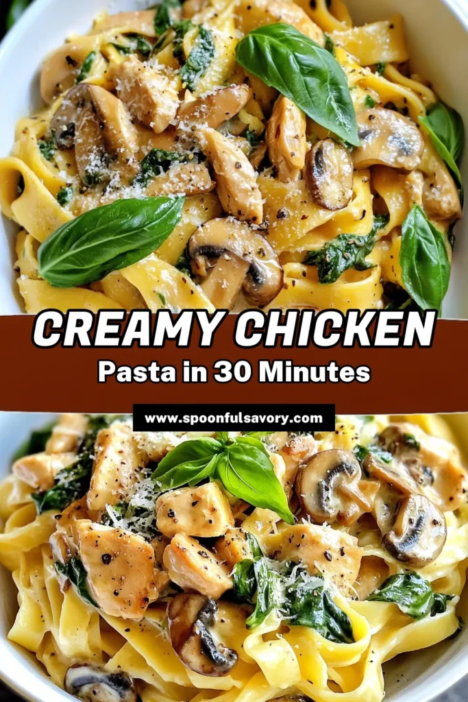 Indulge in this creamy spinach mushroom chicken pasta, a delightful one-pot chicken pasta recipe that's perfect for weeknight dinners. This easy chicken pasta recipe features fettuccine with spinach and mushrooms, all enveloped in a rich, creamy sauce. Ready in just 30 minutes, it’s a great option for busy days! Save this recipe and make it a family favorite tonight. #PastaRecipes #OnePotMeals #EasyDinner #CreamyPastaDishes