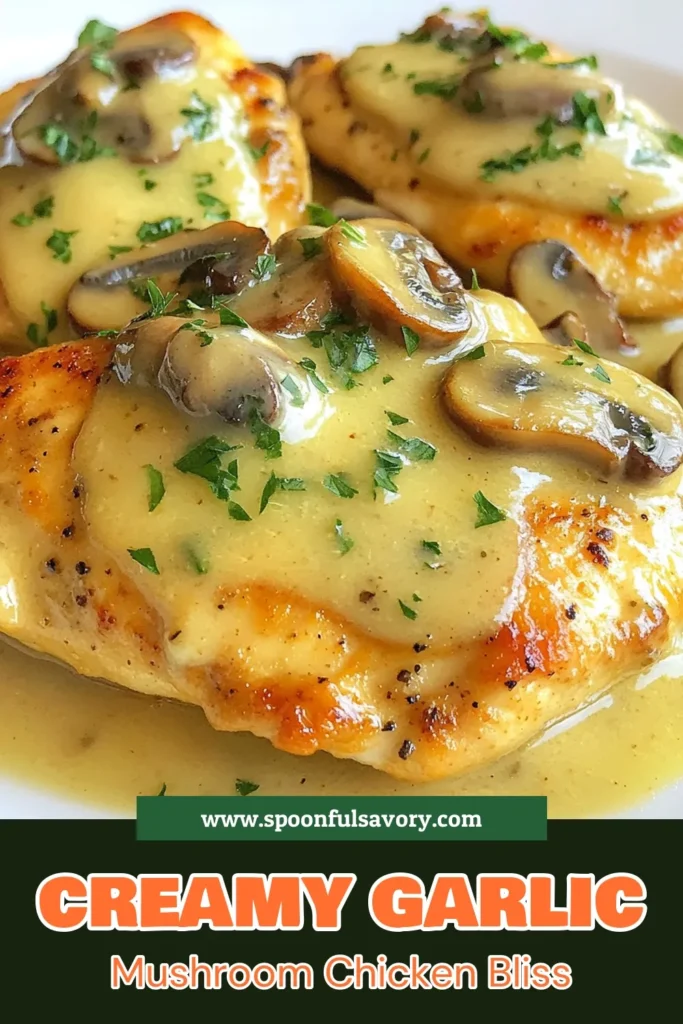 Indulge in this creamy garlic mushroom chicken that's perfect for an easy chicken dinner. This mushroom chicken recipe features tender chicken breasts smothered in a rich garlic mushroom sauce that’s pure comfort food. Quick to prepare and bursting with flavor, it’s an ideal weeknight meal! Try it tonight and elevate your dinner game! Save this recipe now! #CreamyGarlicChicken #MushroomChickenRecipe #EasyChickenDinner #ComfortFoodRecipe