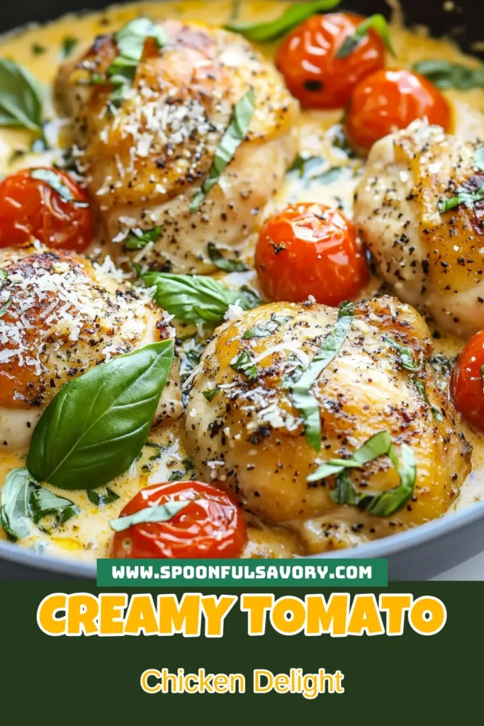 Looking for an effortless and delicious meal? Try this Creamy Tomato Chicken Skillet! This creamy tomato chicken recipe features succulent chicken thighs simmered in a rich, velvety sauce with cherry tomatoes and basil. Perfect for busy weeknights, this one-pan chicken dish makes for a quick chicken skillet dinner that your family will love. Enjoy this easy creamy chicken recipe and elevate your dinner game! Save for later! #CreamyTomatoChicken #ChickenSkilletDinner #EasyCreamyChickenRecipes #OnePanChickenDishes