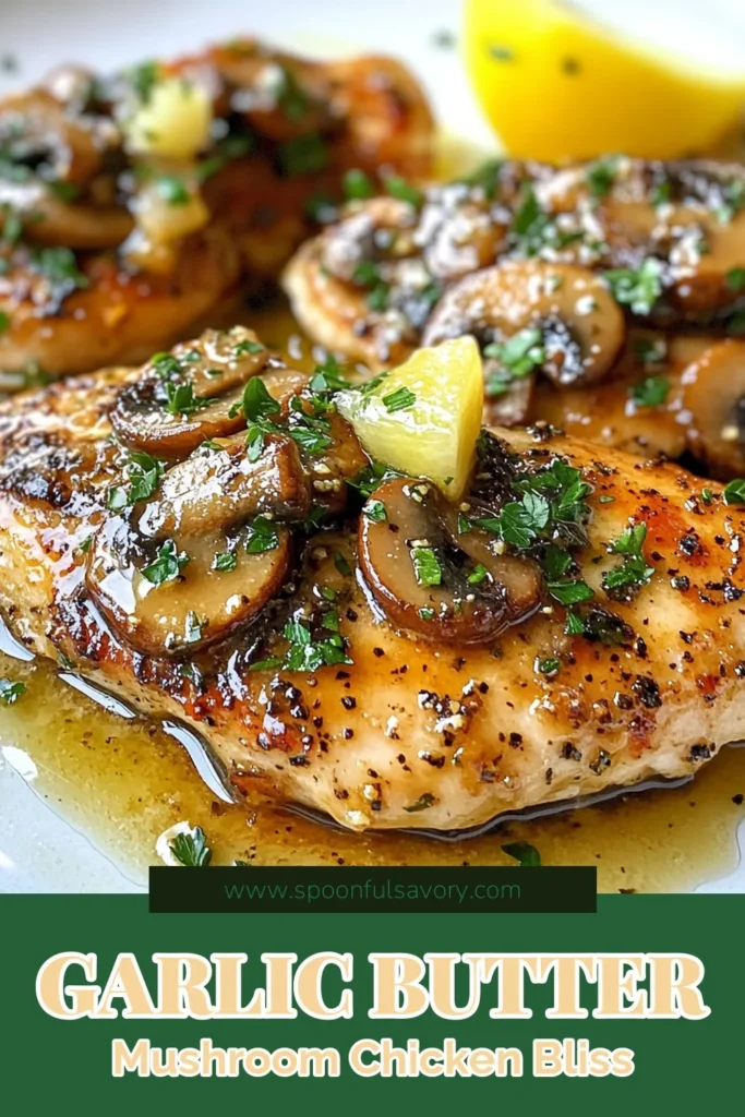 Savor the delightful flavors of Garlic Butter Mushroom Chicken with this easy chicken dinner recipe! This skillet chicken with garlic is quick to prepare and incredibly satisfying. Perfect for busy nights, this mushroom chicken recipe features tender chicken breasts topped with savory mushrooms and rich garlic butter. Elevate your dinner game tonight with this irresistible dish! Save this recipe for your next meal! #GarlicButterChicken #EasyChickenDinner #SkilletChicken #QuickChickenRecipes