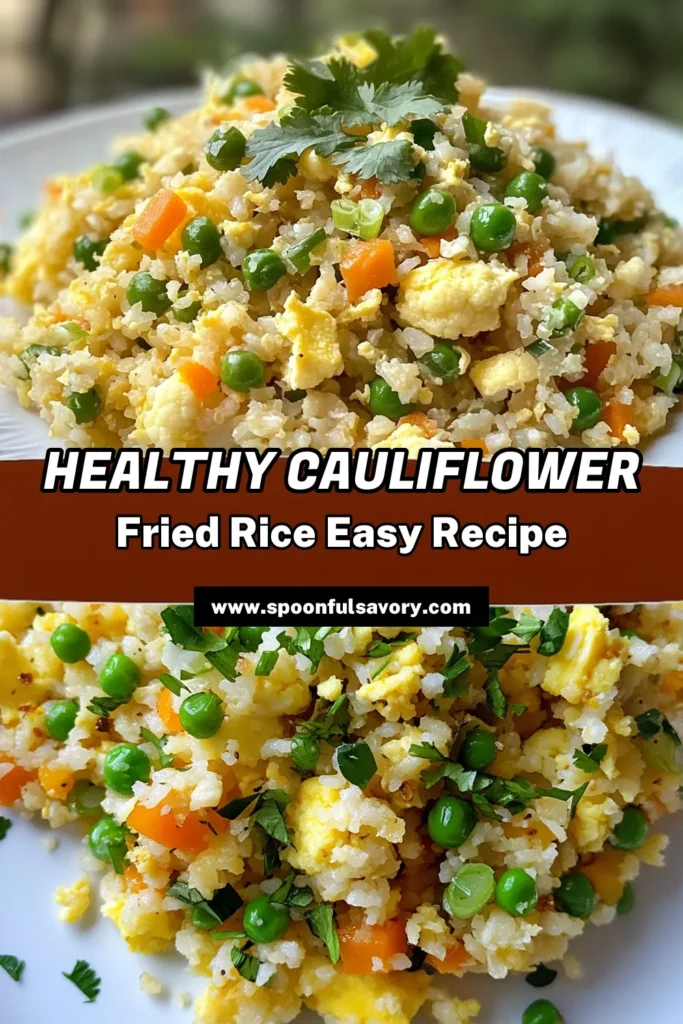 Discover the perfect cauliflower fried rice recipe for a quick and healthy meal! This vegetarian fried rice dish combines riced cauliflower, colorful veggies, and scrambled eggs for a delicious low-carb option. Whether you're looking for easy cauliflower recipes or a nutritious side dish, this healthy cauliflower rice is sure to please. Try it today and elevate your dinner routine! Don’t forget to save this recipe for later! #CauliflowerFriedRice #HealthyRecipes #LowCarbFoods #VegetarianMeals