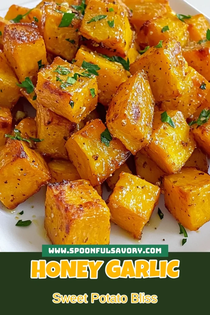 Discover the delightful flavor of honey garlic roasted sweet potatoes, an easy sweet potato recipe that's perfect as a roasted sweet potato side dish. This healthy sweet potato recipe is simple to prepare and features a tasty garlic sweet potato bake that you and your family will love. Serve these golden-brown bites as the perfect complement to any meal. Try this recipe today for a deliciously satisfying experience! Save for later! #HoneyGarlicSweetPotatoes #EasySweetPotatoRecipes #HealthyEating #RoastedSweetPotato