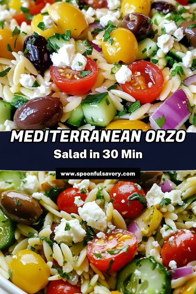 Discover the deliciousness of Mediterranean orzo salad, a perfect blend of flavors for your next summer gathering! This healthy orzo recipe features fresh ingredients like cherry tomatoes, cucumber, and olives, topped with creamy feta. Easy Mediterranean recipes like this orzo salad with olives are both filling and refreshing. Try this summer salad with feta today and impress your friends and family! Save this recipe for later! #MediterraneanOrzoSalad #HealthyOrzoRecipes #SummerSaladWithFeta #EasyMediterraneanRecipes