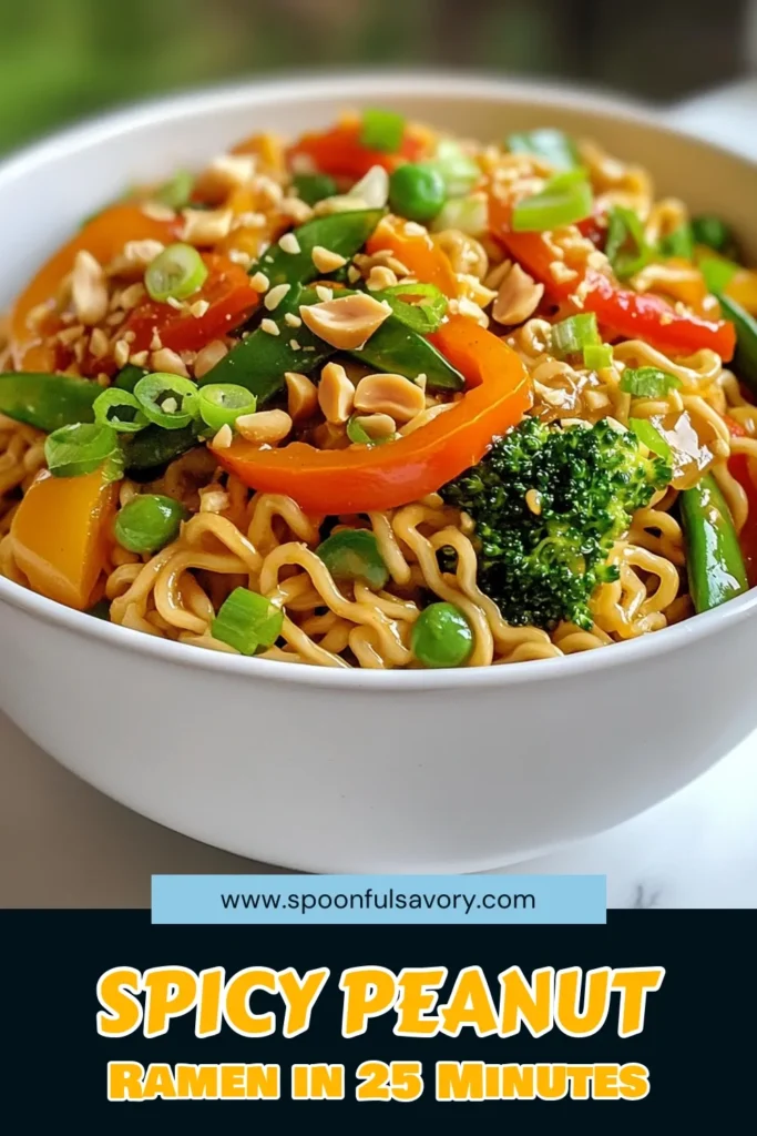 Craving a delicious and healthy meal? Try this Spicy Peanut Ramen Stir-Fry! This vegan ramen stir-fry recipe is a quick and easy ramen noodle recipe packed with vibrant vegetables and coated in creamy peanut sauce. Perfect for a weeknight dinner, this healthy stir-fry with vegetables takes just 25 minutes to prepare. Don't miss out on this flavorful dish; save this recipe and impress your friends! #SpicyPeanutRamen #VeganStirFry #EasyRamen #HealthyRecipes