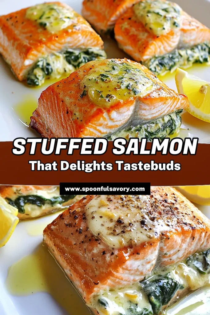 Indulge in this creamy garlic spinach stuffed salmon, a delightful addition to your healthy salmon recipes collection. These stuffed salmon fillets are easy to prepare and make a perfect baked salmon with spinach for a wholesome dinner. Impress your family with this easy seafood dinner recipe that combines rich flavors and nutritious ingredients. Save this creamy garlic spinach stuffed salmon recipe for your next meal! #HealthyDinner #SeafoodRecipes #SalmonLove #EasyMeals