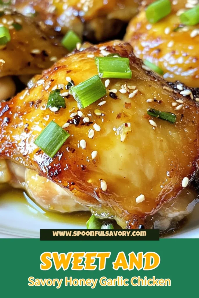 Discover the mouthwatering flavor of Honey Garlic Chicken Thighs with this easy chicken thigh recipe. These oven baked chicken thighs are perfectly glazed in a rich garlic honey sauce and are sure to impress your family. Enjoy cooking this honey soy chicken recipe that's succulent and satisfying. Ready to elevate your meals? Save this recipe and try it today! #HoneyGarlicChickenThighs #EasyCooking #ChickenRecipe #DinnerIdeas