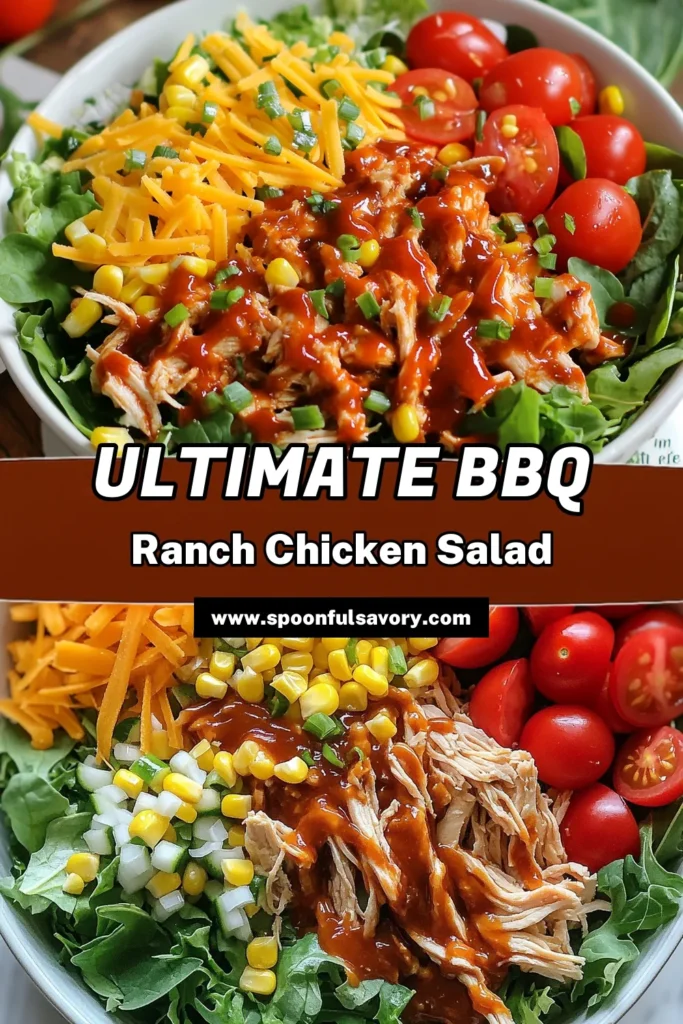 Looking for a delicious and healthy BBQ chicken salad? Try this easy BBQ Ranch Chicken Salad recipe! Packed with shredded chicken, fresh greens, and a savory BBQ sauce, it's the perfect meal for any occasion. Toss in cherry tomatoes, corn, and cheddar for extra flavor. Ideal for meal prep or a family dinner, this healthy BBQ salad is sure to impress. Save this recipe and elevate your salad game today! #BBQChickenSalad #RanchChickenSalad #EasyChickenSalad #HealthySalad